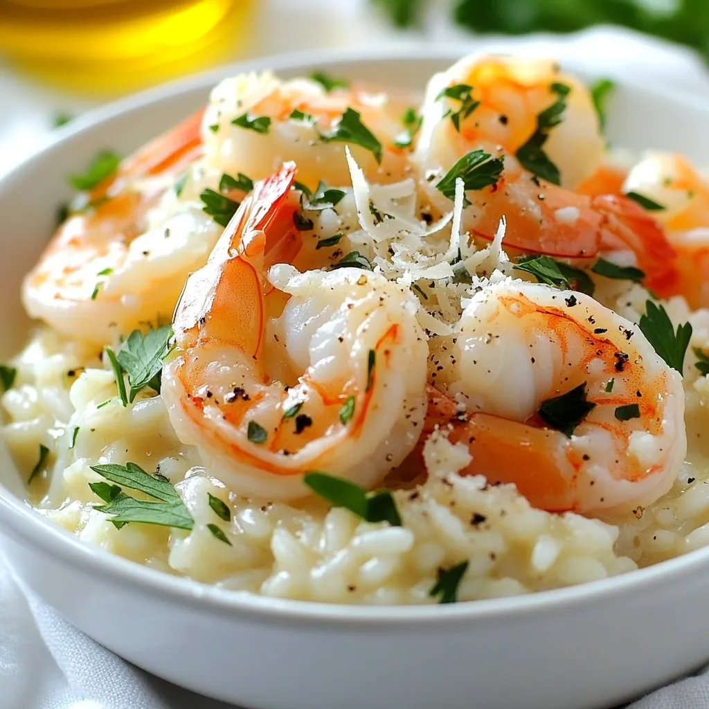 To make creamy garlic shrimp risotto, gather these fresh ingredients: - 1 cup Arborio rice - 1 lb shrimp, peeled and deveined - 4 cups chicken or vegetable broth (low sodium recommended) - 1 small onion, finely chopped - 4 cloves garlic, minced - 1 cup heavy cream - 1/2 cup grated Parmesan cheese - 2 tablespoons olive oil - 2 tablespoons unsalted butter, divided - Salt and pepper to taste - Fresh parsley, chopped (for garnish) If you need to swap any items, here are some great options: - Arborio rice can be replaced with Carnaroli or Vialone Nano rice for a similar texture. - Use shrimp alternatives like scallops or cooked chicken if desired. - For a lighter version, swap heavy cream with half-and-half or coconut milk. - If you want a dairy-free option, substitute Parmesan cheese with a nut-based cheese. - Vegetable broth works fine for a vegetarian dish. When choosing shrimp, freshness is key. Here’s how to pick the best: - Look for shrimp that smell like the ocean, not fishy. - Check for a firm texture. Fresh shrimp should feel slightly springy. - Choose shrimp that are shiny and translucent, avoiding any dull or discolored ones. - If buying frozen shrimp, make sure they are properly sealed and not freezer burned. - Pay attention to the size; larger shrimp are great for this dish, as they add more flavor. {{ingredient_image_2}} First, take a medium saucepan and add your chicken or vegetable broth. Set the heat to low and warm the broth. Keeping it warm is key. You will need this broth for the risotto, and a warm broth helps the rice cook evenly. In a large skillet, pour in 2 tablespoons of olive oil and 1 tablespoon of unsalted butter. Heat this over medium. Once the butter melts, add 1 small, finely chopped onion. Stir it for about 3-4 minutes. The onion should turn soft and clear. Next, add 4 cloves of minced garlic. Stir this for 1 minute. Watch it closely to prevent burning. This step boosts the dish's flavor. Now, it's time to add 1 cup of Arborio rice to the skillet. Stir well to coat the rice with the oil and butter. Let it cook for 2-3 minutes. The rice should look a bit toasted. Gradually add the warm broth, one ladle at a time. Stir the risotto constantly. Wait for the liquid to absorb before adding more broth. This process takes about 20-25 minutes. In the last 5 minutes, gently fold in 1 pound of peeled and deveined shrimp. Cook until they turn pink, which takes about 3-4 minutes. Once the rice is creamy and just tender, take the skillet off the heat. Add 1 cup of heavy cream, the last tablespoon of butter, and 1/2 cup of grated Parmesan cheese. Mix until smooth. Finally, season with salt and pepper to taste. Enjoy your flavorful dinner delight! To get the perfect creamy risotto, use Arborio rice. This rice has high starch, which helps create a rich texture. Always keep your broth warm while cooking. This method helps the rice absorb the liquid slowly. Stir the rice often while adding broth. This motion releases more starch, making the risotto creamier. Don’t rush the process; patience is key to achieving that silky finish. One common mistake is adding too much broth at once. This can make the rice cook unevenly. Another mistake is not stirring enough. If you skip stirring, the rice can stick to the pan or burn. Be careful not to overcook the shrimp; they should turn pink and opaque. Overcooking makes them tough. Lastly, skip the salt until the end. This way, you can adjust the flavor better. You don’t need fancy tools for risotto. A large skillet or a wide saucepan works best. Make sure it has a heavy bottom to distribute heat evenly. A wooden spoon is great for stirring, as it won’t scratch your pan. Use a ladle for adding broth; this helps control the amount. A good-quality measuring cup ensures you use the right amounts of rice and broth. These simple tools are all you need to create magic in your kitchen! Pro Tips Use Fresh Shrimp: For the best flavor and texture, opt for fresh shrimp instead of frozen. If using frozen, ensure they are completely thawed and patted dry before cooking. Stir Constantly: Stirring the risotto constantly is crucial. This technique helps release the rice's starches, creating a creamy consistency that defines a great risotto. Warm Broth is Key: Always use warm broth when adding to the rice. Cold broth can shock the rice and hinder the cooking process, affecting the final texture. Finish with Quality Ingredients: Use high-quality Parmesan cheese and olive oil when finishing your risotto. These ingredients enhance the flavor and richness of your dish significantly. {{image_4}} You can make a tasty vegetarian risotto using mushrooms. Replace the shrimp with one pound of your favorite mushrooms. I love using cremini or shiitake mushrooms for their rich flavor. Sauté the mushrooms right after the garlic. This gives them time to cook down and infuse the risotto with a deep, earthy taste. You can boost the taste and color of your risotto by adding vegetables. Consider including peas, spinach, or asparagus. These veggies add freshness and texture. Just toss them in during the last few minutes of cooking. This way, they stay bright and tender without losing their crunch. If you want to switch up the protein, many options work well. Chicken is a great choice; just cook it in the same way as the shrimp. You can also use scallops or even firm tofu for a vegan version. Each option brings a unique flavor, making your risotto different every time you make it. Store leftover risotto in an airtight container. Allow it to cool first to avoid steam. Place the container in the fridge. It will stay fresh for up to three days. If you want to keep it longer, consider freezing it. When reheating risotto, add a splash of broth or water. This helps restore its creamy texture. Heat it gently on the stove over low heat. Stir often to prevent sticking. You can also microwave it, but use a microwave-safe dish and cover it loosely. You can freeze risotto, but it may change texture. Here are some tips: - Do freeze it in single-serving portions. - Do use freezer-safe containers or bags. - Don't add shrimp before freezing; add it when you reheat. - Don't keep it frozen for more than two months for best flavor. To make risotto creamy, you need to stir it often. Start with Arborio rice, as it has a lot of starch. When you add broth slowly, the rice releases this starch. This process creates a rich and creamy texture. Always use warm broth, not cold. This helps the rice cook evenly and absorb flavors. Finish with heavy cream and grated cheese for extra creaminess. You can use brown rice, but it won’t give you the same creaminess. Brown rice needs more water and time to cook. It also lacks the starch needed for that rich texture. If you use brown rice, add more broth and let it cook longer. The flavor will be different, but it will still be good. Creamy garlic shrimp risotto pairs well with many sides. You can serve it with a fresh green salad for balance. Roasted vegetables add color and flavor. A light soup can also complement it well. For a touch of elegance, serve with crusty bread to soak up the sauce. Enjoy experimenting with your favorite sides! This blog post covered key ingredients and how to prepare a creamy shrimp risotto. You learned about fresh shrimp choices and can swap some ingredients if needed. The step-by-step instructions guide you through making a perfect broth and sautéing aromatics. I shared tips for creamy risotto and common mistakes to avoid. You also saw variations, storage tips, and answers to FAQs. Now, you’re ready to create a delicious risotto. Enjoy your cooking journey!