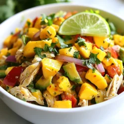 - 2 cups cooked chicken breast, shredded - 1 ripe mango, diced into 1-inch cubes - 2 ripe avocados, diced into 1-inch cubes - 1 medium red bell pepper, diced - ½ medium red onion, finely chopped - 2 tablespoons fresh cilantro, chopped finely - 4 tablespoons freshly squeezed lime juice - 2 tablespoons extra virgin olive oil - 1 teaspoon honey (optional) - Sea salt and freshly ground black pepper, to taste Gather these fresh ingredients before you start. The chicken gives protein, while mango and avocado add creaminess. The red bell pepper and onion bring crunch and flavor. The lime juice and olive oil make a bright dressing. You can mix in some extras to make this salad your own. Here are a few ideas: - Chopped jalapeño: For a spicy kick. - Chopped nuts: Almonds or cashews add crunch. - Feta cheese: It gives a salty touch. - Black beans: For added protein and fiber. Feel free to experiment with what you have at home! This salad can fit many diets. Here are some swaps: - Chicken: Use shredded turkey or chickpeas for a vegetarian option. - Honey: Maple syrup can replace honey for sweetness. - Olive oil: Avocado oil is a great substitute. - Cilantro: If you dislike cilantro, try parsley or omit it. These changes keep the flavors delicious while catering to your needs. Enjoy customizing this tasty meal! {{ingredient_image_2}} To make this salad, start by gathering all your ingredients. You will need: - 2 cups cooked chicken breast, shredded - 1 ripe mango, diced into 1-inch cubes - 2 ripe avocados, diced into 1-inch cubes - 1 medium red bell pepper, diced - ½ medium red onion, finely chopped - 2 tablespoons fresh cilantro, chopped finely First, shred the cooked chicken. You can use rotisserie chicken for ease. Dice the mango and avocados into cubes. Be careful not to mash the avocados. Next, chop the red bell pepper and onion. Keep everything ready in one spot. In a large mixing bowl, combine the shredded chicken, diced mango, avocados, red bell pepper, and onion. Use a spatula to fold the ingredients gently. This helps keep the avocado chunks intact. If you mix too hard, you'll end up with mush. After mixing, the salad should look colorful and fresh. It will be a treat for your eyes and your taste buds. Now let's make the dressing. In a separate small bowl, whisk together: - 4 tablespoons freshly squeezed lime juice - 2 tablespoons extra virgin olive oil - 1 teaspoon honey (optional) - Sea salt and freshly ground black pepper, to taste Mix these ingredients until they blend well. The dressing should feel smooth and balanced. Next, pour it evenly over the salad mixture. Use a large spoon or spatula to toss everything together. Ensure all ingredients are coated. Finally, add the chopped cilantro and give it one last gentle toss. Taste the salad and tweak the seasoning. Add more salt or lime juice if needed. This will help you achieve the perfect flavor. When picking mangoes, look for a slight give when you press them. This means they are ripe. Their skin should have a mix of green and yellow hues. A ripe avocado feels soft but not mushy. Check the skin for dark spots; avoid those. To balance flavors, use fresh lime juice. It brightens the dish and adds zest. Adjust seasoning with sea salt and freshly ground black pepper. Taste as you go. You can also add honey for sweetness, but use it sparingly. For a beautiful display, serve in individual bowls. Use a colorful platter for a large group. Garnish with fresh cilantro and a lime wedge. This adds a pop of color and freshness. Make it inviting and fun to eat! Pro Tips Choose Ripe Avocados: Ensure your avocados are perfectly ripe for a creamy texture. Gently squeeze the avocado; it should yield slightly to pressure but not feel mushy. Fresh Lime Juice: Always use freshly squeezed lime juice for the dressing to achieve the best flavor. Bottled lime juice can taste overly acidic and lack freshness. Customize Your Protein: Feel free to substitute the chicken with grilled shrimp or tofu for a different protein option, catering to your dietary preferences. Add Texture: For an extra crunch, consider adding toasted nuts or seeds, such as almonds or sunflower seeds, to the salad just before serving. {{image_4}} You can add shrimp or tofu for extra protein. Shrimp cooks fast and adds a nice touch. Simply grill or sauté shrimp until pink. For tofu, use firm tofu and cube it. Sauté it until golden brown. Both options enhance the salad’s flavor and texture. You can also try cooked chickpeas or black beans for a hearty twist. Want to change the flavors? Add spices like cumin or chili powder. They bring warmth and depth to the salad. You can also mix in veggies like corn, cucumber, or diced tomatoes. These ingredients add crunch and freshness. For a spicy kick, consider adding jalapeños or a splash of hot sauce. This keeps your salad exciting and new every time. Transform your salad into a wrap or sandwich. Use large lettuce leaves or tortillas for wraps. Simply spoon the salad onto the wrap and roll it up. For a sandwich, place the salad between your favorite bread. This gives you a portable meal, perfect for lunch or picnics. You can also toast the bread for a crunchy texture. Enjoy this versatile dish in many fun ways! To store leftovers, place the salad in an airtight container. This keeps the salad fresh. Use a container that fits the amount of salad you have left. You can also cover the bowl tightly with plastic wrap. This helps keep moisture in and prevents drying. Mango Avocado Chicken Salad lasts about 2 to 3 days in the fridge. After that, the avocados may brown and lose taste. Always check for any off smells or changes in texture. If it looks or smells funny, it’s best to toss it. I do not recommend freezing this salad. Freezing can change the texture of chicken, mango, and avocado. If you want to freeze, consider just freezing the chicken. Cooked chicken can last for up to 4 months in the freezer. Thaw it in the fridge and add fresh ingredients later. To make this salad vegan, replace the chicken with chickpeas or tofu. Both options add protein and texture. You can also use a plant-based yogurt to create a creamy dressing. This keeps the salad fresh and tasty while meeting vegan needs. Yes, you can prepare the salad in advance. Mix the chicken, mango, avocados, and veggies, but wait to add the dressing until serving. This keeps the salad fresh and prevents sogginess. Store in the fridge in a sealed container for up to two days. This salad is packed with nutrients. It has lean protein from chicken, healthy fats from avocados, and vitamins from mangoes and bell peppers. Here are some key benefits: - High in fiber: Helps digestion and keeps you full. - Rich in vitamins: Mangoes provide vitamin C, and avocados add vitamin E. - Healthy fats: Avocados offer heart-healthy fats that support brain health. Refreshing drinks work best with this salad. Here are some great pairings: - Lemonade: A sweet and tart choice that brightens the meal. - Iced tea: Unsweetened or lightly sweetened works well to balance flavors. - Sparkling water: A refreshing option that keeps it light. These drinks enhance the salad's fresh flavors and make for a delightful meal. This blog post covered how to make a delicious Mango Avocado Chicken Salad. You learned about key ingredients, easy steps, and tips for great flavor. We explored variations for protein and storage tips. Remember, fresh, ripe fruits make a big difference in taste. Feel free to customize this salad with your favorite flavors or proteins. Now, you’re ready to create your own tasty dish. Enjoy sharing it with friends and family!