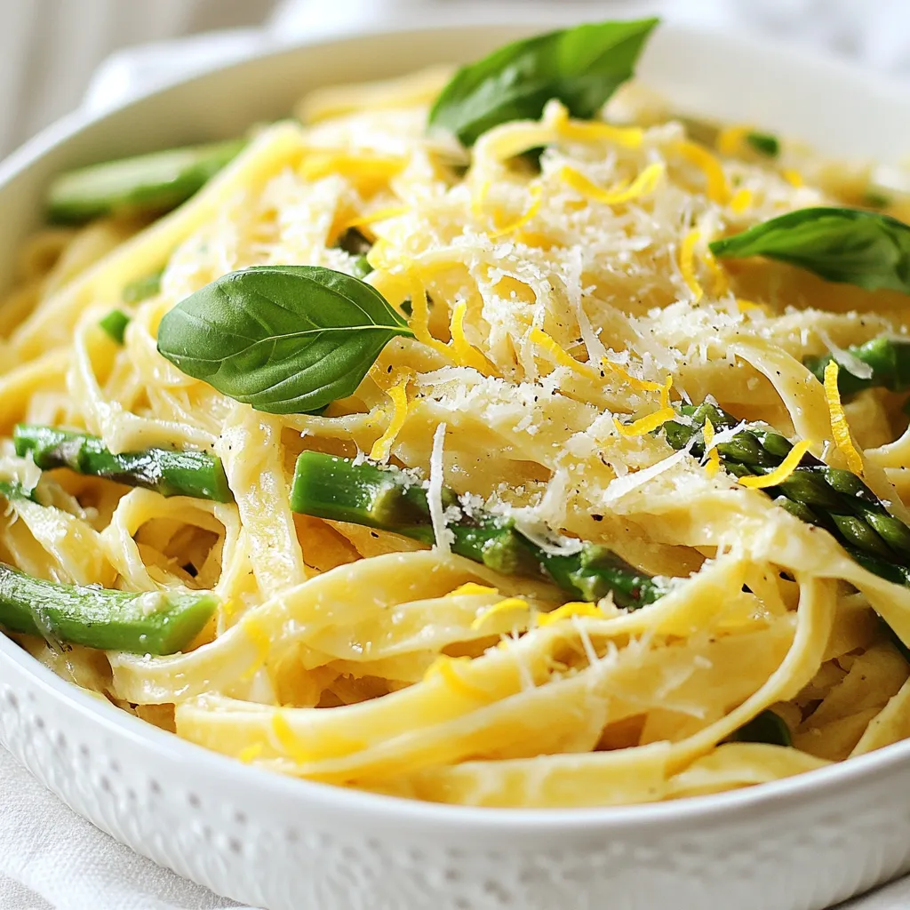 - 8 oz fettuccine or tagliatelle pasta - 1 lb fresh asparagus, trimmed and sliced into 2-inch pieces - 2 tablespoons extra virgin olive oil - 3 cloves garlic, finely minced - Zest of 1 large lemon - 3 tablespoons fresh lemon juice - 1 cup freshly grated Parmesan cheese - Salt and freshly ground black pepper to taste The main ingredients are simple yet full of flavor. The fettuccine or tagliatelle serves as a great base. Fresh asparagus adds a nice crunch and color. Garlic brings warmth and depth, while olive oil creates a silky texture. Lemon zest and juice brighten the dish, making it fresh and vibrant. Parmesan cheese ties everything together with its rich, creamy taste. Salt and pepper enhance all these flavors. - Fresh basil leaves for garnish - Cherry tomatoes Optional ingredients can elevate your dish. Fresh basil leaves add an aromatic touch that pairs well with lemon. Cherry tomatoes can bring a sweet burst of color and flavor. Both are great choices if you want to make the dish more vibrant and appealing. - Parmesan cheese - Salt and pepper Seasoning is key in this recipe. The Parmesan cheese not only adds flavor but also creaminess. Salt and pepper are essential for balancing the taste. Adjust these seasonings to your liking, and enjoy the savory notes they bring to your pasta. {{ingredient_image_2}} To start, you need to boil the water. Fill a large pot with water and add a good amount of salt. Bring it to a rolling boil over high heat. This step is key for tasty pasta. Next, cook the fettuccine or tagliatelle. Add the pasta to the boiling water. Follow the package instructions for cooking time, usually around 8 to 10 minutes. You want the pasta al dente, firm but not hard. Before draining, save 1 cup of that starchy cooking water. It helps the sauce later. Drain the pasta and set it aside for now. Now, let's blanch the asparagus. In another pot, fill it with water and bring it back to a boil. Carefully add the chopped asparagus. Blanch for about 2 to 3 minutes. You want it bright green and tender-crisp. Once done, quickly transfer the asparagus to a bowl filled with ice-cold water. This ice bath stops the cooking. It keeps the asparagus crunchy and vibrant. After a few minutes, drain the asparagus again and set it aside. Next, we sauté the garlic. Heat the extra virgin olive oil in a large skillet over medium heat. When the oil is hot, add the minced garlic. Sauté it for about 1 minute. Stir constantly to avoid burning. Brown garlic can taste bitter, and we want only the good flavors. Now, let’s combine our ingredients. Add the blanched asparagus to the skillet with the garlic. Cook them together for about 2 minutes. Stir occasionally to mix the flavors and heat the asparagus. After that, gently fold the drained pasta into the skillet. Add the lemon zest, lemon juice, and half of the grated Parmesan cheese. Toss everything well. If it feels dry, slowly mix in some of the reserved pasta water. This creates a light, creamy sauce that coats the pasta. Time to season! Sprinkle salt and freshly ground black pepper into the mix. Adjust to your taste. Continue tossing until all ingredients are combined and heated through. For serving, spoon the pasta into bowls. Garnish it with the remaining Parmesan cheese. Add fresh basil leaves if you like. This adds a nice pop of color and flavor. For extra flair, drizzle a bit of olive oil on top before serving. You can even toss in a few cherry tomatoes for added color. Enjoy your dish! - Gluten-Free Pasta Options: You can use gluten-free pasta like brown rice or chickpea pasta. They cook similarly and will hold the sauce well. - Cheese Alternatives: If you want a dairy-free option, try nutritional yeast or vegan cheese. These add a cheesy flavor without the dairy. - Best Practices for Al Dente Pasta: Always check your pasta a minute before the package time ends. It should be firm yet tender. This keeps the pasta from getting mushy when mixed with the sauce. - Tips for Sautéing Garlic: Use medium heat to sauté garlic. Stir it often and watch for a light golden color. This way, the garlic stays flavorful and won't taste bitter. - Adding Spices and Herbs: To boost flavor, try adding red pepper flakes or fresh parsley. These can give your dish a nice kick and freshness. - Pairing with Proteins: Add grilled chicken or shrimp for extra protein. They pair well with the lemon and asparagus, making the meal more filling. Pro Tips Use Fresh Asparagus: Fresh asparagus not only enhances the flavor of your dish but also adds a vibrant color. Look for firm stalks with tightly closed tips for the best quality. Reserve Pasta Water: Always save some pasta cooking water. This starchy water can help adjust the consistency of your sauce, making it creamier without adding extra fat. Grate Your Own Cheese: Using freshly grated Parmesan cheese melts better and has a more robust flavor than pre-grated cheese. It elevates the overall taste of the dish. Experiment with Herbs: While basil is a great garnish, don't hesitate to experiment with other herbs like parsley or dill for a unique flavor twist that complements the lemon. {{image_4}} You can add chicken to this dish for extra protein. Use about 1 pound of boneless, skinless chicken breast. Cut the chicken into bite-sized pieces. Season the chicken with salt and pepper. In the same skillet where you sauté the garlic, cook the chicken until it turns golden brown. This takes about 5 to 7 minutes. Once the chicken is cooked, follow the steps for adding asparagus and pasta as usual. This makes a heartier meal that still keeps all the bright flavors. If you like shrimp, this dish works well with it too. Use about 1 pound of peeled and deveined shrimp. After sautéing the garlic, add the shrimp to the skillet. Cook the shrimp for about 3 to 4 minutes, or until they turn pink. Be careful not to overcook them. Then, add the blanched asparagus and pasta. Toss everything together just like the original recipe. This option adds a nice seafood twist to your meal. For a vegan version, swap out the Parmesan cheese for a plant-based alternative. Nutritional yeast is a great choice. It gives a cheesy flavor without any dairy. You can also use any vegan pasta. Make sure to check if it contains eggs. Use the same cooking method and enjoy the same fresh taste. Adjust the lemon juice to your liking for extra zest. Adding some toasted nuts can provide a nice crunch too. To keep your Lemon Parmesan Asparagus Pasta fresh, use airtight containers. Glass or plastic containers work well. Store the pasta in the fridge within two hours of cooking. It stays good for about three days. Make sure to allow it to cool before sealing. When you want to enjoy leftovers, reheat gently. The best way is on the stove. Add a splash of water or olive oil to keep it from drying out. Heat it on low heat. Stir often until it’s warm. You can also use the microwave. Heat in short bursts, stirring in between. Freezing this pasta is easy. First, let it cool completely. Then, place it in freezer-safe bags or containers. Remove as much air as possible to prevent freezer burn. It can last up to three months in the freezer. To use, thaw it in the fridge overnight before reheating. To make this dish vegetarian, you can simply skip any meat. The main ingredients are already plant-based. You will want to focus on using fresh vegetables and herbs. You can also add mushrooms or bell peppers for more flavor and texture. If you want a heartier meal, consider adding chickpeas or lentils. These options will keep your meal filling and satisfying. Yes, you can use frozen asparagus. It’s a good option if fresh is not available. To cook frozen asparagus, do not thaw it first. Just add it directly to boiling water. Blanch it for about 3-4 minutes. This will help maintain its bright green color and crispness. After blanching, quickly cool it in ice water. This method helps keep the texture and flavor intact. For a gluten-free version, switch out the regular pasta. You can use gluten-free fettuccine or tagliatelle. Many brands offer great options made from rice, corn, or quinoa. Just be sure to check the cooking time, as it may vary from regular pasta. Follow the package instructions closely to get the best results. This pasta pairs well with many sides. A simple green salad with a light vinaigrette is a great choice. You could also serve it with garlic bread for a comforting meal. If you want something heartier, grilled chicken or shrimp complements the dish nicely. Roasted or steamed vegetables also make a healthy addition. Lemon Parmesan Asparagus Pasta combines fresh flavors and easy steps. You need fettuccine, asparagus, garlic, olive oil, and lemon for the main dish. Optional ingredients like fresh basil or cherry tomatoes add zest. Follow the outlined steps to cook and combine your ingredients beautifully. You can adapt the recipe with chicken, shrimp, or even a vegan version. Store leftovers properly and enjoy them later. With tips and variations, this dish offers endless possibilities for tasty meals. Enjoy making this scrumptious pasta dish your own!