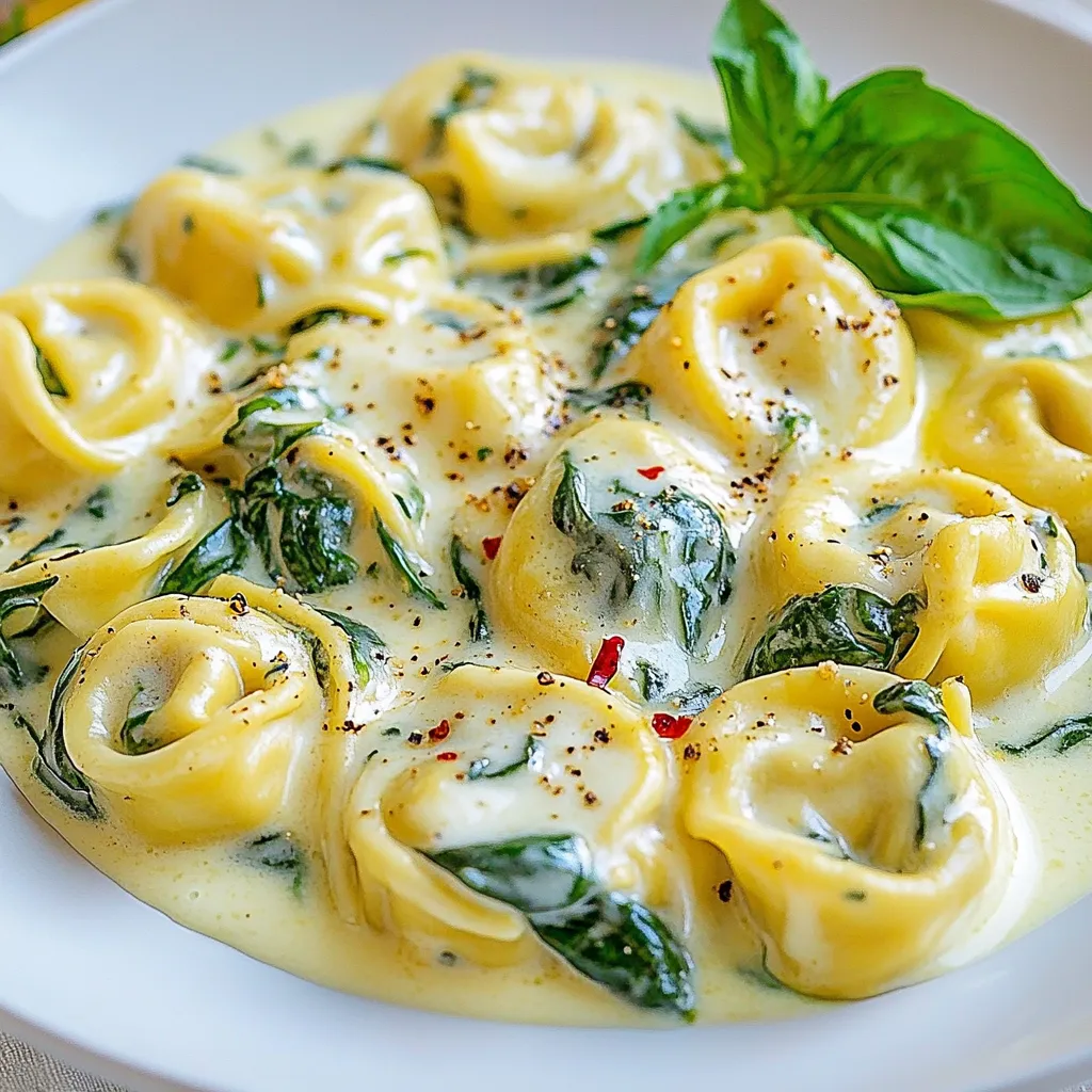 To make creamy spinach tortellini, gather these key ingredients: - 12 oz cheese tortellini (fresh or frozen) - 2 cups fresh spinach, roughly chopped - 1 cup heavy cream - 1 cup freshly grated Parmesan cheese - 2 tablespoons extra-virgin olive oil - 2 cloves garlic, finely minced - 1/2 teaspoon red pepper flakes (optional, for a kick) - Salt and freshly ground black pepper to taste - Fresh basil leaves, for garnish You might not have every ingredient on hand. Here are some easy swaps: - Use kale instead of spinach for a heartier taste. - Swap heavy cream for half-and-half or cream cheese for a lighter version. - Try nutritional yeast instead of Parmesan for a vegan option. - Olive oil can be replaced with butter for a richer flavor. These substitutions still keep the dish delicious and creamy. You can use either fresh or frozen tortellini in this recipe. Fresh tortellini cooks quickly, usually in just 3-5 minutes. Frozen tortellini takes a bit longer, around 7-9 minutes. Fresh tortellini often has a softer texture and richer flavor. Frozen tortellini is more convenient, making it easy to store. Whichever you choose, both will work well in this creamy spinach dish. {{ingredient_image_2}} Start by boiling water in a large pot. Add salt to the water. Once the water boils, add the tortellini. If you have fresh tortellini, cook it for about 3-5 minutes. Frozen tortellini needs about 7-9 minutes. Check the package for exact times. The tortellini should be tender but firm, called al dente. After cooking, drain the tortellini and let it cool for a moment. Next, heat a large skillet over medium heat. Add two tablespoons of extra-virgin olive oil. When the oil shimmers, add two cloves of finely minced garlic. Stir the garlic for about one minute until it smells great. Be careful not to burn it. Then, add two cups of roughly chopped fresh spinach. If you like some heat, add half a teaspoon of red pepper flakes. Cook the spinach for about 2-3 minutes, stirring gently until it wilts. Reduce the heat to low. Pour in one cup of heavy cream slowly, mixing it with the garlic and spinach. Then, gradually sprinkle in one cup of freshly grated Parmesan cheese. Stir until the cheese melts and the sauce becomes creamy. Taste the sauce and add salt and freshly ground black pepper to your liking. Finally, add the drained tortellini to the cream sauce. Toss gently to coat each piece well. Heat everything together for one to two minutes, then serve hot, garnished with fresh basil leaves. Enjoy your creamy spinach tortellini! To make the cream sauce just right, use fresh ingredients. Fresh spinach adds a vibrant touch. Heavy cream gives the sauce a rich flavor. When you add the cheese, do it slowly. This helps it melt well. Stir constantly to keep the sauce smooth. If it gets too thick, add a splash of water or more cream. Taste as you go. Adjust salt and pepper to your liking. To keep your tortellini from sticking together, start with boiling water. Make sure it's salted. This adds flavor and helps the pasta cook evenly. Stir the tortellini gently when you add them to the pot. This prevents them from clumping. Once cooked, drain them but don’t rinse. Rinsing washes away the starch that helps the sauce stick. Toss them with a little olive oil if needed. If you have leftovers, store them in an airtight container. Let the dish cool to room temperature first. This prevents condensation inside the container. Keep it in the fridge for up to three days. To reheat, warm it on the stove over low heat. Add a splash of cream if the sauce is too thick. Stir gently to combine. Enjoy your creamy spinach tortellini again! Pro Tips Use Fresh Tortellini: Fresh tortellini will provide a more tender texture and richer flavor compared to frozen. If possible, choose fresh for the best results. Customize Your Greens: Feel free to add other leafy greens such as kale or arugula for added nutrition and flavor. Just adjust the cooking time accordingly. Adjust the Creaminess: For a lighter sauce, substitute half of the heavy cream with low-fat milk or chicken broth. This will still yield a delicious dish without sacrificing too much flavor. Garnish for Flavor: Adding freshly chopped herbs like parsley or chives not only enhances the presentation but also boosts the flavor profile of the dish. {{image_4}} You can easily add protein to creamy spinach tortellini. Chicken, shrimp, or sausage works great. For chicken, cook it in the pan before adding garlic. For shrimp, toss them in after the garlic. If you use sausage, cook it fully and then mix it in. This makes the dish more filling and tasty. For a vegetarian twist, swap the cheese tortellini for a veggie version. Many stores offer spinach or mushroom tortellini. If you want a vegan option, choose plant-based cream and cheese. Cashew cream adds a rich texture. You can also use nutritional yeast for that cheesy flavor without dairy. To boost flavor, try adding herbs and spices. Fresh basil adds a bright taste. Oregano or thyme can give a warm depth. A dash of lemon juice adds freshness, too. If you like heat, more red pepper flakes can spice things up. Mix and match to find your perfect blend! After enjoying your creamy spinach tortellini, you’ll want to store leftovers safely. Let the dish cool to room temperature first. Use an airtight container for storage. This helps keep it fresh. You can keep it in the fridge for up to three days. Be sure to label the container with the date you made it. This way, you’ll remember when to eat it. To reheat your creamy spinach tortellini, take it out of the fridge. You can use a microwave or a stove. If using a microwave, place it in a bowl and cover it loosely. Heat it in 30-second bursts, stirring in between. This helps heat everything evenly. If using a stove, place it in a skillet over low heat. Add a splash of cream or water to help it stay moist. Stir gently until it is heated through. If you want to save the dish for later, freezing is an option. Allow the tortellini to cool completely. Transfer it to a freezer-safe container or a zip-top bag. Squeeze out as much air as you can before sealing. You can freeze it for up to three months. When you're ready to eat, thaw it in the fridge overnight. Reheat as described above. This way, you can enjoy your creamy spinach tortellini even after some time! Yes, you can use other pasta shapes. Bowtie, penne, or fettuccine work well too. Just remember to adjust the cooking time based on the pasta type. Fresh pasta cooks quickly, while dried pasta takes longer. This flexibility helps you enjoy the creamy spinach sauce with your favorite pasta. To add heat, use more red pepper flakes. You can also try minced jalapeños or a splash of hot sauce. Start with small amounts, then taste as you go. This way, you control the spice level. It’s fun to customize the dish to match your taste buds. Creamy spinach tortellini pairs well with a simple salad or garlic bread. A light Caesar salad offers crispness and freshness. Garlic bread adds a crunchy texture. You can also serve it with roasted veggies for a colorful plate. These sides enhance the meal and make it more satisfying. This post covered the key steps to making creamy spinach tortellini. We discussed ingredients, cooking methods, and variations. You learned how to cook tortellini perfectly and make a rich cream sauce. Plus, we talked about useful tips for storing leftovers and enhancing flavors. In conclusion, enjoy making this dish your own. Use fresh or frozen ingredients, and don’t shy away from trying new flavors. Happy cooking!
