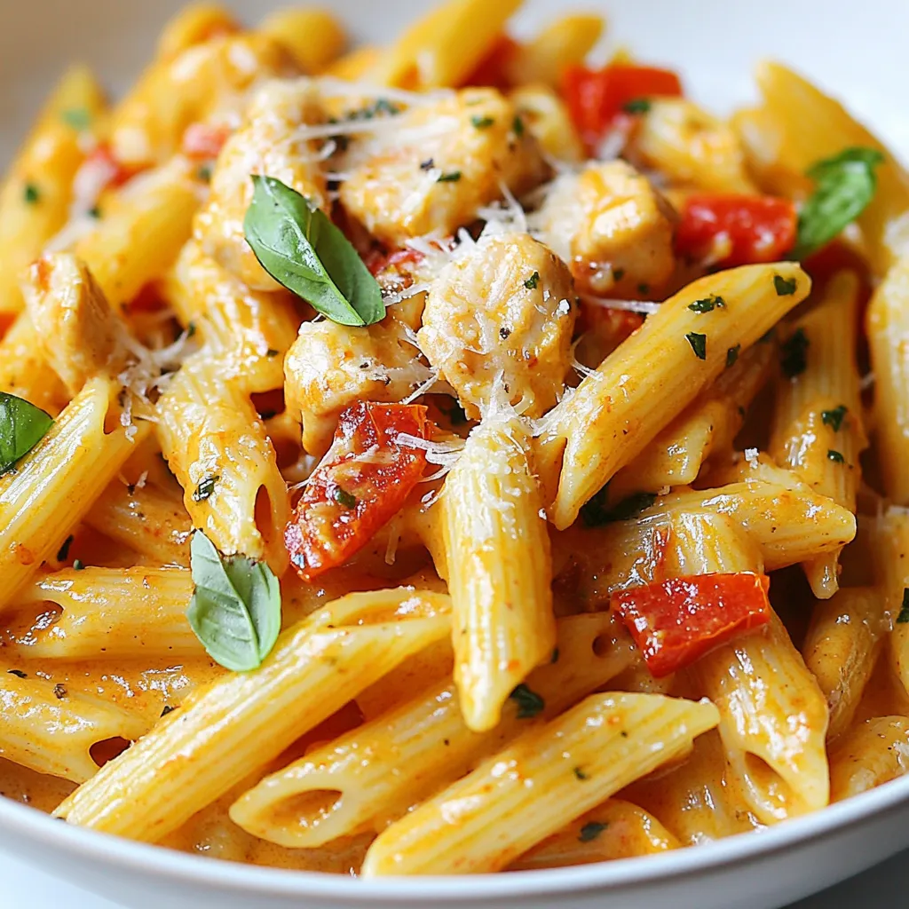 Here are the key ingredients you need for Roasted Red Pepper Chicken Pasta. Gather these for a tasty meal: - 2 cups penne pasta - 1 pound chicken breast, cut into bite-sized pieces - 2 large roasted red peppers (jarred or homemade), drained and finely chopped - 3 cloves garlic, minced - 1 cup heavy cream - 1/2 cup freshly grated Parmesan cheese - 2 tablespoons extra virgin olive oil - 1 teaspoon Italian seasoning - Salt and freshly ground black pepper, to taste - Fresh basil leaves, for garnish Each ingredient plays a vital role in making this dish delicious. The penne pasta brings a nice bite, while the chicken offers a hearty protein. Roasted red peppers add a sweet and smoky flavor. Garlic enhances the taste, and heavy cream gives the sauce a rich texture. Parmesan cheese adds a touch of saltiness and depth. Olive oil helps in cooking and flavoring. Italian seasoning ties all the flavors together, while salt and pepper balance the taste. Fresh basil provides a fragrant garnish that elevates the dish. Feel free to play with these ingredients. You can swap the chicken for shrimp or even make it vegetarian by adding more veggies. The key is to have fun and enjoy the process! {{ingredient_image_2}} First, get a large pot and fill it with water. Add a good amount of salt to the water, then bring it to a rolling boil. Once boiling, add 2 cups of penne pasta. Cook it as per the package directions until it's al dente, about 10-12 minutes. After cooking, drain the pasta in a colander. Don’t forget to save a small cup of pasta water for later! Next, heat 2 tablespoons of extra virgin olive oil in a large skillet over medium heat. Take 1 pound of chicken breast cut into bite-sized pieces. Season it with salt, pepper, and 1 teaspoon of Italian seasoning. Once the oil is hot, add the chicken to the skillet. Cook it for about 5-7 minutes until it turns golden brown and is fully cooked. Remove the chicken and set it aside on a plate. In the same skillet, add 3 cloves of minced garlic. Sauté it for about 30 seconds until you smell its great aroma. Now, add 2 large roasted red peppers that you have chopped up. Cook this mixture for 2 minutes more, letting the flavors blend together. Carefully transfer the garlic and red pepper mix to a blender. Pour in 1 cup of heavy cream and blend it on high until smooth. Once blended, return the sauce to the skillet and keep it on medium heat. Stir in 1/2 cup of freshly grated Parmesan cheese into the warm sauce. Let it simmer for 3-5 minutes to thicken. Now, add back the cooked chicken and the drained penne pasta to the skillet. Toss everything together until each piece is coated in the creamy sauce. If it seems too thick, splash in some reserved pasta water to adjust the consistency. Taste your pasta! Adjust the seasoning with more salt and freshly cracked black pepper if needed. Let it heat through for another minute. Once ready, serve the pasta hot on plates or in bowls. Top it with fresh basil leaves for a pop of flavor and color. Enjoy your delicious Roasted Red Pepper Chicken Pasta! To make the sauce just right, focus on the texture. You want it smooth and creamy, not too thick. If it gets too thick, add a little reserved pasta water to loosen it up. For extra flavor, try adding a pinch of red pepper flakes or a squeeze of lemon juice. These small changes can make a big difference. To cook the chicken evenly, spread the pieces out in the skillet. This helps them cook well on all sides. Overcrowding the pan can lead to uneven cooking. To keep the chicken moist, don’t cook it too long. Aim for about 5-7 minutes until golden brown and fully cooked. For perfect pasta, cook until it is al dente. This means it should be firm but not hard. Follow the package instructions closely. Save some pasta water before draining. This water is starchy and can help adjust your sauce later. Pro Tips Use Fresh Ingredients: Whenever possible, opt for fresh roasted red peppers instead of jarred ones. They provide a more vibrant flavor and better texture. Perfectly Cooked Chicken: Ensure your chicken is not overcrowded in the skillet to achieve a nice golden sear. Cook in batches if necessary for even cooking. Customize the Sauce: Feel free to add other herbs or spices to the sauce, such as crushed red pepper flakes for a hint of heat or fresh thyme for additional flavor. Garnish Wisely: Adding fresh basil at the end not only enhances flavor but also brightens up the dish visually. Consider using other fresh herbs like parsley or chives as well. {{image_4}} You can switch up the protein in your dish. Shrimp works well in this recipe. The shrimp adds a nice touch and cooks quickly. Just sauté it in the olive oil until it's pink. Tofu is a great option too. It soaks up the sauce well. For a vegetarian choice, use sautéed mushrooms or chickpeas. They add texture and flavor without meat. You can spice up your sauce with extra herbs. Add crushed red pepper for heat. Fresh parsley or oregano can brighten the dish. If you're looking for dairy-free options, use coconut cream instead of heavy cream. It gives a rich flavor without milk. You can also blend in some nutritional yeast for a cheesy taste. Try different pasta shapes for variety. Fusilli or farfalle work great with this creamy sauce. If you prefer gluten-free, use rice pasta or chickpea pasta. They cook well and taste great. Just follow the package instructions for cooking times. This way, you can enjoy the dish without gluten. To keep your Roasted Red Pepper Chicken Pasta fresh, store it in an airtight container. Place it in the fridge within two hours of cooking. The dish lasts well for about three to four days. If you want to enjoy it later, avoid leaving it out for too long. When you’re ready to eat, the best way to reheat this dish is on the stove. Add a splash of water or chicken broth to keep it moist. Stir it over low heat until it's hot. You can also use the microwave, but cover it to keep moisture in. This helps maintain the creamy texture. You can freeze Roasted Red Pepper Chicken Pasta for later. Use a freezer-safe container, and make sure it’s sealed tightly. It can stay good in the freezer for about two to three months. When you’re ready to eat, thaw it in the fridge overnight. Then, reheat it on the stove or in the microwave, adding a bit of cream or broth to restore the sauce's creaminess. You can use several options instead of heavy cream. Here are a few choices: - Half-and-half: This is a mix of milk and cream. It gives a nice richness. - Greek yogurt: It adds creaminess and protein. Just mix it with a bit of milk. - Coconut milk: This is a great non-dairy option. It adds a sweet flavor. - Silken tofu: Blend it for a creamy texture without dairy. These options can help you keep the dish tasty while changing the cream content. Yes, you can make this dish ahead of time. Meal-prepping is easy with Roasted Red Pepper Chicken Pasta. Here’s how: - Cook the pasta: You can cook and cool it earlier. - Prepare the chicken and sauce: Make them and store them in the fridge. - Combine before serving: Mix the pasta, chicken, and sauce right before you eat. This keeps the pasta fresh. This dish can stay good in the fridge for about 3 days. No, this dish is not spicy. It has a rich, creamy taste. The roasted red peppers add a sweet and smoky flavor. Garlic gives it depth, but it won't heat things up. If you want a kick, you can add crushed red pepper flakes. This way, you can control the spice level. You can make this recipe lighter with a few simple swaps: - Use less cream: Replace some heavy cream with Greek yogurt or low-fat milk. - Choose whole wheat pasta: This adds fiber and nutrients. - Add more veggies: You can toss in spinach, bell peppers, or zucchini. These changes help reduce calories while keeping the dish tasty. This blog covered Roasted Red Pepper Chicken Pasta from start to finish. You learned about key ingredients, cooking steps, and easy tips. Variations keep the dish fun, while storage advice helps with leftovers. Remember, this recipe is simple, flexible, and packed with flavor. Try it in your kitchen and adjust it to fit your taste. Happy cooking!