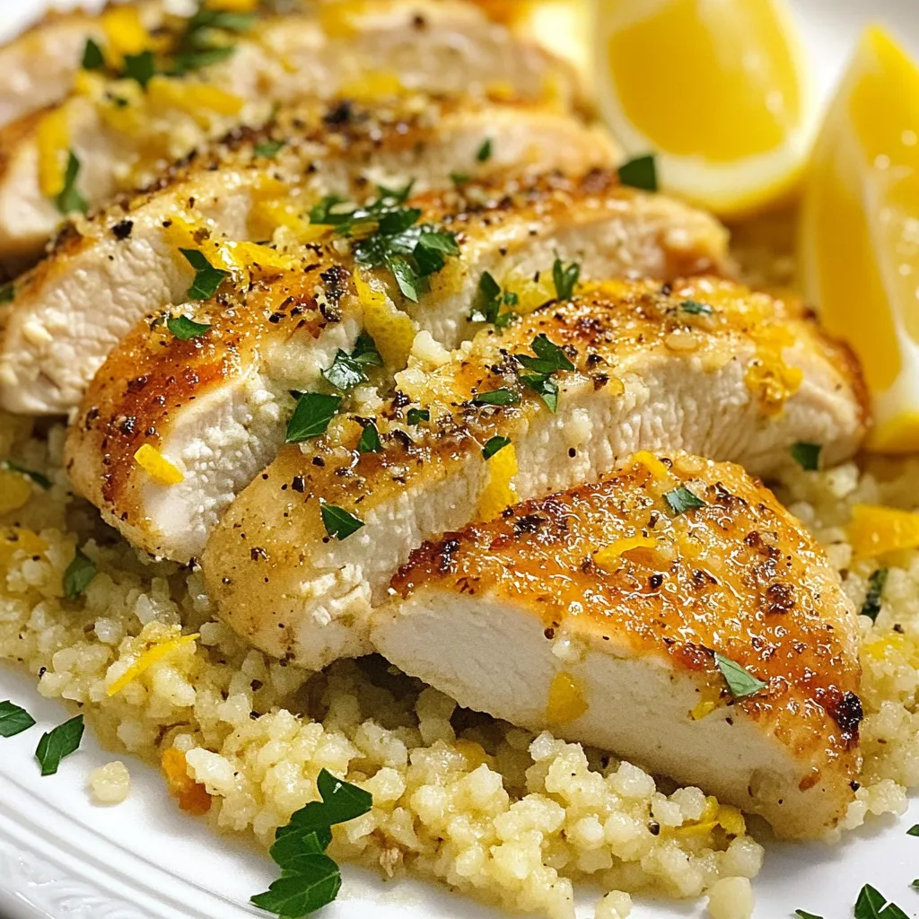 - 2 boneless, skinless chicken breasts - 1 cup couscous - 1 ½ cups chicken broth (or vegetable broth for a vegetarian option) - Zest of 1 lemon - Juice of 1 lemon - 3 tablespoons olive oil - 2 cloves garlic, minced - 1 teaspoon dried oregano - 1 teaspoon dried thyme - 1 teaspoon ground cumin - Salt and freshly ground pepper to taste - ¼ cup fresh parsley, chopped (for garnish) - Lemon wedges (for serving) The main ingredients in this dish create a bright and zesty flavor. The chicken provides protein, while couscous adds a nice texture. Lemon zest and juice give it a refreshing kick. Garlic, herbs, and spices enhance the overall taste. You can swap chicken for other proteins like turkey or tofu. If you prefer, use quinoa or rice instead of couscous. For a vegan option, replace chicken broth with vegetable broth. Fresh herbs can replace dried ones if you have them. You will need a few basic tools to make this dish. Here’s what I recommend: - Medium mixing bowl for marinating - Medium saucepan for cooking couscous - Large skillet for searing chicken - Fork for fluffing couscous - Cutting board and knife for slicing chicken Having these tools ready makes cooking easier and faster. Enjoy the process of making this simple yet flavorful meal! {{ingredient_image_2}} Start by making a tasty marinade. In a medium bowl, mix 2 tablespoons of olive oil, minced garlic, lemon zest, lemon juice, oregano, thyme, cumin, and salt and pepper. Add the chicken breasts to this mix. Make sure they are fully coated. Cover the bowl with plastic wrap. Let the chicken sit in the fridge for at least 30 minutes, or up to 2 hours. This helps the chicken soak up the flavors. Next, cook the couscous. In a medium saucepan, bring 1 ½ cups of chicken broth to a boil. Once boiling, take the pan off the heat. Stir in 1 cup of couscous. Cover the pan with a lid. Let it sit for about 5 minutes. This allows the couscous to absorb all the liquid. After 5 minutes, use a fork to fluff the couscous and then set it aside. Now, it’s time to cook the chicken. Heat 1 tablespoon of olive oil in a large skillet over medium heat. Once the oil is hot, add the marinated chicken breasts. Cook them for 5-7 minutes on each side. Look for a golden brown color and an internal temperature of 165°F. Once cooked, place the chicken on a cutting board. Let it rest for a few minutes before slicing it into strips. In a large bowl, mix the fluffed couscous with any leftover marinade from the chicken. Taste the mixture and adjust with more salt or pepper if needed. Gently fold in the chopped parsley for a fresh touch. To serve, place the sliced chicken on top of a bed of lemon herb couscous. Garnish with extra parsley and lemon wedges to add color and freshness. Serve this meal hot for the best experience. Enjoy the bright flavors and beautiful presentation! To make a great marinade, start with a mix of oil and acid. Use lemon juice and zest for a bright, fresh taste. Add minced garlic for depth and a pinch of salt for balance. Dried herbs like oregano and thyme give your chicken a lovely aroma. Letting the chicken sit in this mix for at least 30 minutes allows the flavors to soak in. If you have time, marinate it for two hours. This extra time really boosts the flavor. Cooking chicken can be simple. First, heat your skillet until the oil shimmers. This means it’s hot enough. Place the marinated chicken in the pan gently. Cook each side for about 5 to 7 minutes. Look for a golden brown color and an internal temperature of 165°F. This ensures your chicken is safe to eat and juicy. After cooking, let it rest for a few minutes. This keeps it moist when you slice it. Fluffing couscous is key to a perfect texture. After cooking, let it sit covered for five minutes. This helps it absorb all the broth. Use a fork to gently fluff it up. This separates the grains and makes it light. For extra flavor, mix in some of the leftover marinade. You can also fold in fresh parsley for a pop of color and taste. This simple step makes your couscous shine on the plate! Pro Tips Marinate for Maximum Flavor: Allow the chicken to marinate for at least 2 hours, or even overnight, to deepen the flavors and make the meat more tender. Use Fresh Herbs: While dried herbs work well, using fresh herbs like parsley or thyme can elevate the dish with brighter flavors and enhanced freshness. Fluff the Couscous: After letting the couscous sit, use a fork to fluff it up instead of a spoon to prevent it from becoming mushy and to maintain the grain's texture. Rest the Chicken: Always let the cooked chicken rest for a few minutes before slicing. This helps the juices redistribute, resulting in juicier chicken. {{image_4}} You can easily make this dish vegetarian or vegan. Instead of chicken, use chickpeas or tofu. Both options provide protein and texture. For the broth, switch to vegetable broth for the same great flavor. You still get the tasty lemon and herb notes. This way, everyone can enjoy a vibrant meal. Feel free to mix and match herbs to fit your taste. Try fresh basil or dill for a different twist. You can also add fresh mint for a refreshing kick. Experiment with different dried herbs like rosemary or parsley. Each change brings a new flavor to your couscous. If you want a change from couscous, try quinoa or bulgur. Both grains cook quickly and absorb flavors well. You can also use farro for a heartier dish. Each grain adds its unique taste and texture, making your meal versatile. Explore different grains to keep your cooking fun! To keep your Lemon Herb Couscous Chicken fresh, place leftovers in an airtight container. Store them in the fridge for up to three days. Make sure to let the food cool down before sealing it. This helps maintain its flavor and texture. For the best taste when reheating, use the stovetop. Heat a skillet over medium heat. Add a splash of water or broth to help steam the couscous. Place the chicken on top and cover the skillet. Heat for about five minutes, or until warm. This method keeps the dish moist and tasty. You can freeze this dish for later use. First, let it cool completely. Then, divide it into portions and place each in a freezer-safe bag. Remove as much air as possible before sealing. You can freeze it for up to three months. To reheat, thaw overnight in the fridge. Then, follow the stovetop reheating tips for the best flavor. Yes, you can! Try using turkey, shrimp, or firm tofu. These proteins work well in this dish. Just adjust the cooking time. For shrimp, cook until they turn pink. For turkey, ensure it reaches 165°F. Tofu needs a nice sear for flavor. Reheat couscous in a saucepan over low heat. Add a splash of broth or water. Stir gently to avoid clumping. You can also use the microwave. Place it in a bowl, cover, and heat for one to two minutes. Fluff it with a fork before serving. To make this dish gluten-free, swap couscous for quinoa or rice. Both options provide a similar texture. Use gluten-free broth to keep the flavors intact. Cook them according to package instructions. This way, you still enjoy the same fresh taste without gluten. Absolutely! Marinating the chicken overnight lets flavors soak in deeply. Just cover it well and store it in the fridge. This method enhances the taste and tenderness of the chicken. You’ll end up with a more flavorful meal. This article covered how to make Lemon Herb Couscous Chicken. We explored the main ingredients, cooking steps, and useful tips. You learned how to marinate chicken and cook couscous perfectly. I also shared storage tips and variations like vegetarian options. Cooking can be fun, and I hope you find joy in trying these ideas. Your meals can be simple, tasty, and healthy. Enjoy your cooking journey!