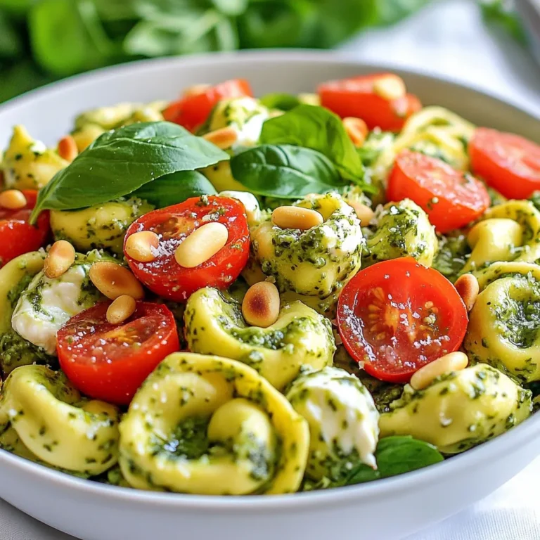 To make this tasty salad, you will need: - 12 oz cheese tortellini (fresh or frozen) - 1 cup cherry tomatoes, halved - 1 cup fresh spinach, chopped - ½ cup cooked and chopped grilled chicken (optional) - 1 cup basil pesto (store-bought or homemade) - ½ cup cream cheese, softened to room temperature - ¼ cup plain Greek yogurt - 2 tablespoons fresh lemon juice - Salt and pepper to taste - ¼ cup pine nuts, toasted (for garnish) - Fresh basil leaves for garnish If you want to boost the protein, add grilled chicken. This adds flavor and makes it heartier. You could also try adding roasted red peppers or even artichokes for extra zing. If you prefer a vegetarian option, skip the chicken. You can swap cream cheese with vegan cream cheese for a dairy-free salad. Use gluten-free tortellini if needed. For a lighter dressing, replace Greek yogurt with a dairy-free yogurt. The key is to keep it fresh and tasty! {{ingredient_image_2}} To cook tortellini perfectly, start by boiling a large pot of salted water. When the water bubbles, add 12 ounces of cheese tortellini. Cook them for about 3 to 5 minutes. Check the package for exact times. When they are done, drain the tortellini. Rinse them under cold water to stop cooking. Let them cool before mixing with other ingredients. To make the creamy dressing, grab a medium bowl. Add 1 cup of basil pesto, ½ cup of softened cream cheese, and ¼ cup of plain Greek yogurt. Squeeze in 2 tablespoons of fresh lemon juice. Use a whisk to mix everything together. You want it smooth and creamy. Make sure there are no lumps for the best taste. Next, take a large mixing bowl. Add your cooled tortellini, 1 cup of halved cherry tomatoes, and 1 cup of chopped spinach. If you like chicken, include ½ cup of cooked and chopped grilled chicken. Gently stir the ingredients together. This helps ensure that everything mixes well and each bite is tasty. After mixing, it's time to add the creamy dressing. Drizzle it over the tortellini and veggies. Use a spatula to toss everything gently. Make sure every piece is coated. Taste the salad and add salt and pepper as needed. Cover the bowl with plastic wrap and chill it in the fridge for at least 30 minutes. This helps the flavors blend nicely. When ready to serve, sprinkle ¼ cup of toasted pine nuts and fresh basil leaves on top. This adds a nice crunch and fresh flavor. To make your salad extra creamy, add more cream cheese. Use a full cup instead of half. Mix it well with the pesto and yogurt. This helps create a smooth texture that coats every bite. If you want a richer taste, add more lemon juice. It brightens the flavor and balances the creaminess. You can also try adding a splash of heavy cream. This will boost the creaminess even more. Store your leftover salad in a sealed container. This keeps it fresh for up to three days. If you plan to store it, don’t add the pine nuts until serving. This keeps them crunchy. Always check for signs of spoilage, like off smells or a change in color. If it looks or smells bad, throw it away. Creamy Pesto Tortellini Salad pairs well with many dishes. Serve it with garlic bread for a classic touch. A light fruit salad also makes a nice side. If you want something warm, try serving it with grilled vegetables. For a refreshing drink, iced tea or lemonade works great. Pro Tips Cook Tortellini Al Dente: Ensure you cook the tortellini just until al dente for the best texture. Overcooking can make it mushy. Make Ahead: This salad can be made a day in advance. Just keep it covered in the fridge, and add the pine nuts just before serving to maintain their crunch. Fresh Ingredients: Use fresh basil and high-quality pesto for the best flavor. Homemade pesto can elevate this dish significantly! Adjust Creaminess: If you prefer a lighter salad, adjust the amount of cream cheese and Greek yogurt to suit your taste. {{image_4}} You can easily make this salad vegetarian. Simply skip the grilled chicken. The tortellini, spinach, and pesto provide great flavor. You can add some extra protein with chickpeas or white beans. They add a nice texture and keep it filling. Seasonal veggies can enhance your salad. Try adding bell peppers, zucchini, or asparagus. These vegetables add crunch and color. You can roast or sauté them for more flavor. Toss them in with the tortellini for a fresh twist. Feel free to switch up the pasta. While cheese tortellini is a favorite, you can use any shape you like. Penne, fusilli, or farfalle work well too. Each pasta type brings a unique texture and holds the creamy dressing differently. Choose your favorite! To keep your creamy pesto tortellini salad fresh, store it in an airtight container. This helps prevent air from drying it out. Place the salad in the fridge right after you serve it. It is best to chill it for at least 30 minutes before serving. If you have leftovers, make sure to cover them well. This salad lasts about 3 to 5 days in the refrigerator. Check for signs of spoilage by looking for any off smells or changes in color. If the salad looks soggy or the tomatoes appear mushy, it’s time to toss it. Always trust your nose and eyes; they help you stay safe. Freezing creamy pesto tortellini salad is not the best choice. The cream cheese and Greek yogurt may separate when thawed. However, if you want to freeze it, leave out the dressing. You can freeze the tortellini and veggies together. When ready to eat, thaw in the fridge, then mix with fresh dressing. This keeps flavors bright and tasty. Yes, you can make this salad ahead of time. Prepare it a day before serving. Just keep it in the fridge. The flavors will blend well, making it even tastier. If you don’t have basil pesto, try sun-dried tomato pesto. You can also use spinach pesto for a twist. Store-bought options work great too. Yes, this salad can be healthy. It has cheese tortellini, fresh veggies, and Greek yogurt. The spinach and tomatoes add vitamins. Just watch the portion size if you want to keep it light. Absolutely! Feel free to use any cheese tortellini you like. Spinach or mushroom tortellini can also add unique flavors. Just ensure they are cooked as directed. In this blog post, you learned how to make a tasty Creamy Pesto Tortellini Salad. We covered the ingredients, from the main ones to optional additions. I shared tips on cooking tortellini and making a creamy dressing. You also found variations, storage tips, and answered common questions. Enjoy experimenting with this salad. It’s simple to adjust based on your needs. Remember, cooking is about having fun and making dishes your own!