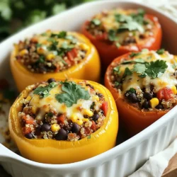 - Black beans: 1 can (15 oz), rinsed and drained - Quinoa: 1 cup, cooked - Bell Peppers: 4 large, vibrant colors - Corn: 1 cup, fresh or frozen - Diced tomatoes: 1 cup, well-drained These ingredients come together to create a tasty and colorful meal. The black beans are rich in protein and fiber. Quinoa adds a nice texture and makes the dish filling. The bell peppers not only look good but also bring a sweet flavor. Fresh or frozen corn gives a pop of sweetness. Diced tomatoes add moisture and acidity, balancing the flavors. When choosing bell peppers, I like to mix colors. Red, yellow, and green peppers make the dish bright. The colors can cheer up even a gloomy day. You can use canned black beans, but rinsing them cuts down on sodium. This keeps your meal healthier. Cooked quinoa, fluffy and cool, is perfect for this dish. It holds its shape well and absorbs all the tasty flavors. Fresh corn is best when in season, but frozen works great too. Just make sure to thaw it first. Well-drained diced tomatoes keep the filling from being too wet, which is key for good stuffed peppers. Each of these ingredients plays a role in making this dish both healthy and delicious. As you prepare your Chipotle Black Bean Stuffed Peppers, remember that fresh ingredients lead to the best flavors. {{ingredient_image_2}} First, I preheat my oven to 375°F (190°C). This ensures the peppers bake evenly. Next, I take my large bell peppers and slice off the tops. I scoop out the seeds and membranes. This step creates perfect cups for my filling. I stand the peppers upright in a greased baking dish. This helps them hold their shape while baking. In a large mixing bowl, I combine one can of black beans, rinsed and drained. I add one cup of cooked quinoa, which adds a nice texture. Then, I mix in one cup of corn and one cup of diced tomatoes. I also include half a cup of finely chopped red onion and two cloves of minced garlic. For flavor, I add two tablespoons of chipotle sauce, one teaspoon of ground cumin, and one teaspoon of smoked paprika. A pinch of salt and pepper rounds out the flavor. I stir everything until it looks vibrant and well-mixed. Now, I take a spoon and fill each pepper with my hearty mixture. I press down gently to remove any air pockets. Once filled, I sprinkle a cup of shredded cheese on top of each pepper. This will melt and create a delicious, bubbly layer. I cover the baking dish with aluminum foil to keep the moisture in. I place it in the oven and bake for 30 minutes. After that, I carefully remove the foil. I continue to bake for an additional 10 to 15 minutes, watching closely. I check the peppers for tenderness and ensure the cheese has melted nicely. Once done, I take them out and allow them to cool for a few minutes. - Adjust spice levels with chipotle sauce: Start with one tablespoon of chipotle sauce. Taste the filling. If you like heat, add more sauce. This way, you control the spice level. - Use fresh vs. canned ingredients: Fresh ingredients always add more flavor. But, canned ingredients can save time. Rinsed and drained canned black beans work great here. They give you the same taste with less work. - Arranging on a platter: Use a colorful platter to show off your stuffed peppers. Place them in a circle or row to make the dish inviting. This adds to the excitement of serving. - Garnishing with fresh cilantro: Sprinkle fresh cilantro over the stuffed peppers before serving. This gives a pop of color and a fresh taste. You can also add a dollop of sour cream or yogurt for creaminess. Serve lime wedges on the side for a zesty touch. Pro Tips Choose Colorful Peppers: Using a variety of bell pepper colors not only enhances the visual appeal of your dish but also adds different subtle flavors and nutrients. Customize Your Spice Level: Adjust the amount of chipotle sauce based on your heat preference; start with less and add more to taste for a perfect balance. Make Ahead: Prepare the stuffed peppers in advance and store them in the fridge before baking. Just add a few extra minutes to the baking time if cooking from cold. Experiment with Cheese: Try different types of cheese like pepper jack for extra spice or feta for a tangy twist to complement the flavors of the peppers. {{image_4}} You can change up the grains in this recipe. Try using rice or farro instead of quinoa. Both add a nice texture. You can also swap out black beans for pinto or kidney beans. These beans have their own unique flavors. For a colorful twist, add different vegetables. Chopped zucchini, spinach, or even mushrooms can enhance your filling. If you want a vegan version, you can use non-dairy cheese. Options like cashew cheese or soy-based cheese melt well. You might also want to add plant-based proteins. Tofu or tempeh can give a hearty bite. Make sure to season them well to match the dish's bold flavors. These swaps keep the meal tasty while meeting vegan needs. To store your leftover Chipotle black bean stuffed peppers, let them cool first. Place them in an airtight container. Keep them in the fridge for up to 3 days. This ensures that the flavors stay fresh and tasty. When you are ready to eat, just reheat them in the microwave or oven. If you want to freeze these stuffed peppers, wrap each one tightly in plastic wrap. Then, place them in a freezer-safe bag. They can last for about 3 months in the freezer. When you're ready to enjoy them, take them out of the freezer and thaw overnight in the fridge. To reheat, bake them in the oven at 375°F (190°C) until they are hot all the way through. This keeps them moist and delicious! How long do stuffed peppers last in the fridge? Stuffed peppers last about 3 to 5 days in your fridge. Store them in an airtight container. This keeps them fresh and tasty. Can I make these ahead of time? Yes, you can make these stuffed peppers ahead of time. Prepare them and store them in the fridge before baking. Just take them out when you are ready to bake. What can I serve with stuffed peppers? You can serve these peppers with a side salad or some crusty bread. You might also enjoy them with rice or guacamole. These sides add flavor and balance to your meal. This article covers how to make delicious chipotle black bean stuffed peppers. We explored the key ingredients, step-by-step instructions, and tips for cooking and presentation. You learned about variations and how to store leftovers. Remember, using fresh ingredients enhances flavor. Adjust spices to suit your taste. This dish is flexible and can fit many diets. Try different grains or beans to mix it up. Enjoy making this meal, sharing it, and wow your friends with your cooking skills!