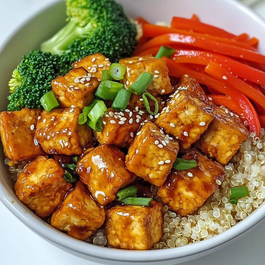 To make a tasty teriyaki tofu stir fry, gather these key ingredients: - 14 oz firm tofu, pressed and diced - 2 tablespoons cornstarch - 2 tablespoons vegetable oil - 1 red bell pepper, sliced into strips - 1 cup broccoli florets, trimmed - 1 medium carrot, julienned - 3 green onions, chopped, green and white parts separated - 2 cloves garlic, minced - 1 tablespoon fresh ginger, finely grated - ¼ cup homemade teriyaki sauce - Sesame seeds for garnish - Cooked rice or quinoa for serving You can add extra depth to your dish with these optional items: - Snap peas for a crunchy texture - Baby corn for sweetness - Mushrooms for an earthy flavor - Sesame oil for a nutty touch - Red pepper flakes for spice Choose fresh, vibrant vegetables for the best taste. Look for: - Firm tofu with no cracks or air pockets - Bright red bell peppers with smooth skin - Broccoli with tight florets and a deep green color - Carrots that are firm and have a rich orange hue - Green onions that feel crisp and have no wilting Selecting quality ingredients makes a big difference in flavor and texture. Enjoy your cooking! {{ingredient_image_2}} To make the teriyaki sauce, grab a small bowl. You will need: - ¼ cup soy sauce - 2 tablespoons brown sugar - 1 tablespoon rice vinegar - 1 teaspoon sesame oil - 1 teaspoon cornstarch Whisk these ingredients together until everything is smooth. Set this aside for later. Next, take your firm tofu. You will press it to remove excess moisture. Wrap it in paper towels or a clean dishcloth for about 15 minutes. After pressing, cut the tofu into bite-sized cubes. Aim for uniform pieces for even cooking. Now, coat the tofu. In a medium bowl, toss the cubes with 2 tablespoons of cornstarch. This gives the tofu a crispy texture when you fry it. Heat 1 tablespoon of vegetable oil in a large skillet or wok over medium-high heat. When the oil is hot and shimmering, add the coated tofu in a single layer. Let the tofu cook for 5-7 minutes. Turn it occasionally until all sides are crispy and golden. Once done, remove the tofu and set it aside on a plate. In the same skillet, add the remaining tablespoon of vegetable oil. Now, add: - 1 sliced red bell pepper - 1 cup broccoli florets - 1 medium carrot, julienned Sauté these vegetables for about 4-5 minutes. You want them tender but still bright and colorful. Next, stir in: - 2 cloves garlic, minced - 1 tablespoon fresh ginger, finely grated Cook this mixture for another minute. You want the garlic and ginger fragrant but not burned. Return the crispy tofu to the skillet and pour in your prepared teriyaki sauce. Gently toss everything together. Cook for another 2-3 minutes until the sauce thickens slightly. To finish, add the green tops of 3 chopped green onions. Give everything a final toss to mix well. Serve hot over cooked rice or quinoa. For garnish, sprinkle toasted sesame seeds on top. Enjoy the vibrant colors and flavors in your Teriyaki Tofu Stir Fry! Tofu needs to be pressed well. This step removes extra water. Water makes tofu soggy. Press it for at least 15 minutes. After pressing, cut it into cubes. Aim for even sizes. This helps it cook evenly. Coat the tofu in cornstarch. This gives it that crispy crunch. Cook it until golden brown. Don't rush this step. Crispy tofu adds great texture to the dish. Teriyaki sauce shines with fresh veggies. Try adding snap peas or mushrooms. These add a nice crunch. You can also use bok choy for a unique taste. For spice, add red pepper flakes. This will give your stir fry a little heat. Fresh herbs like cilantro or basil can brighten the dish. They add a nice touch right before serving. Make your dish look as good as it tastes. Use deep plates or bowls. Start with a bed of rice or quinoa. Layer the crispy tofu on top. Add the colorful veggies next. For the final touch, sprinkle sesame seeds. They add a nice crunch and look great. Chopped green onions can add a pop of color. This will make your Teriyaki Tofu Stir Fry stand out. Enjoy the beauty of your meal before you dig in! Pro Tips Pressing Tofu: Ensure that the tofu is well-pressed to remove excess moisture, allowing for a better texture and enhanced crispiness. Uniform Cooking: Cut the tofu and vegetables into uniform sizes to ensure even cooking and a visually appealing dish. Flavor Infusion: Let the teriyaki sauce sit for a few minutes before using to deepen the flavors, enhancing the overall taste of the stir fry. Serving Suggestions: Try serving with a side of pickled vegetables to add a tangy contrast that complements the sweetness of the teriyaki sauce. {{image_4}} You can switch tofu for other proteins. Tempeh is a great choice. It has a nutty taste and adds texture. Seitan is another option. It has a chewy texture and absorbs flavors well. For those who eat meat, chicken or shrimp can work too. Just remember to adjust cooking times. Feel free to mix up the veggies! Snow peas or snap peas add a nice crunch. Zucchini is great in summer, while kale can boost nutrition in winter. You can also use mushrooms for an earthy flavor. When you shop, look for what’s fresh and in season. It keeps your stir fry vibrant and tasty. To keep this dish gluten-free, use tamari instead of soy sauce. Tamari is a gluten-free option that tastes just as good. If you want a low-carb version, serve it over cauliflower rice. For a vegan dish, ensure your teriyaki sauce is free from animal products. Many store brands offer vegan options. Always check the label! After enjoying your Teriyaki Tofu Stir Fry, let it cool to room temperature. Place it in an airtight container. This helps keep the flavors fresh. Store it in the fridge for up to four days. If you're not eating it soon, consider freezing it. To reheat, use a skillet over medium heat. Add a splash of water or oil to keep it moist. Stir frequently for even heating. You want to warm it, not cook it again. This method helps keep the tofu crispy. If using a microwave, cover it loosely and heat in short bursts. For long-term storage, freeze the stir fry in a freezer-safe container. It can last up to three months in the freezer. When ready to eat, thaw it overnight in the fridge. Reheat it in a skillet for the best results. Avoid freezing the stir fry with rice or quinoa. They lose texture when frozen. I recommend using firm tofu. Firm tofu holds its shape well during cooking. It also absorbs flavors nicely, making it perfect for stir fry. You can also use extra-firm tofu if you want an even firmer bite. Yes, it’s easy to make teriyaki sauce at home. Just mix soy sauce, brown sugar, rice vinegar, sesame oil, and cornstarch. This simple blend creates a tasty sauce that is quick and fresh. You can adjust the spice by adding chili flakes or sriracha to the sauce. Start with a little and taste as you go. This way, you can make it just right for your taste buds. I suggest serving the stir fry over rice or quinoa. The grains soak up the sauce and add texture. You can also serve it with a side of steamed vegetables for extra nutrition. Yes, you can use frozen vegetables. They save time and are still tasty. Just add them to the skillet and cook a bit longer to ensure they heat through. This blog post covered how to make a great teriyaki tofu stir fry. We discussed essential ingredients, step-by-step cooking, and tips to enhance texture and flavor. Remember, the right tofu and fresh produce make a big difference. Try different proteins and veggies to mix things up. Proper storage will keep your leftovers tasty too. Enjoy creating your delicious dish and impress your friends with your culinary skills!