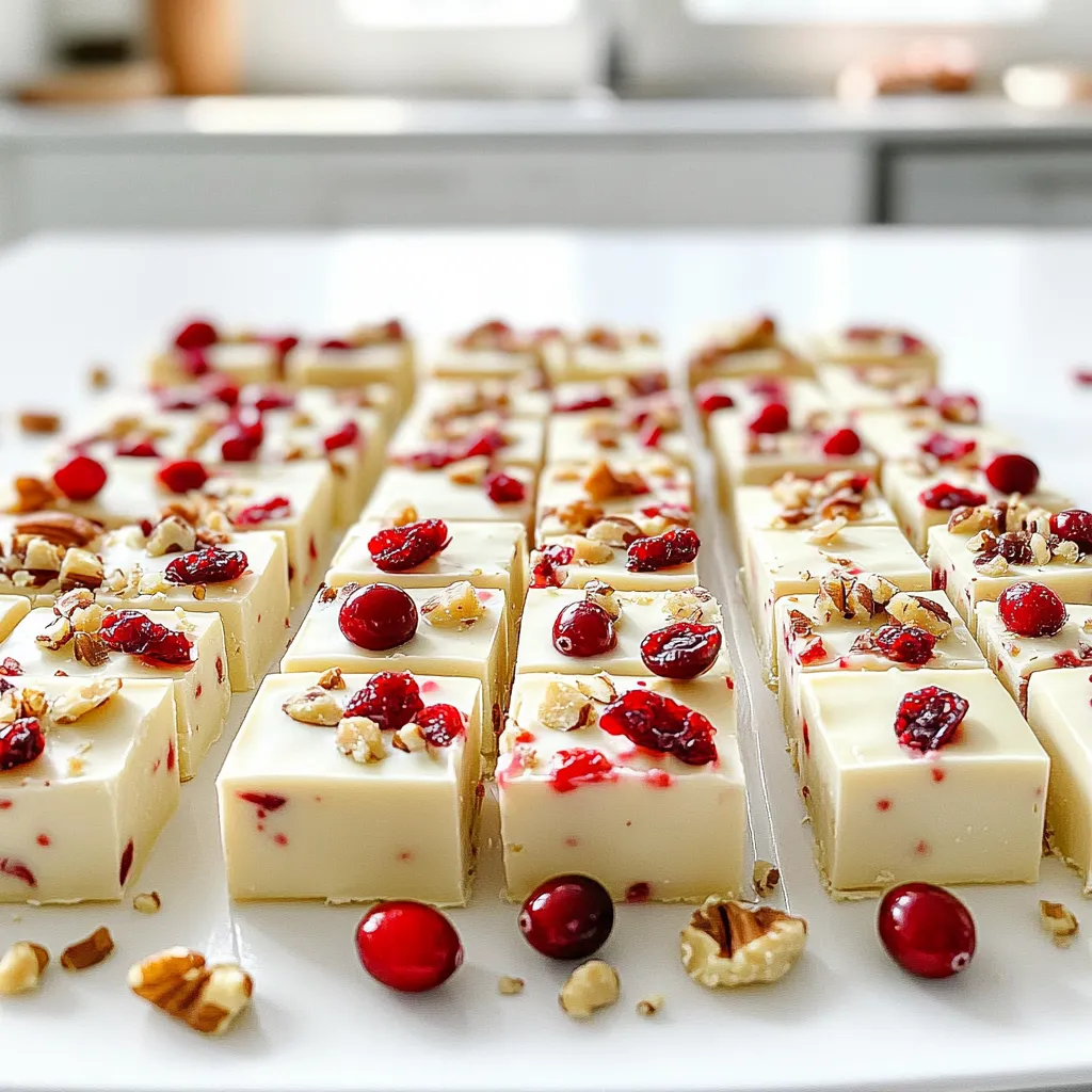 The right ingredients make the best white chocolate cranberry fudge. Here’s what you need: - 2 cups white chocolate chips - 1 (14-ounce) can of sweetened condensed milk - 1 teaspoon pure vanilla extract - 1 ½ cups dried cranberries, roughly chopped - ½ cup chopped walnuts or pistachios (optional) - 1 pinch of sea salt These ingredients blend together to create a creamy, sweet treat. The white chocolate chips give a rich flavor. Sweetened condensed milk adds sweetness and creaminess. Vanilla extract enhances the taste, while cranberries bring a tangy twist. If you want extra crunch, add chopped walnuts or pistachios. The pinch of sea salt balances the sweetness. This simple list makes a delightful holiday treat that everyone loves. First, line an 8-inch square baking pan with parchment paper. Make sure the paper hangs over the edges. This helps you lift the fudge out later. Next, spray the parchment lightly with non-stick cooking spray. This step ensures the fudge does not stick. In a medium saucepan, combine 2 cups of white chocolate chips and a 14-ounce can of sweetened condensed milk. Heat this mixture over low flame. Stir continuously as it melts. Keep an eye on it to avoid burning. You want it to be smooth and creamy. Once the chocolate melts, take the pan off the heat. Add 1 teaspoon of pure vanilla extract and a pinch of sea salt. Stir well to mix these flavors into the fudge. This enhances the taste and makes it even more delicious. Gently fold in 1 ½ cups of roughly chopped dried cranberries. If you like, add ½ cup of chopped walnuts or pistachios for extra crunch. Make sure these add-ins are well distributed. This ensures a burst of flavor in every bite. Pour the fudge mixture into the lined baking pan. Use a spatula to spread the mixture evenly into the corners. Aim for a smooth and level surface. This makes for a nice presentation later. Now, place the pan in the refrigerator. Chill it for about 2 hours. You want the fudge to be firm to the touch. This step is crucial for the perfect texture. When the fudge is set, lift it out of the pan using the parchment paper. Place it on a cutting board. Use a sharp knife to cut it into squares or rectangles. Be sure to clean the knife between cuts for neat edges. Enjoy your delicious holiday treat! To get the best fudge, you need to melt the chocolate right. Start with low heat. Stir the mixture often. If you let it get too hot, it can burn. This will ruin the taste. Once melted, it should be smooth and creamy. To keep that creamy texture, mix well after adding the vanilla and sea salt. This helps blend the flavors fully. The right mix will make your fudge rich and smooth. When it comes to serving, presentation matters. Place your fudge squares on a pretty platter. For a pop of color, sprinkle extra cranberries and nuts on top. This makes it look fancy. If you want to gift fudge, wrap each piece in clear cellophane. Tie it with a nice ribbon. It shows you care and makes the gift special. Want to jazz up your fudge? Try adding citrus zest. A bit of orange or lemon zest can brighten the flavor. If you don’t like nuts, you can skip them. You can also swap in dried fruits like cherries or raisins. This gives your fudge a new twist and keeps it exciting. {{image_4}} You can change the dried cranberries for other fruits. Dried cherries or raisins work well here. These swaps can add new flavors to your fudge. You can also mix in different nuts. Try using chopped pecans or almonds for a twist. Each nut brings its own taste and crunch. While this recipe uses white chocolate, you can switch it up. Dark or milk chocolate can make this treat even richer. The darker chocolate will give a deeper flavor, while milk chocolate is sweeter. You can adjust the sweetness based on the type you choose. Just keep the same amounts for the other ingredients. Adding spices can make this fudge extra special. Cinnamon and nutmeg are perfect for the holidays. Just a pinch can bring warmth to the dish. You can also try adding orange zest for a fresh kick. These small changes can make the fudge feel festive and unique. To keep your white chocolate cranberry fudge fresh, use an airtight container. This helps to prevent air from drying out the fudge. You can also wrap individual pieces in plastic wrap. This way, you can grab a piece whenever you want a sweet treat. In the fridge, your fudge lasts about two weeks. Keep it in a cool place to maintain its texture and flavor. If you notice any changes in smell or appearance, it’s best to toss it out. You can freeze fudge for longer storage. First, cut it into squares. Then, wrap each piece in plastic wrap. Place them in a freezer bag or airtight container. To thaw, just take out a piece and let it sit at room temperature for about an hour. Enjoy your fudge later without losing any of its yummy flavor! Yes, you can use chocolate bars instead of chips. To melt chocolate bars, chop them into small pieces. This helps them melt evenly. Use the same amount as chips, about 2 cups. Melt them slowly over low heat, just like you do with chips. Stir well to keep it smooth. Yes, you can make this fudge vegan. Instead of white chocolate chips, look for dairy-free white chocolate. You can also use coconut milk or almond milk in place of sweetened condensed milk. Find a brand that matches the sweetness you like. This way, you keep the creamy texture. If your fudge is too soft, chill it longer. Place it back in the fridge for another hour. If it stays soft, try adding more white chocolate. Melt a little more and mix it in. This will help firm it up. You can make fudge without sweetened condensed milk using other ingredients. Try using coconut cream or cashew cream as a base. Mix these with a sweetener like maple syrup or agave. This will create a similar sweet and creamy texture. You learned how to make a creamy white chocolate fudge. We covered the ingredients, steps, and tips to perfect your treat. Remember to customize with your favorite nuts or dried fruits. Store it properly to keep it fresh. Enjoy sharing the fudge with friends and family or savoring it yourself. Fudge is versatile, and you can make it your own. Try different flavors or seasonal touches for fun. Happy baking!