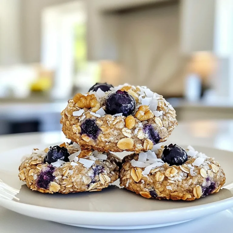 To make these tasty cookies, gather these key ingredients: - 1 cup rolled oats - 1/2 cup whole wheat flour - 1/2 cup almond flour - 1/3 cup maple syrup - 1/4 cup unsweetened applesauce - 1/2 cup fresh blueberries - 1/4 cup unsweetened shredded coconut - 1 tsp baking powder - 1/2 tsp ground cinnamon - 1/4 tsp sea salt - 1/4 cup chopped nuts (either walnuts or pecans) - 1/2 tsp vanilla extract Each ingredient plays an important role. The oats provide fiber and texture, while the flours give structure. Maple syrup and applesauce add sweetness and moisture. You can customize your cookies with various add-ins. Here are some ideas: - Dried fruits: Add raisins or cranberries for a chewiness. - Seeds: Chia or flaxseeds can boost nutrition. - Spices: Nutmeg or ginger can add warmth and depth. - Nut butter: A spoonful of almond or peanut butter can enhance flavor and richness. If you need to avoid gluten, substitute with gluten-free oats and flour. For a nut-free option, use sunflower seed butter in place of nut butter. These cookies are a healthy choice. Each cookie has about: - Calories: 120 - Carbohydrates: 18g - Protein: 3g - Fat: 5g - Fiber: 2g - Sugar: 4g They provide a good mix of energy and nutrients. Enjoy them as a breakfast treat or a snack! {{ingredient_image_2}} To start, preheat your oven to 350°F (175°C). This step is key for even baking. Next, grab a large bowl. Combine the rolled oats, whole wheat flour, almond flour, baking powder, ground cinnamon, and sea salt. Mix these dry ingredients until they are well blended. This ensures every bite is tasty. In another smaller bowl, whisk together the maple syrup, unsweetened applesauce, and vanilla extract. Make sure this mixture is smooth. Now, pour this wet mix into the dry ingredients. Stir gently with a spatula until just combined. You want to keep it light. Now, fold in the fresh blueberries, shredded coconut, and chopped nuts. Handle the blueberries carefully to keep them whole and juicy. Use a tablespoon or cookie scoop to portion out the dough. Place each scoop about 2 inches apart on your lined baking sheet. This spacing helps the cookies spread and bake evenly. Bake them for about 10 to 12 minutes. Watch closely; they should turn golden at the edges and look dry on top. When they are ready, take the baking sheet out of the oven. Let the cookies sit for 5 minutes on the sheet. This cooling time helps them firm up. After that, move the cookies to a wire rack to cool completely. Once cooled, enjoy these cookies as a breakfast treat or snack. They taste great warm or at room temperature. You can serve them with a bowl of creamy yogurt topped with extra blueberries for a fresh touch. These cookies also make a perfect grab-and-go option for busy mornings. Keep them handy for a healthy, sweet bite anytime! Store your blueberry oatmeal breakfast cookies in an airtight container. This keeps them fresh for up to a week. If you want to save them longer, you can freeze the cookies. Just place them in a freezer-safe bag. They can last for about three months in the freezer. When you want to eat them, just thaw them at room temperature. For a warm treat, pop them in the microwave for about 10-15 seconds. To keep your cookies soft, don’t overbake them. They should be slightly golden at the edges but still soft in the center. Let them cool on the baking sheet for five minutes before moving them. This helps them firm up without drying out. Adding applesauce to the mix also helps keep the cookies moist and soft. One common mistake is mashing the blueberries too hard. Gently fold them into the dough. If you mix too much, your cookies can turn blue. Another mistake is not measuring your ingredients correctly. Use measuring cups and spoons for accuracy. Lastly, don’t skip the parchment paper. It prevents sticking and makes cleanup easy. Pro Tips Use Fresh Blueberries: Always opt for fresh blueberries when possible, as they provide the best flavor and texture for your cookies. Customize Your Nuts: Feel free to substitute walnuts or pecans with your favorite nuts or even seeds for a unique twist. Monitor Baking Time: Keep a close eye on your cookies towards the end of the baking time to prevent over-baking, which can lead to a dry texture. Store for Freshness: To maintain their freshness, store the cookies in an airtight container at room temperature for up to a week. {{image_4}} You can change the flavor of these cookies easily. Try different fruits or spices. Here are some ideas: - Bananas: Mash one ripe banana and mix it in for sweetness. - Apples: Use diced apples for a crisp texture. - Cherries: Swap blueberries for fresh or frozen cherries. - Cinnamon: Add more cinnamon or try nutmeg for a warm taste. These changes can make your cookies fun and new each time. Want to make these cookies gluten-free? It’s simple! Use gluten-free flour instead of whole wheat flour. Here’s what to do: - Flour Swap: Use a 1:1 gluten-free flour blend. - Oats: Make sure to use certified gluten-free oats. This way, everyone can enjoy these tasty treats, even with gluten sensitivities. If you follow a vegan diet, I have great news! You can still enjoy these cookies. Here’s how to make them vegan: - Maple Syrup: This sweetener is already vegan. - Apple Sauce: It replaces eggs, adding moisture. - Nut Butters: Swap the chopped nuts for almond or peanut butter for added richness. With these swaps, you get tasty cookies that fit your diet. Enjoy the variety! To keep your blueberry oatmeal breakfast cookies fresh, store them in an airtight container. This helps maintain their soft texture. If you want to keep them for longer, place a slice of bread in the container. The bread keeps the cookies moist. You can store them at room temperature for up to one week. For best results, place them in a cool, dry spot away from sunlight. Freezing cookies is simple. First, let the cookies cool completely. Then, arrange them in a single layer on a baking sheet. Freeze them for about one hour. Once firm, transfer the cookies to a freezer-safe bag or container. Label the bag with the date. This way, you can enjoy them anytime. They will stay fresh for up to three months in the freezer. To eat, just thaw them at room temperature or microwave for a few seconds. These cookies have a great shelf life. When stored properly, they last about one week at room temperature. If you freeze them, they last three months. To check freshness, look for any signs of mold or changes in smell. If they seem dry or hard, it’s best not to eat them. Always trust your senses! Enjoy your cookies while they are fresh for the best taste. Yes, you can use frozen blueberries. Just add them straight from the freezer. Do not thaw them first. Thawing can make them mushy. The cookies will still taste great. However, your cookies may turn a bit blue. This happens because the juice may leak during baking. To make the cookies sweeter, add more maple syrup. You can add one or two extra tablespoons. If you want them less sweet, reduce the syrup. You can also try using less fruit. Taste the dough before you bake. Adjust the sweetness to your liking. Serve the cookies warm with yogurt. Add fresh blueberries on top for extra flavor. You can also pair them with a glass of milk. Another option is to enjoy them as a snack on the go. They are perfect for busy mornings! These blueberry oatmeal breakfast cookies are simple and fun to make. We explored key ingredients and optional add-ins, ensuring every bite is delightful. I provided step-by-step instructions to help you bake perfectly soft cookies. Tips and tricks covered storage, reheating, and common mistakes to avoid. You can also try variations like gluten-free or vegan options. In short, these cookies are tasty, healthy, and easy to adapt. You can enjoy them any time!