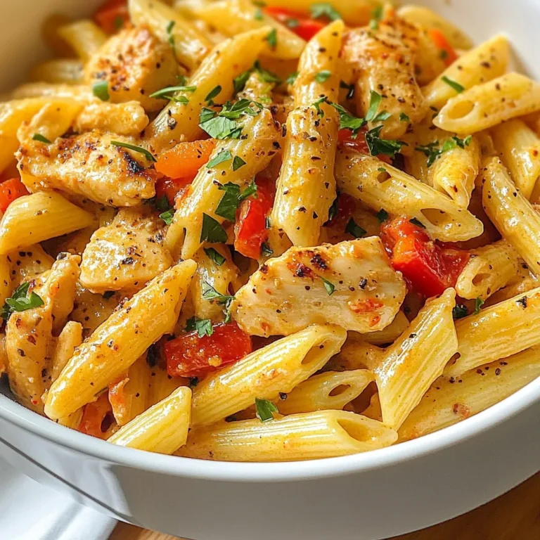 - 12 oz penne pasta - 1 pound chicken breast, cut into bite-sized pieces - 2 tablespoons Cajun seasoning - 1 bell pepper (red or yellow), sliced - 1 small onion, diced - 3 cloves garlic, minced - 1 cup heavy cream - 1 cup chicken broth - ½ cup grated Parmesan cheese - Salt and pepper to taste - Chopped parsley for garnish Gathering the right ingredients is key to making this dish shine. Penne pasta is perfect for soaking up the creamy sauce. Chicken breast provides protein and pairs well with Cajun seasoning. The bell pepper and onion add color and crunch. Garlic gives depth to the flavor. Heavy cream and chicken broth create the rich sauce. Finally, Parmesan cheese adds a salty touch. Don't forget the salt, pepper, and parsley for that finishing touch. - For a dairy-free option, use coconut cream instead of heavy cream. - Gluten-free pasta works well if you need a gluten-free choice. - You can swap chicken for shrimp or tofu for a different taste. These substitutions keep the dish tasty while catering to different diets. Coconut cream will still give you that creamy feel. Gluten-free pasta lets everyone join in. Shrimp or tofu can bring new flavors to the meal. - Look for Tony Chachere's or Zatarain's for great Cajun seasoning. - Barilla and De Cecco offer quality pasta options. - For cream, Horizon Organic is a trusted brand. Using quality brands ensures the best flavor in your dish. Cajun seasoning from top brands will give you authentic taste. Good pasta and cream can elevate your meal to new heights. {{ingredient_image_2}} To cook the penne pasta, start by filling a large pot with water. Bring the water to a rapid boil. Add a generous amount of salt to the boiling water. This step helps flavor the pasta. Next, add the 12 oz of penne pasta. Cook it according to the package instructions, usually about 10-12 minutes. You want the pasta to be al dente, which means it should be firm but not hard. After cooking, drain the pasta and set it aside. Don’t forget to save a cup of the cooking water. Heat 2 tablespoons of olive oil in a large skillet over medium-high heat. While the oil heats, season the chicken breast pieces with Cajun seasoning, salt, and pepper. Make sure to coat the chicken well for maximum flavor. When the oil is hot, add the seasoned chicken to the skillet. Cook the chicken for about 5-7 minutes. Stir occasionally to ensure it cooks evenly. You want the chicken to be golden brown and fully cooked. Once done, remove it from the skillet and place it on a plate. In the same skillet, add the sliced bell pepper and diced onion. Sauté the vegetables for 3-4 minutes. You want them to soften and become fragrant. Then, add the minced garlic and cook for another minute. Be careful not to burn the garlic; it adds great flavor. Next, lower the heat to medium and pour in 1 cup of chicken broth and 1 cup of heavy cream. Stir the mixture well, scraping any browned bits from the skillet. Let it simmer gently for about 3-4 minutes, allowing the sauce to thicken. After the sauce thickens, return the sautéed chicken to the skillet. Gently fold in the cooked penne pasta. Next, sprinkle in ½ cup of grated Parmesan cheese. Stir everything together until well combined and coated in the creamy sauce. If the sauce seems too thick, add a bit of the reserved pasta water. This helps you reach your desired sauce consistency. Taste the dish and adjust with more salt and pepper if needed. To get the right creamy texture, balance the cream and broth. A good ratio is one cup of cream to one cup of broth. This mix gives you a rich, smooth sauce. If your sauce seems too thick, use the reserved pasta water. The starchy water helps thin the sauce without losing flavor. You can boost the dish's taste with extra spices. Consider adding smoked paprika or a pinch of cayenne for more depth. Fresh herbs like thyme or oregano can also add brightness. If you want more heat, increase the Cajun seasoning. You can also add hot sauce to kick things up a notch. Prep your ingredients ahead of time. Chop the vegetables and season the chicken before you start cooking. This saves time and keeps you organized. A one-pot method can also save you effort. Cook the chicken, veggies, and pasta all in the same pot to cut down on dishes while still creating a delicious meal. Pro Tips Use Fresh Ingredients: Fresh vegetables and high-quality chicken will enhance the flavor of your creamy Cajun chicken penne, making it more vibrant and delicious. Adjust Spice Level: If you prefer a milder dish, reduce the amount of Cajun seasoning or add a splash of cream to balance the heat. Reserve Pasta Water: Always keep some pasta cooking water aside; it can help you adjust the sauce's consistency without losing flavor. Garnish Creatively: For a pop of color and freshness, consider adding a squeeze of lemon juice or a sprinkle of red pepper flakes along with the parsley when serving. {{image_4}} You can easily make this dish meatless. Instead of chicken, use extra firm tofu. Cut it into bite-sized pieces and cook it like the chicken. You can also add more veggies for flavor and color. Try zucchini, spinach, or mushrooms. These will make your dish tasty and colorful. For a seafood twist, swap chicken for shrimp or scallops. Both options cook fast, so keep an eye on them. Cook shrimp for about 3-4 minutes until they turn pink. For scallops, aim for 2-3 minutes on each side until they’re golden. This change adds a fresh ocean flavor that pairs well with the creamy sauce. If you love heat, you can amp up the Cajun flavor. Add more Cajun seasoning to your taste. You can also include a few dashes of hot sauce or diced chili peppers. This will give your dish a fiery kick that spice lovers will enjoy. Adjust the spice level to match your preferences for a bold meal. To keep your creamy Cajun chicken penne fresh, use airtight containers. These containers lock in moisture and flavors. Glass or sturdy plastic are great choices. Let the dish cool completely before sealing it. Store in the fridge for up to three days. This way, you can enjoy the bold flavors later! When reheating pasta, use the stove or microwave. The stove helps keep the dish creamy. Just add a splash of chicken broth or cream to avoid dryness. Stir often and heat on low. If using a microwave, cover the dish and heat in short bursts. This prevents mushy pasta. Check every minute to stir and adjust heat. To freeze your creamy pasta, let it cool completely first. Place it in freezer-safe bags or containers. Remove as much air as possible to prevent freezer burn. Frozen servings can last up to three months. When you're ready to enjoy it, thaw overnight in the fridge. Reheat on the stove with a bit of cream or broth for best results! Yes, you can. If you want a lighter sauce, use half-and-half or whole milk. You can also try coconut cream for a dairy-free option. Keep in mind that the sauce may be less rich, but it will still taste great. This recipe has a nice kick! Cajun seasoning can vary in heat. If you want it milder, use less seasoning. If you like more spice, add some hot sauce or more Cajun spice. Remember, you control the heat! Absolutely! You can cook the chicken and veggies ahead. Just store them in the fridge. When you are ready to eat, cook the pasta and add everything together. This dish keeps well for a few days. Here are some great sides to pair with Creamy Cajun Chicken Penne: - Garlic bread - Caesar salad - Roasted vegetables - Corn on the cob These sides will complement your meal and add variety. This blog post covered the steps to create a tasty Creamy Cajun Chicken Penne. We explored each ingredient, including substitutions and brand recommendations. You learned cooking techniques, flavor tips, and how to store leftovers properly. Whether you want a vegetarian version or a spicy twist, you have options. Enjoy cooking this dish and sharing it with others. The flavors will impress everyone at your table. You now have the tools to make a great meal!