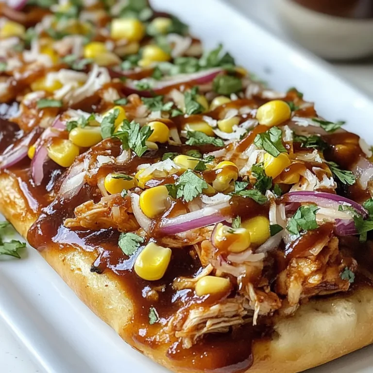 To make BBQ chicken flatbread, you need the following items: - 2 cups cooked chicken, shredded - 1/2 cup BBQ sauce (your favorite variety) - 4 flatbreads (store-bought or homemade) - 1 cup shredded mozzarella cheese - 1/2 cup red onions, thinly sliced - 1/2 cup corn kernels (fresh or canned) - 1 tablespoon extra virgin olive oil - Salt and freshly ground black pepper to taste You can add more flavors or textures to your flatbreads. Consider these options: - Sliced jalapeños for a spicy kick - Avocado for creaminess - Different cheeses like cheddar or gouda - Fresh herbs like parsley or basil for freshness Using the right tools makes cooking easier. Here are some you should have: - Baking sheet to hold the flatbreads - Parchment paper for easy cleanup - Mixing bowl for the chicken and sauce - Spoon or spatula for mixing - Knife and cutting board for slicing veggies {{ingredient_image_2}} First, you need to preheat your oven. Set it to 400°F (200°C). This step is key for getting your flatbreads crispy and golden. Next, grab a large bowl. Add the 2 cups of shredded chicken to it. Pour in 1/2 cup of your favorite BBQ sauce. Mix well with a spoon or spatula. Make sure every piece of chicken gets coated. This will give your flatbread amazing flavor. Now, take your flatbreads. Brush each one lightly with 1 tablespoon of extra virgin olive oil. This will help them crisp up in the oven. Sprinkle salt and freshly ground black pepper on top. This adds extra taste. Lay the oiled flatbreads flat on a baking sheet. If you have parchment paper, use it. This makes cleaning easier later. Now it’s time to add the BBQ chicken. Divide the chicken mix across the flatbreads. Spread it out evenly so every bite is tasty. Sprinkle 1 cup of shredded mozzarella cheese over the chicken. Make sure to cover it well for that melty goodness. Next, add the veggies. Spread 1/2 cup of thinly sliced red onions and 1/2 cup of corn kernels evenly. This adds a nice crunch. Place the baking sheet in the oven. Bake for about 10-12 minutes. Keep an eye on them. You want the cheese to melt and turn golden. Once they are done, take the flatbreads out. Let them cool for a couple of minutes. This makes slicing easier. Finally, garnish with 1/4 cup of chopped cilantro. Cut into wedges and serve warm. Enjoy your delicious BBQ chicken flatbreads! To get a crispy flatbread, start with good oil. I recommend using extra virgin olive oil. Brush each flatbread lightly with oil before baking. This adds flavor and helps with crispiness. Preheat your oven to 400°F (200°C). This high heat is key for that perfect crunch. Bake for about 10-12 minutes. Watch for a golden color on the cheese. That’s your cue! The right BBQ sauce makes all the difference. I love using a sweet and tangy sauce. Look for one with a nice balance of heat and sweetness. Brands like Sweet Baby Ray's or Stubb's are popular choices. They offer great flavor without overpowering the chicken. You can even mix sauces for a unique taste! Spices can take your flatbread to the next level. I suggest adding garlic powder and smoked paprika to the chicken mix. Just a pinch of each will add depth. You can also sprinkle some red pepper flakes for heat. Fresh herbs like cilantro are great too. They not only taste good but also add a pop of color! Pro Tips Use Rotisserie Chicken: For a quick and easy meal, consider using store-bought rotisserie chicken. It saves time and adds a delicious flavor to your flatbreads. Experiment with BBQ Sauce: Don’t hesitate to try different BBQ sauces to customize the flavor. From spicy to sweet, there’s a variety that can elevate your dish. Try Different Cheeses: While mozzarella is great for melting, you can mix in other cheeses like cheddar or gouda for a more complex flavor profile. Serve with Dipping Sauces: Enhance your flatbreads by serving them with additional BBQ sauce or ranch dressing on the side for dipping. {{image_4}} You can swap chicken for other proteins. Try pulled pork for a smoky flavor. Shredded beef gives a hearty touch. If you like turkey, it works well too. Each protein pairs nicely with BBQ sauce. For vegetarian flatbreads, use grilled veggies instead of meat. Zucchini, peppers, and mushrooms add great taste. If you want a vegan option, replace cheese with vegan cheese. You can also use a plant-based BBQ sauce. This keeps the flavor rich and satisfying. Get creative with toppings! Add jalapeños for heat or pineapple for sweetness. Black olives can give a briny kick. Try adding fresh spinach or arugula for a pop of green. Each topping adds a new layer of flavor to your flatbread. Enjoy mixing and matching! To keep your BBQ chicken flatbread fresh, store it in an airtight container. Place a piece of parchment paper between layers if you stack them. This stops the flatbreads from sticking together. Try to eat leftovers within three days for the best taste. Reheat your flatbread in an oven or toaster oven. Preheat the oven to 350°F (175°C). Place the flatbreads on a baking sheet. Heat for about 10 minutes until warm. You can also microwave them for about 1-2 minutes, but the oven keeps them crispy. You can freeze BBQ chicken flatbreads for up to three months. Wrap each flatbread tightly in plastic wrap. Then, place them in a freezer bag. When you're ready to eat, thaw them in the fridge overnight. Reheat them as mentioned earlier for the best results. Yes, you can use homemade flatbreads. Making flatbreads at home lets you control the flavor and texture. You can easily mix flour, water, and salt to create a simple dough. Roll it out thin for a soft, chewy base. Cook them on a hot skillet for a few minutes on each side. Once they are ready, you can top them with BBQ chicken and bake. Several sides go great with BBQ chicken flatbread. Here are some tasty options: - Coleslaw: The crunch and tang balance the rich flatbread. - Corn on the Cob: Sweet and buttery corn complements the BBQ flavor. - Potato Wedges: Crispy wedges add a hearty touch. - Mixed Green Salad: A fresh salad brightens the meal. These sides enhance the meal and make it more filling. To make BBQ chicken flatbread gluten-free, use gluten-free flatbreads. Many stores offer these now. You can also make your own using gluten-free flour. Just ensure all your ingredients, like BBQ sauce and cheese, are gluten-free. Check labels to avoid hidden gluten. This way, everyone can enjoy this dish! This blog post shared easy steps to make BBQ chicken flatbread. We covered key ingredients, tools, and the cooking process. You learned tips for crispiness and spice, plus tasty variations. Don't forget that leftovers can be stored or frozen for later meals. Enjoy exploring your creative toppings and making this dish your own. Cooking should be fun and satisfying. Get in the kitchen and start baking!