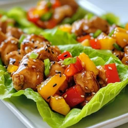 - 1 lb (450g) boneless, skinless chicken thighs, diced into bite-sized pieces - 1/4 cup low-sodium soy sauce - 1/4 cup honey - 2 tablespoons rice vinegar - 1 tablespoon sesame oil - 1 tablespoon freshly grated ginger - 2 cloves garlic, finely minced - 1/2 cup bell pepper, diced (Choose red or yellow for vibrant color) - 1/4 cup green onions, chopped (plus extra for garnishing) - 1/2 teaspoon black sesame seeds (optional, for garnish) - 8 large leafy lettuce leaves (Butter or Romaine work best) - Salt and freshly ground black pepper to taste - Mixing bowl - Skillet - Whisk When making teriyaki chicken lettuce wraps, gather your main ingredients first. The chicken is the star here, so I recommend using boneless, skinless chicken thighs. They stay moist and tender. The sauces add depth and sweetness. Low-sodium soy sauce keeps it savory without being too salty. Honey balances the flavors nicely. Rice vinegar adds a touch of tang, while sesame oil gives a nutty aroma. Next, you will need fresh vegetables. Bell peppers bring color and crunch, while green onions add a mild onion flavor. Don't forget the lettuce leaves! Butter or Romaine lettuce works best for wrapping. For the kitchen tools, a mixing bowl is key for blending your marinade. A skillet is essential for cooking the chicken. Lastly, a whisk helps combine your ingredients smoothly. Having these items ready makes cooking easier and more fun. Enjoy the process and the delicious meal you will create! {{ingredient_image_2}} To start, you need to make the marinade. In a medium mixing bowl, combine the following ingredients: - 1/4 cup low-sodium soy sauce - 1/4 cup honey - 2 tablespoons rice vinegar - 1 tablespoon sesame oil - 1 tablespoon freshly grated ginger - 2 cloves garlic, finely minced Whisk these ingredients together until they blend into a smooth sauce. This marinade gives the chicken its sweet and savory flavor. Next, heat a splash of olive oil in a large skillet over medium-high heat. Once the oil is hot, add the diced chicken thighs. Season them with salt and pepper to taste. Sauté the chicken for about 5-7 minutes. Stir occasionally, so they cook evenly. You want the pieces to turn golden brown and be fully cooked through. Once the chicken is cooked, pour the teriyaki sauce over it. Cook for an additional 3-4 minutes. Stir constantly to let the sauce thicken a bit and coat the chicken. After that, add the diced bell pepper and sliced green onions. Stir for another 2 minutes. You want the peppers to be tender but still crisp. This adds a great crunch to your wraps. To ensure your chicken is cooked through, use boneless, skinless chicken thighs. These pieces stay moist and tender. Cook them in a hot skillet for 5-7 minutes. Make sure they turn golden brown. Always check the center to confirm they are not pink. This gives you juicy and flavorful chicken. For the right sauce consistency, pour the teriyaki sauce over the chicken after it is cooked. Stir it for 3-4 minutes. This thickens the sauce and coats the chicken evenly. A thick sauce enhances the flavor and makes each bite tasty. When plating the wraps, arrange them neatly on a serving platter. This makes them look inviting and fun. Place small bowls of extra green onions and sesame seeds nearby. Guests can add more to their wraps if they like. For optional garnishes, sprinkle black sesame seeds over the wraps. This adds crunch and a nice look. You can also use extra chopped green onions for fresh flavor. These small details make your dish pop and impress your guests. Pro Tips Marinate for More Flavor: Allow the chicken to marinate in the teriyaki sauce for at least 30 minutes before cooking to enhance the flavor profile. Choose Fresh Ingredients: Use fresh ginger and garlic for a more vibrant flavor; they make a significant difference compared to powdered versions. Use Different Veggies: Feel free to mix in other vegetables like shredded carrots or snap peas for added texture and color in your wraps. Perfect Lettuce Leaves: Select large, sturdy lettuce leaves to hold the filling well; Butter lettuce is ideal for its softness and durability. {{image_4}} You can switch out the chicken for other proteins. Tofu works well for a vegetarian option. Shrimp is another great choice for seafood lovers. Both options give you great flavor and texture. When it comes to veggies, you can get creative. Try adding shredded carrots or sliced cucumber for an extra crunch. You can also use radishes or celery for a fresh bite. These swaps keep your wraps exciting and nutritious. To spice things up, add some heat. A dash of hot sauce can give your wraps a kick. You can also mix in some crushed red pepper flakes for added heat. Fruits like pineapple can add sweetness. Diced pineapple pairs well with the teriyaki sauce. It adds a bright flavor that balances the savory chicken. Consider adding mango or even avocado for a creamy twist. These simple changes can make your meal even more delightful. To keep your Teriyaki Chicken Lettuce Wraps fresh, store them in the fridge. Place the wraps in an airtight container. They will stay good for 3-4 days. If you want to store them longer, freezing is a great option. Wrap each lettuce wrap tightly in plastic wrap and then place them in a freezer bag. This will keep them fresh for up to 3 months. When it's time to eat your leftovers, reheating is easy. You can use a microwave for quick warming. Place the chicken mixture in a bowl, cover it, and heat for 1-2 minutes. Stir halfway through to ensure even heating. If you want to keep the lettuce crisp, reheat only the chicken. You can enjoy the wraps cold or at room temperature. The chicken can also be reheated in a skillet over low heat. This method helps keep the texture and flavor intact. Just stir gently until warmed through. To make these wraps gluten-free, you should use gluten-free soy sauce. Look for tamari as a great option. You can also check other sauces for gluten-free labels. Additionally, ensure any rice vinegar and honey are pure and free from additives. This way, you keep all the flavor without gluten. Yes, you can use pre-cooked chicken. It’s a great way to save time. Just chop the chicken into bite-sized pieces. Heat the chicken in the skillet before adding the teriyaki sauce. This helps the sauce stick and adds flavor. Leftover chicken works perfectly in this recipe. These wraps pair well with many sides. Try serving them with steamed rice or quinoa for a fuller meal. Fresh veggies like carrots or cucumber sticks add a nice crunch. You might also enjoy a light drink, like iced tea or sparkling water. These options bring balance to the meal. We covered how to make tasty Teriyaki Chicken Lettuce Wraps. Start with fresh chicken, sauces, and colorful veggies. Follow clear steps to cook and serve. Use tips to ensure perfect flavor and presentation. Feel free to swap ingredients for your taste, and check storage options for leftovers. These wraps are a fun dish that fits any meal. Enjoy trying this easy recipe and make it your own. You’ll impress everyone at the table!