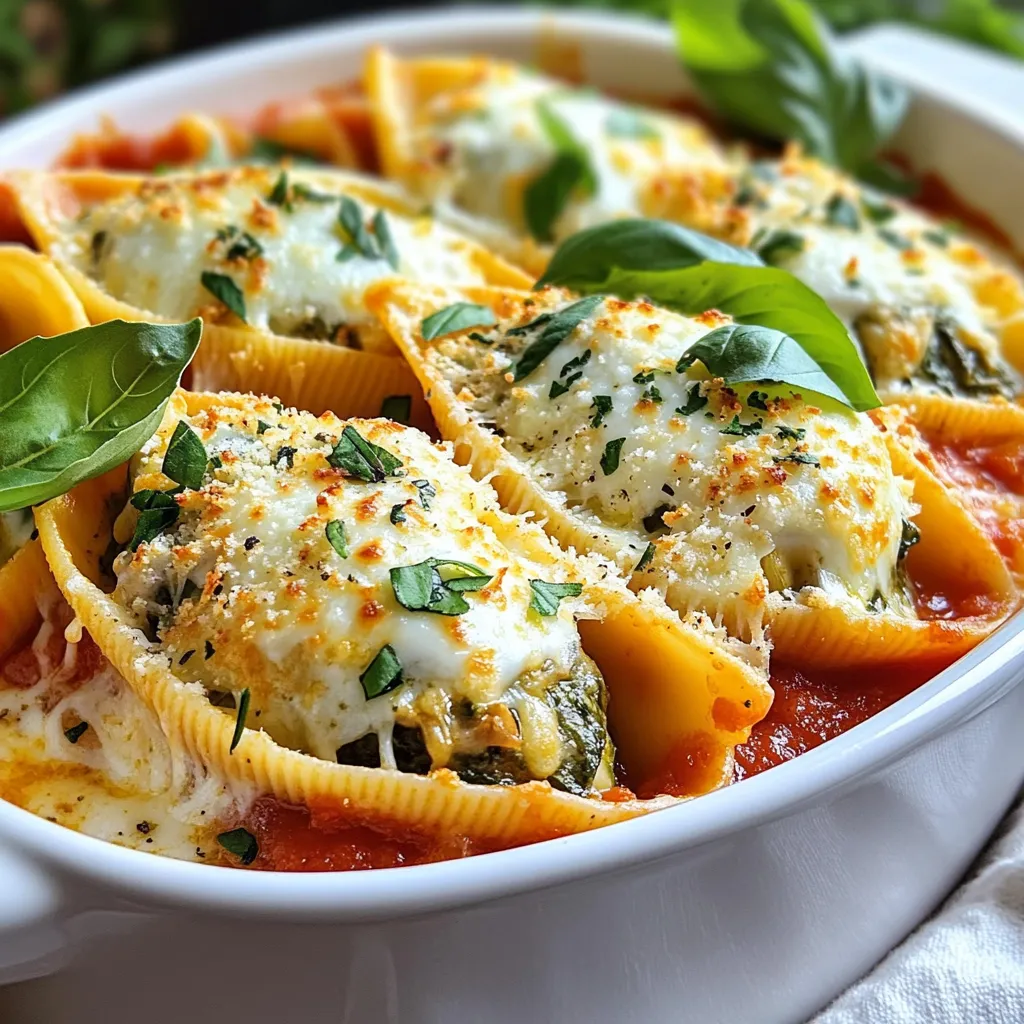 - 20 jumbo pasta shells - 2 cups fresh spinach, chopped - 1 cup mushrooms, finely diced - 1 cup ricotta cheese - 1 cup shredded mozzarella cheese (plus extra for topping) - 1/2 cup grated Parmesan cheese - 1 small onion, finely chopped - 2 cloves garlic, minced - 1 teaspoon dried oregano - 1 teaspoon dried basil - Salt and pepper to taste - 1 jar (24 oz) marinara sauce - 2 tablespoons olive oil For the best flavor, use fresh ingredients. Fresh spinach adds a vibrant color and taste. Opt for ripe mushrooms that are firm and clean. Quality ricotta cheese makes a creamy filling. Choose a good brand of marinara sauce for depth. Fresh herbs, if possible, enhance the dish’s aroma and taste. If you want a lighter dish, you can skip the ricotta and use cottage cheese. You can swap out the mushrooms for zucchini or bell peppers for a different flavor. For a vegan option, use plant-based cheeses and skip the egg. Gluten-free shells are now widely available, making this dish friendly for those with dietary needs. {{ingredient_image_2}} Before cooking, gather all your ingredients. Having everything ready makes the process smooth. Chop the spinach and mushrooms finely. This allows them to blend well in the filling. Use fresh ingredients for the best flavor. Grate the cheeses just before using them to keep them fresh. First, preheat your oven to 375°F (190°C). In a large pot, bring salted water to a boil. Add the jumbo pasta shells to the boiling water. Cook them according to the instructions on the package. Aim for al dente pasta, which means they should be firm but not hard. Once cooked, drain the shells and set them aside to cool gently. This cooling step helps avoid burns and makes them easier to handle. Heat two tablespoons of olive oil in a large skillet over medium heat. Add one small, finely chopped onion. Sauté the onion for about 3-4 minutes until it turns golden and soft. Then, add two minced garlic cloves and one cup of finely diced mushrooms. Cook this mixture for about 5-7 minutes. Stir often until the mushrooms are tender and their moisture has evaporated. Next, add two cups of chopped spinach. Cook just until the spinach wilts, which takes about 2 minutes. Remove the skillet from heat when done. This filling will be rich and flavorful, perfect for your shells. To make the best stuffed shells, focus on the filling. Use fresh ingredients for great flavor. I like to sauté the onions and garlic until soft. This brings out their natural sweetness. Ensure you cook the mushrooms well. This step helps reduce their moisture. If you want extra creaminess, add a splash of cream to the cheese mix. Don't overstuff the shells; keep them filled but not bursting. These stuffed shells shine on their own, but you can elevate them. Serve them with a side salad dressed in olive oil and vinegar. A crusty garlic bread pairs well, too. For a touch of color, garnish your dish with fresh basil leaves. A sprinkle of extra Parmesan adds a nice finish. You can also drizzle a bit of balsamic glaze for a sweet touch. Let the stuffed shells cool before storing. They can sit in the fridge for up to three days. Use an airtight container to keep them fresh. If you have leftovers, reheat them in the oven at 350°F (175°C). Cover the dish with foil to keep them moist. You can freeze them for up to three months. Just make sure to wrap them well. Pro Tips Fresh Spinach is Best: Using fresh spinach instead of frozen will give your dish a vibrant color and better texture. Don’t Overcook the Pasta: Cook the jumbo shells al dente, as they will continue to cook in the oven and you want them to hold their shape. Mix Cheeses for Flavor: Mixing different cheeses like mozzarella and Parmesan enhances the flavor profile and creaminess of the filling. Let it Rest: Allow the stuffed shells to sit for a few minutes after baking. This helps the cheese set and makes serving easier. {{image_4}} You can still enjoy stuffed shells if you need a gluten-free meal. Look for gluten-free jumbo pasta shells in stores. Many brands make pasta from rice or corn. These options taste great and hold the filling well. Always check the package for cooking times, as they may vary from regular pasta. To boost the protein in your stuffed shells, consider adding cooked chicken, turkey, or even ground beef. Simply cook the meat in the skillet with the onions and mushrooms. You can also use canned beans or lentils for a vegetarian option. This adds heartiness and flavor while keeping the dish satisfying. You can switch up the veggies in your filling based on what’s in season. Try adding zucchini, bell peppers, or even artichoke hearts. These vegetables add different flavors and textures. Just make sure to sauté them until tender before mixing them in with your cheeses. This keeps your dish fresh and exciting every time you make it! After enjoying your Spinach Mushroom Stuffed Shells, store leftovers in an airtight container. Let the dish cool to room temperature before sealing it. This helps keep the flavors fresh. You can keep it in the fridge for up to three days. Always label your container with the date. To freeze stuffed shells, first, let them cool completely. Then, place them in a freezer-safe container or wrap them tightly in plastic wrap. You can freeze them for up to three months. If you freeze them with sauce, add a layer of parchment paper before sealing to prevent freezer burn. To reheat, you can use the oven or microwave. For the oven, preheat it to 350°F (175°C). Place the shells in a baking dish and cover with foil. Bake for about 20 minutes or until heated through. If using a microwave, heat on medium power for 2-3 minutes, checking to prevent overheating. Enjoy your delicious meal! Yes, you can prepare these stuffed shells in advance. Cook the pasta and make the filling. Then, assemble the shells in the baking dish. Cover and store them in the fridge for up to one day. When you're ready, bake them straight from the fridge. Just add a few extra minutes to the baking time. If you need a ricotta substitute, try cottage cheese. Blend it until smooth for a creamy texture. You can also use cream cheese or feta cheese. Each option will give a different flavor but will still taste great in the dish. Cooked stuffed shells last about three to five days in the fridge. Store them in an airtight container to keep them fresh. When ready to eat, just reheat them in the oven or microwave until warm. You learned how to make delicious stuffed shells with various ingredients and tips. Using quality ingredients matters for great flavor. I shared steps for easy preparation and cooking of the pasta. You can mix it up with alternatives and variations, too. Finally, proper storage helps keep your leftovers fresh longer. Enjoy your cooking and share this recipe with others!