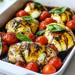 To make this dish, gather these key items: - 4 boneless, skinless chicken breasts - 2 cups cherry tomatoes, halved - 8 oz fresh mozzarella cheese, sliced into rounds - 1/2 cup balsamic glaze - 2 tablespoons olive oil - 4 cloves garlic, minced - 1 teaspoon dried basil - 1 teaspoon dried oregano - Salt and pepper, to taste - Fresh basil leaves, for garnish These ingredients create a tasty and colorful meal. The chicken stays juicy, while the tomatoes burst with flavor. Fresh mozzarella adds a rich creaminess that blends well with the balsamic glaze. You will need a few basic tools for this recipe: - A large, oven-safe baking dish - A mixing bowl for your garlic and glaze - A sharp knife for slicing - A cutting board for chopping - Measuring spoons for accurate amounts Having the right tools helps keep your kitchen organized. This makes cooking easier and more fun. Feel free to get creative with your dish! Here are some fun options: - Extra fresh basil leaves for more fragrance - Crushed red pepper flakes for heat - A sprinkle of pine nuts for texture - A side of crusty bread to soak up juices These garnishes add flair and flavor. They make your meal look great and taste even better. Try them out to suit your taste! {{ingredient_image_2}} Start by gathering your ingredients. You need: - 4 boneless, skinless chicken breasts - 2 cups cherry tomatoes, halved - 8 oz fresh mozzarella cheese, sliced into rounds - 1/2 cup balsamic glaze - 2 tablespoons olive oil - 4 cloves garlic, minced - 1 teaspoon dried basil - 1 teaspoon dried oregano - Salt and pepper, to taste - Fresh basil leaves, for garnish Preheat your oven to 400°F (200°C). This helps the dish cook evenly. Take a large, oven-safe baking dish and pour in the olive oil. Spread it across the bottom. This keeps the chicken from sticking to the dish. Now, season the chicken breasts. Sprinkle salt, pepper, dried basil, and oregano on both sides. Place the chicken breasts in the baking dish, spaced apart. Scatter the halved cherry tomatoes around the chicken. This adds flavor as it cooks. In a small bowl, mix the minced garlic with half of the balsamic glaze. Pour this mixture over the chicken and tomatoes, ensuring the garlic is well spread. Place the baking dish in the hot oven. Bake for 25 minutes. This makes the chicken tender and softens the tomatoes. After 25 minutes, carefully take out the dish. Top each chicken breast with slices of fresh mozzarella cheese. The cheese will melt nicely. Return the dish to the oven for another 10 to 15 minutes. The chicken should reach an internal temperature of 165°F (75°C). The cheese should be melted and a little golden. Before serving, drizzle the remaining balsamic glaze over the dish. This adds extra flavor and a nice look. Lastly, sprinkle fresh basil leaves on top for a burst of color and taste. Enjoy your meal! To cook chicken well, start with fresh meat. Use boneless, skinless chicken breasts for even cooking. Always season both sides well with salt and pepper. This adds flavor and helps keep the chicken juicy. When you bake, use a preheated oven at 400°F (200°C). This helps cook the chicken evenly. Always check the internal temperature with a meat thermometer. It should reach 165°F (75°C) for safety. Let the chicken rest for a few minutes after baking. This keeps it moist and full of flavor. For perfectly melted mozzarella, choose fresh cheese. Slice it into rounds for even melting. Add the cheese during the last baking minutes. This allows it to melt beautifully without overcooking. Keeping the cheese covered with the chicken helps it melt faster. If you want a golden top, broil for a minute. Just keep an eye on it to avoid burning. Avoid cooking chicken straight from the fridge. It cooks unevenly. Always season the chicken well; bland chicken is not tasty. Don't skip the preheating step. A hot oven is key for good texture. If you overcrowd the baking dish, the chicken may steam instead of bake. Finally, don’t rush the resting time. This step is crucial for juicy chicken. Pro Tips Use Fresh Ingredients: Always opt for fresh mozzarella and ripe cherry tomatoes to enhance the flavor of your dish. Rest the Chicken: Let the chicken rest for a few minutes after baking. This allows juices to redistribute, ensuring a moist and tender result. Customize Your Herbs: Feel free to mix in fresh herbs like thyme or rosemary if you have them on hand for added depth of flavor. Serving Suggestions: This dish pairs wonderfully with a side of garlic bread or a light salad for a complete meal. {{image_4}} You can easily swap ingredients in this dish. If you want a different cheese, try goat cheese or feta cheese. They add a unique flavor. You can also use low-fat mozzarella if you're watching calories. For herbs, fresh basil is great, but you can use thyme or parsley. Want a kick? Add a pinch of red pepper flakes for some heat. To make this dish vegetarian, simply replace the chicken with portobello mushrooms or eggplant. These veggies soak up flavors well and add a hearty texture. Use the same seasonings and add more cherry tomatoes for extra flavor. This way, you still get that Caprese vibe without meat. You can boost the dish by adding more veggies. Try bell peppers, zucchini, or spinach. Just chop them up and scatter them around the chicken. If you want more protein, add chickpeas or black beans. They give a nice crunch and pair well with the glaze. This makes the dish more filling and colorful. After enjoying your Balsamic Glazed Caprese Chicken Bake, save any leftovers. Allow the dish to cool down first. Then, cover it with plastic wrap or place it in an airtight container. Store it in the fridge for up to three days. This keeps the chicken and tomatoes fresh. If you want to save it longer, freezing is a great option. Let the dish cool completely before freezing. Portion it out into freezer-safe containers. This helps you thaw only what you need. You can freeze it for up to three months. Remember to label the containers with the date. To reheat, start by thawing in the fridge overnight if frozen. Preheat your oven to 350°F (175°C). Place the dish in an oven-safe container. Cover it with foil to keep it moist. Heat for about 20-25 minutes, or until it’s hot throughout. You can also reheat in the microwave for a quicker option. Just use a microwave-safe dish and heat in short bursts. Enjoy your tasty meal! You can serve this dish with a side salad or some garlic bread. A fresh arugula salad adds a nice peppery bite. You might also enjoy roasted vegetables, like zucchini or asparagus. These pair well with the chicken's flavors. If you want something simple, serve it with rice or pasta. The balsamic glaze complements many sides. Yes, you can use chicken thighs instead of breasts. Thighs are juicier and more flavorful. They will also cook well with the same method. Just make sure they are boneless and skinless for best results. You may need to adjust the cooking time slightly. Check the internal temperature, which should still reach 165°F. To know if the chicken is fully cooked, check its temperature. Use a meat thermometer to check the thickest part of the breast. It should read 165°F (75°C). If you don’t have a thermometer, cut into the chicken. The juices should run clear, not pink. Another sign is the meat should feel firm to the touch. This recipe for Balsamic Glazed Caprese Chicken Bake combines fresh ingredients, handy tools, and simple steps. You can bake juicy chicken topped with melted cheese and sweet tomatoes. Dusting the dish with optional garnishes adds flavor and flair. Avoid common cooking mistakes to ensure success. Consider variations to suit your taste or dietary needs. Store any extras properly for future meals. Enjoy this dish as a family favorite or for guests. Cooking can be fun and rewarding with the right guidance.