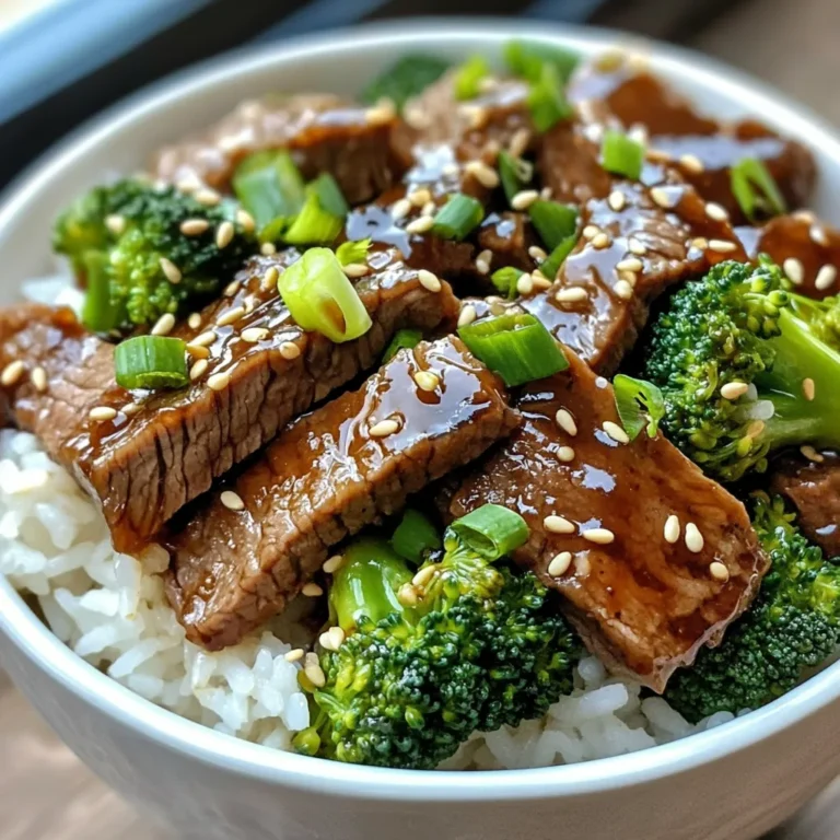 - 1 lb flank steak, sliced thinly against the grain - 2 cups broccoli florets - 1 tablespoon olive oil - 2 cloves garlic, minced - 1 tablespoon fresh ginger, grated - 1/2 cup low-sodium soy sauce - 1/4 cup honey or maple syrup - 1 tablespoon sesame oil - 1 teaspoon cornstarch mixed with 2 tablespoons water - 2 cups cooked jasmine rice - Sesame seeds for garnish - Green onions, sliced, for garnish - Salt and pepper to taste The key ingredients create a tasty teriyaki steak and broccoli bowl. Freshness matters. Fresh broccoli and ginger boost flavor. Choose good quality flank steak for the best taste and texture. You can swap flank steak with other meats. Chicken breast is a great choice. If you want a vegetarian option, try tofu. For gluten-free needs, use tamari instead of soy sauce. Other veggies like bell peppers or snap peas work well too. Toppings make a big difference in flavor. Consider adding sesame seeds for crunch. Green onions give a nice pop of freshness. They add color and flavor to your dish. These simple garnishes enhance your meal and make it look beautiful. {{ingredient_image_2}} How to prepare the steak First, slice the flank steak thinly against the grain. This helps the steak stay tender. Season the slices lightly with salt and pepper. Set them aside as you move on to the sauce. Preparing the teriyaki sauce In a small bowl, whisk together the following: - 1/2 cup low-sodium soy sauce - 1/4 cup honey or maple syrup - 1 tablespoon sesame oil - 2 cloves garlic, minced - 1 tablespoon fresh ginger, grated Mix these ingredients well. This sauce brings all the flavor to your dish. Skillet vs. wok: Which to use? You can use either a large skillet or a wok. A skillet works well if you want easy flipping. A wok heats up quickly and allows for more stirring. I often prefer the wok for a quick stir-fry. Timing tips for perfect steak and broccoli Cook the steak for 3-4 minutes. Look for a nice sear on the outside. For broccoli, stir-fry it for 2-3 minutes. You want it bright and slightly tender but still crisp. Serving suggestions for bowls Take two cups of cooked jasmine rice. Divide it among your bowls. Then, generously top each bowl with the teriyaki steak and broccoli mixture. This makes for a hearty meal. Tips for garnishing Sprinkle sesame seeds over each bowl. Add sliced green onions for a pop of color. These garnishes enhance the flavor and make your dish look great. How to achieve the best sear on steak To get a nice sear, start with a hot pan. Use medium-high heat and add olive oil. Let the oil shimmer before adding thinly sliced flank steak. Avoid overcrowding the skillet. Cook in batches if needed. This helps each piece get a great brown color and flavor. Ensuring broccoli retains its crunch For crunchy broccoli, stir-fry quickly. Add the florets to the hot skillet after cooking the steak. Cook for 2-3 minutes, just until bright green. This keeps the broccoli crisp and fresh, adding a nice bite to your meal. Adjusting sweetness in teriyaki sauce If you like it sweeter, add more honey or maple syrup. Start with a small amount to avoid overdoing it. Taste as you go, and balance with soy sauce if it gets too sweet. This way, you create a sauce that suits your taste. Adding heat: spices or sauces to consider For some heat, try adding red pepper flakes or sriracha to the teriyaki sauce. A little goes a long way. Mix it in while cooking to get the right spice level. This adds depth and makes your dish exciting. Storing components separately When prepping for the week, store the steak, broccoli, and rice in separate containers. This keeps everything fresh and prevents sogginess. You can mix them just before eating for the best taste and texture. Reheating methods for best results To reheat, use the microwave or a skillet. If using the microwave, heat in short bursts to avoid drying out the steak. If using a skillet, add a splash of water and cover it. This keeps everything moist and tasty. Pro Tips Slice Against the Grain: Ensure your flank steak is sliced against the grain to maximize tenderness and create a more enjoyable bite. Control Your Sauce Consistency: Adjust the amount of cornstarch slurry based on your preference for sauce thickness; a little goes a long way! Fresh Ingredients Matter: Use fresh garlic and ginger for the best flavor in your teriyaki sauce; they can significantly enhance the overall dish. Customize Your Bowl: Feel free to add other vegetables like bell peppers or snap peas for additional color and nutrients in your teriyaki bowls. {{image_4}} You can change up the protein in your teriyaki bowls. Chicken works well here. Simply cook it the same way as the steak. Tofu is a great choice for a vegetarian option. You can press and cube it before cooking. Both options absorb the teriyaki sauce nicely. For vegans, use tofu or tempeh for added protein. Want some spice? You can use a spicy teriyaki sauce. This sauce adds a kick that pairs well with the steak and broccoli. If you prefer a zesty flavor, add citrus. Fresh orange or lime juice gives the dish a bright twist. Just squeeze some juice into the sauce before adding it to the pan. For extra texture, consider adding grains. Quinoa or brown rice are excellent choices. They add fiber and make the meal more filling. You can also throw in nuts for crunch. Toasted sesame seeds or chopped peanuts work well. Adding other vegetables like bell peppers or snap peas can boost the color and nutrients too. To store leftovers, place the teriyaki steak and broccoli in an airtight container. Make sure to let it cool before sealing. This way, you keep the flavors fresh. The shelf life of teriyaki steak and broccoli bowls is about three to four days in the fridge. Yes, you can freeze teriyaki steak and broccoli! First, let it cool completely. Then, place it in a freezer-safe container. It can last up to three months in the freezer. When you reheat, do it slowly in the fridge overnight. This helps keep the taste and texture. For meal prepping, use glass or BPA-free plastic containers. They keep your meals fresh and make it easy to see what's inside. Portion out the rice, steak, and broccoli in separate containers. This makes it quicker to grab a meal during a busy week. How can I make teriyaki sauce from scratch? To make teriyaki sauce, mix soy sauce, honey, sesame oil, minced garlic, and grated ginger. Whisk them well until combined. This sauce adds great flavor to your dish. You can adjust the sweetness by adding more honey or maple syrup. What’s the best way to slice flank steak? Slice flank steak against the grain. This means cutting across the fibers of the meat. Thin slices will make it tender and easy to chew. Use a sharp knife for clean cuts. Is teriyaki sauce healthy? Teriyaki sauce can be healthy in moderation. It contains soy sauce, honey, and garlic, which have benefits. However, it can be high in sodium and sugar. Look for low-sodium soy sauce to keep it healthier. Can I reduce sugar in the recipe? Yes, you can reduce sugar in the recipe. Use less honey or maple syrup. You can also try using a sugar substitute like stevia. Experiment to find your preferred sweetness level. What can I serve with teriyaki steak and broccoli bowls? Serve your teriyaki steak and broccoli bowls with jasmine rice. You can also try quinoa or brown rice for a different grain. Add a side of pickled vegetables for extra crunch. Can I prepare the dish in advance for meal prepping? Yes, you can prepare this dish in advance. Cook the steak and broccoli, then store them separately from the rice. This keeps everything fresh. Reheat when you're ready to enjoy your meal. In this guide, we explored the secrets behind making tasty teriyaki steak and broccoli. We discussed choosing fresh ingredients and the right cooking method. You learned how to adjust flavors, add custom touches, and store your dish properly. These tips help create meals that are satisfying and fun. Remember, making this dish can be easy and enjoyable. Don't hesitate to experiment with flavors and ingredients. Happy cooking!