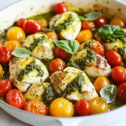 For the Pesto Chicken Caprese Skillet, you need simple, fresh ingredients. Here’s what you’ll need: - 2 boneless, skinless chicken breasts - 1 cup fresh basil pesto - 1 cup cherry tomatoes, halved - 1 cup fresh mozzarella balls (bocconcini) - 2 tablespoons olive oil - Salt and pepper to taste - Fresh basil leaves, torn, for garnish These ingredients come together to create a delightful one-pan meal. The chicken gives you protein, while the pesto adds a rich, herby flavor. The cherry tomatoes bring sweetness, and the mozzarella gives a creamy texture. Each bite is a burst of flavor, making this dish a crowd-pleaser. If you want to make it even more special, you can choose high-quality pesto. You can make it from scratch or buy it fresh from a store. The choice of tomatoes matters too. Look for ripe, juicy cherry tomatoes for the best taste. This list keeps things simple. You can find these items at most grocery stores. Using fresh ingredients helps the dish shine. Remember, quality matters in cooking. Enjoy the process of gathering your ingredients! {{ingredient_image_2}} - Seasoning the chicken First, take the chicken breasts. Sprinkle salt and pepper on both sides. Use enough to coat well for flavor. - Cooking in the skillet Heat olive oil in a large skillet over medium-high heat. When the oil shimmers, add the chicken. Cook for 5-7 minutes on each side. Look for a golden brown color. The chicken should reach an internal temperature of 165°F. - Keeping the chicken warm Once the chicken is cooked, move it to a plate. Cover it loosely with foil. This keeps it warm while you cook the other ingredients. - Cooking time and technique In the same skillet, add the halved cherry tomatoes. Cook them for about 2-3 minutes. Stir occasionally. You want them to soften up nicely. - Tips for releasing juices To help the tomatoes release their juices, gently press on them with a spatula. This will add great flavor to the dish. - Adding pesto to the chicken Lower the heat to low. Return the chicken to the skillet. Spoon fresh basil pesto over each breast. Make sure they are well coated. - Melting the mozzarella Scatter fresh mozzarella balls on top of the chicken. Cover the skillet with a lid. Let it cook for 3-4 minutes. The cheese should melt and become bubbly. - Garnishing with basil Before serving, tear fresh basil leaves. Sprinkle them on top for a burst of color and flavor. This adds an aromatic touch to your dish. To achieve the right chicken texture, start with even-sized chicken breasts. This helps them cook evenly. Season the chicken with salt and pepper before cooking. Heat the olive oil until it shimmers, then add the chicken. Cook for 5-7 minutes on each side. The chicken should be golden brown and reach 165°F (75°C) inside. To ensure the mozzarella melts perfectly, add it when the chicken is almost done. Cover the skillet with a lid after adding the mozzarella. This traps the heat and helps the cheese melt evenly. Cook until it is bubbly and gooey. For serving ideas, you can place the skillet right on the table. This makes for a fun and casual meal. If you prefer, transfer the chicken and sauce to a large serving plate. Drizzle extra pesto on top for added color and flavor. Serve with crusty garlic bread for a nice touch. Adding extra garnishes can elevate your dish. Use torn fresh basil leaves for a fragrant finish. You could also sprinkle some crushed red pepper for a hint of heat. To enhance the flavor, try adding spices like garlic powder or Italian seasoning. These can complement the pesto well. A squeeze of lemon juice can brighten the dish too. For pairing recommendations, a light salad works well with this meal. You could also serve it with roasted veggies or a simple pasta side. These options balance the richness of the pesto and cheese. Pro Tips Use Fresh Ingredients: Always opt for fresh basil and quality mozzarella for the best flavor. Fresh ingredients elevate the dish and make it more vibrant. Perfectly Cooked Chicken: Ensure the chicken breasts are of even thickness for uniform cooking. You can pound them gently between two sheets of plastic wrap if necessary. Customize Your Pesto: Feel free to experiment with different types of pesto, such as sun-dried tomato or arugula pesto, for a unique twist on the classic flavor. Serve with Sides: This dish pairs wonderfully with a side of garlic bread or a fresh green salad, enhancing the overall dining experience. {{image_4}} You can easily change the proteins in this dish. Shrimp works well with the pesto flavor. If you prefer a plant-based option, tofu is a great choice. Both will bring a unique twist to the recipe. Cheese is another area where you can play around. If you want a sharper taste, try a nice aged cheddar. For a creamier texture, go for burrata instead of mozzarella. Each cheese will shift the flavor profile a bit. If you want a hands-off approach, you can bake this dish. Preheat your oven to 375°F (190°C). Arrange the chicken in a baking dish, cover it with pesto and mozzarella, and bake for about 25 minutes. The cheese will melt beautifully. Grilling is another fun option, especially in summer. Simply marinate the chicken in pesto. Grill it for about 6-8 minutes on each side. Add the cherry tomatoes on the grill for a smoky flavor. You’ll love the fresh taste! For gluten-free needs, this dish is naturally safe. Just ensure your pesto does not contain gluten. Most are gluten-free, but always check labels. If you are watching carbs, you can skip the mozzarella or use less. Serve the chicken with a side of steamed veggies instead of bread. This keeps it light but still very tasty. To keep your Pesto Chicken Caprese Skillet fresh, place leftovers in the fridge. Use an airtight container. This helps keep moisture in and prevents strong odors from mixing. Make sure to eat them within three days for the best taste. When reheating, use the stove for the best texture. Warm over low heat, adding a splash of water or broth. This keeps the chicken moist. If using a microwave, cover the dish with a damp paper towel. This helps avoid dryness during reheating. If you want to freeze your skillet meal, portion it into single servings. Use freezer-safe containers or bags. Label them with the date. For best flavor, eat within three months. To thaw, place it in the fridge overnight. This keeps the taste fresh and ready for a quick meal. Making this dish is quick and easy. The prep time is about 10 minutes. Cooking takes around 15 minutes. So, you will need about 25 minutes in total to make it. This means you can have a tasty meal on the table in no time. Yes, you can use store-bought pesto. It saves time and is very convenient. However, it may not have the same fresh taste as homemade. If you have fresh basil, try making your own. Homemade pesto is easy and only takes a few minutes. This dish is great with many sides. Here are a few ideas: - Garlic bread - Simple green salad - Roasted vegetables - Quinoa or rice These sides will add color and flavor to your meal. They will also help balance the rich flavors of the chicken and pesto. In this blog post, we explored how to make a tasty Pesto Chicken Caprese Skillet. We covered ingredient lists, cooking steps, and useful tips to enhance your dish. Remember, you can swap ingredients or adjust cooking methods to fit your needs. Proper storage and reheating will keep your leftovers delicious. Try different sides to complement the meal. With these steps, you can create a flavorful and satisfying dish. Enjoy your cooking journey and share your meal with others!