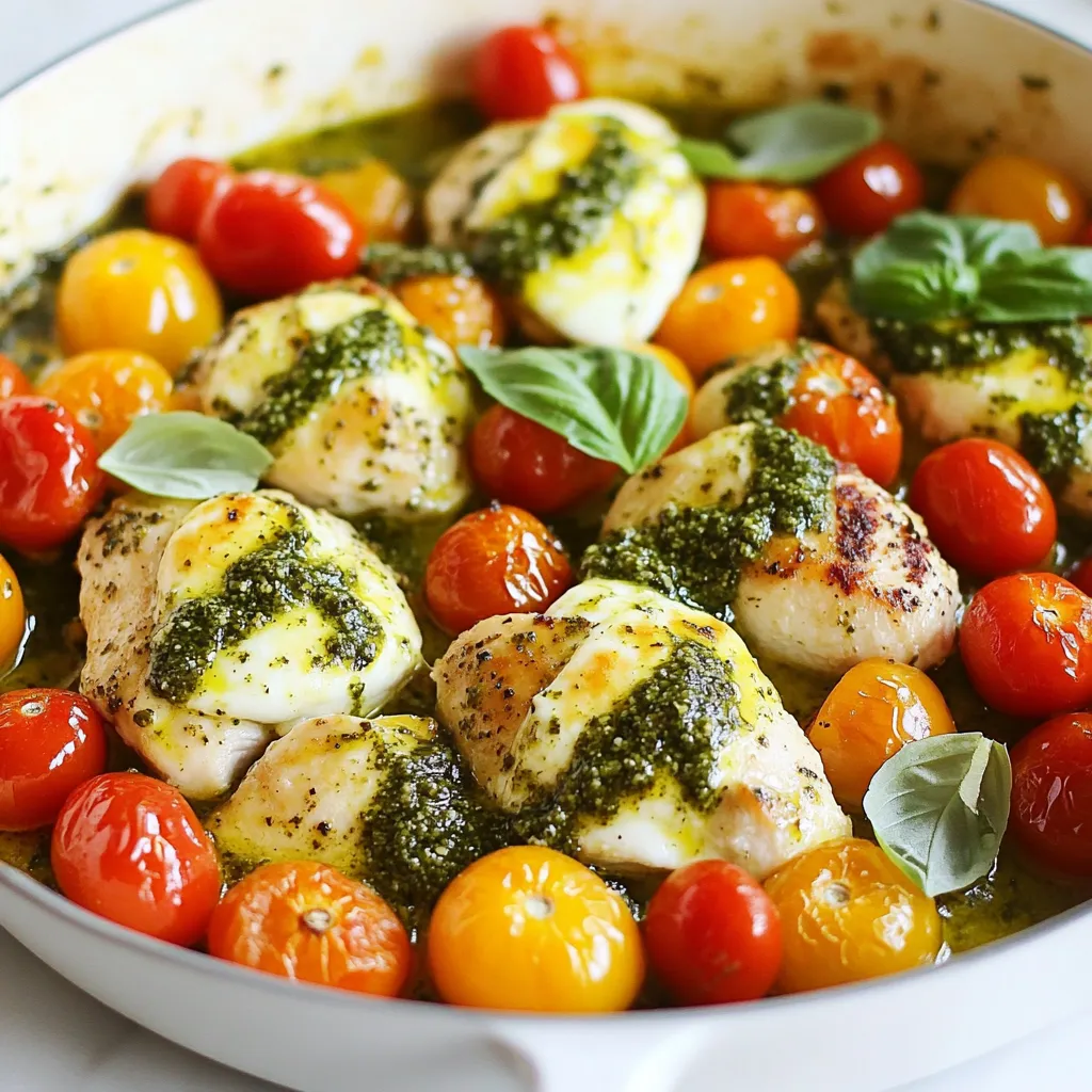 For the Pesto Chicken Caprese Skillet, you need simple, fresh ingredients. Here’s what you’ll need: - 2 boneless, skinless chicken breasts - 1 cup fresh basil pesto - 1 cup cherry tomatoes, halved - 1 cup fresh mozzarella balls (bocconcini) - 2 tablespoons olive oil - Salt and pepper to taste - Fresh basil leaves, torn, for garnish These ingredients come together to create a delightful one-pan meal. The chicken gives you protein, while the pesto adds a rich, herby flavor. The cherry tomatoes bring sweetness, and the mozzarella gives a creamy texture. Each bite is a burst of flavor, making this dish a crowd-pleaser. If you want to make it even more special, you can choose high-quality pesto. You can make it from scratch or buy it fresh from a store. The choice of tomatoes matters too. Look for ripe, juicy cherry tomatoes for the best taste. This list keeps things simple. You can find these items at most grocery stores. Using fresh ingredients helps the dish shine. Remember, quality matters in cooking. Enjoy the process of gathering your ingredients! {{ingredient_image_2}} - Seasoning the chicken First, take the chicken breasts. Sprinkle salt and pepper on both sides. Use enough to coat well for flavor. - Cooking in the skillet Heat olive oil in a large skillet over medium-high heat. When the oil shimmers, add the chicken. Cook for 5-7 minutes on each side. Look for a golden brown color. The chicken should reach an internal temperature of 165°F. - Keeping the chicken warm Once the chicken is cooked, move it to a plate. Cover it loosely with foil. This keeps it warm while you cook the other ingredients. - Cooking time and technique In the same skillet, add the halved cherry tomatoes. Cook them for about 2-3 minutes. Stir occasionally. You want them to soften up nicely. - Tips for releasing juices To help the tomatoes release their juices, gently press on them with a spatula. This will add great flavor to the dish. - Adding pesto to the chicken Lower the heat to low. Return the chicken to the skillet. Spoon fresh basil pesto over each breast. Make sure they are well coated. - Melting the mozzarella Scatter fresh mozzarella balls on top of the chicken. Cover the skillet with a lid. Let it cook for 3-4 minutes. The cheese should melt and become bubbly. - Garnishing with basil Before serving, tear fresh basil leaves. Sprinkle them on top for a burst of color and flavor. This adds an aromatic touch to your dish. To achieve the right chicken texture, start with even-sized chicken breasts. This helps them cook evenly. Season the chicken with salt and pepper before cooking. Heat the olive oil until it shimmers, then add the chicken. Cook for 5-7 minutes on each side. The chicken should be golden brown and reach 165°F (75°C) inside. To ensure the mozzarella melts perfectly, add it when the chicken is almost done. Cover the skillet with a lid after adding the mozzarella. This traps the heat and helps the cheese melt evenly. Cook until it is bubbly and gooey. For serving ideas, you can place the skillet right on the table. This makes for a fun and casual meal. If you prefer, transfer the chicken and sauce to a large serving plate. Drizzle extra pesto on top for added color and flavor. Serve with crusty garlic bread for a nice touch. Adding extra garnishes can elevate your dish. Use torn fresh basil leaves for a fragrant finish. You could also sprinkle some crushed red pepper for a hint of heat. To enhance the flavor, try adding spices like garlic powder or Italian seasoning. These can complement the pesto well. A squeeze of lemon juice can brighten the dish too. For pairing recommendations, a light salad works well with this meal. You could also serve it with roasted veggies or a simple pasta side. These options balance the richness of the pesto and cheese. Pro Tips Use Fresh Ingredients: Always opt for fresh basil and quality mozzarella for the best flavor. Fresh ingredients elevate the dish and make it more vibrant. Perfectly Cooked Chicken: Ensure the chicken breasts are of even thickness for uniform cooking. You can pound them gently between two sheets of plastic wrap if necessary. Customize Your Pesto: Feel free to experiment with different types of pesto, such as sun-dried tomato or arugula pesto, for a unique twist on the classic flavor. Serve with Sides: This dish pairs wonderfully with a side of garlic bread or a fresh green salad, enhancing the overall dining experience. {{image_4}} You can easily change the proteins in this dish. Shrimp works well with the pesto flavor. If you prefer a plant-based option, tofu is a great choice. Both will bring a unique twist to the recipe. Cheese is another area where you can play around. If you want a sharper taste, try a nice aged cheddar. For a creamier texture, go for burrata instead of mozzarella. Each cheese will shift the flavor profile a bit. If you want a hands-off approach, you can bake this dish. Preheat your oven to 375°F (190°C). Arrange the chicken in a baking dish, cover it with pesto and mozzarella, and bake for about 25 minutes. The cheese will melt beautifully. Grilling is another fun option, especially in summer. Simply marinate the chicken in pesto. Grill it for about 6-8 minutes on each side. Add the cherry tomatoes on the grill for a smoky flavor. You’ll love the fresh taste! For gluten-free needs, this dish is naturally safe. Just ensure your pesto does not contain gluten. Most are gluten-free, but always check labels. If you are watching carbs, you can skip the mozzarella or use less. Serve the chicken with a side of steamed veggies instead of bread. This keeps it light but still very tasty. To keep your Pesto Chicken Caprese Skillet fresh, place leftovers in the fridge. Use an airtight container. This helps keep moisture in and prevents strong odors from mixing. Make sure to eat them within three days for the best taste. When reheating, use the stove for the best texture. Warm over low heat, adding a splash of water or broth. This keeps the chicken moist. If using a microwave, cover the dish with a damp paper towel. This helps avoid dryness during reheating. If you want to freeze your skillet meal, portion it into single servings. Use freezer-safe containers or bags. Label them with the date. For best flavor, eat within three months. To thaw, place it in the fridge overnight. This keeps the taste fresh and ready for a quick meal. Making this dish is quick and easy. The prep time is about 10 minutes. Cooking takes around 15 minutes. So, you will need about 25 minutes in total to make it. This means you can have a tasty meal on the table in no time. Yes, you can use store-bought pesto. It saves time and is very convenient. However, it may not have the same fresh taste as homemade. If you have fresh basil, try making your own. Homemade pesto is easy and only takes a few minutes. This dish is great with many sides. Here are a few ideas: - Garlic bread - Simple green salad - Roasted vegetables - Quinoa or rice These sides will add color and flavor to your meal. They will also help balance the rich flavors of the chicken and pesto. In this blog post, we explored how to make a tasty Pesto Chicken Caprese Skillet. We covered ingredient lists, cooking steps, and useful tips to enhance your dish. Remember, you can swap ingredients or adjust cooking methods to fit your needs. Proper storage and reheating will keep your leftovers delicious. Try different sides to complement the meal. With these steps, you can create a flavorful and satisfying dish. Enjoy your cooking journey and share your meal with others!