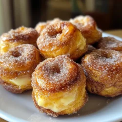 To make these tasty bites, you need the following main ingredients: - 1 ½ cups warm water (between 110°F and 115°F) - 2 tablespoons granulated sugar - 1 packet (2 ¼ teaspoons) active dry yeast - 4 cups all-purpose flour - ¾ teaspoon salt - ½ cup baking soda (for boiling) - ½ cup unsalted butter, melted - ½ cup granulated sugar (for coating) - 2 teaspoons ground cinnamon Warm water activates the yeast. Sugar helps it grow. All-purpose flour gives the dough structure. Salt adds flavor. Baking soda creates the perfect pretzel texture. Butter makes them rich and tasty. The cinnamon and sugar mix gives them their sweet twist. You can enhance your pretzel bites with these fun dipping sauces: - Melted chocolate - Sweet cream cheese dip - Caramel sauce These sauces add extra flavor and fun. Try different ones to find your favorite! Using fresh ingredients makes a big difference. Check the yeast for freshness before using it. Old yeast won’t rise properly. Use good quality butter for the best taste. Fresh cinnamon is more flavorful than older spices. For flour, use all-purpose for the best texture. Quality ingredients lead to tasty bites! {{ingredient_image_2}} To start, grab a large mixing bowl. Pour in 1 ½ cups of warm water. The water should feel warm but not hot, around 110°F to 115°F. Add 2 tablespoons of granulated sugar and stir until it dissolves. Sprinkle 1 packet of active dry yeast over the water. Let it sit for about 5 minutes, until frothy. This shows the yeast is alive. Next, add 4 cups of all-purpose flour and ¾ teaspoon of salt. Mix well to form a shaggy dough. Transfer this dough to a floured surface and knead for about 5 minutes. The dough should feel smooth and elastic. After kneading, shape it into a ball. Place it in a greased bowl and cover it. Let it rise in a warm place for about 1 hour. The dough will double in size. Preheat your oven to 425°F (220°C). Line a baking sheet with parchment paper to prevent sticking. Once your dough has risen, gently punch it down to release air. Transfer the dough to a floured surface. Cut it into small pieces, about 1 inch each, and roll these into balls. In a large pot, bring about 10 cups of water to a boil. Carefully whisk in ½ cup of baking soda. Be cautious, as it may bubble up. Using a slotted spoon, drop in the pretzel bites. Boil each side for about 30 seconds. After boiling, place the bites on the prepared baking sheet. Now, brush the boiled pretzel bites with melted unsalted butter. Make sure they are well coated. In a small bowl, mix ½ cup of granulated sugar with 2 teaspoons of ground cinnamon. Sprinkle this mixture generously over the pretzel bites. Bake in the preheated oven for 12 to 15 minutes. You want them golden brown and puffed. Let them cool slightly on the baking sheet before serving. Enjoy these warm and fluffy bites right from the oven! When making cinnamon sugar pretzel bites, avoid rushing the yeast step. If the water is too hot, it can kill the yeast. Always check the temperature. Letting the dough rise in a cold area can slow down its growth. Make sure to find a warm spot. Another mistake is not boiling the bites long enough. Boil them for a full 30 seconds on each side. This ensures they get that perfect pretzel texture. To activate yeast, use warm water between 110°F and 115°F. This is the sweet spot for yeast to bloom. Sprinkle the yeast on top of the water and sugar mixture. Let it sit for about 5 minutes without stirring. You should see bubbles forming, which means the yeast is active. If there are no bubbles, start over with fresh yeast. This step is key for fluffy pretzel bites. For a great cinnamon sugar coating, combine ½ cup sugar with 2 teaspoons cinnamon in a small bowl. Mix it well to avoid clumps. After boiling the bites, brush them with melted unsalted butter while they are still hot. This helps the cinnamon sugar stick nicely. Don't be shy—sprinkle generously for a sweet, flavorful bite. Enjoy the warm, sweet aroma filling your kitchen! Pro Tips Water Temperature: Make sure your water is at the right temperature (between 110°F and 115°F) for the yeast to activate properly. Too hot or too cold can hinder the rising process. Kneading Technique: Knead the dough until it's smooth and elastic. This step is crucial for developing the gluten structure, which creates that perfect chewy texture in your pretzel bites. Boiling Solution: Don't skip the baking soda in the boiling water. It gives the pretzel bites their characteristic flavor and beautiful brown color. Serving Suggestion: For an extra treat, serve your pretzel bites with a side of melted chocolate or cream cheese dip for a delightful contrast to the cinnamon sugar topping. {{image_4}} If you love sweet treats, try adding chocolate or caramel dips. Melt some chocolate chips in a bowl. You can use dark, milk, or white chocolate. Dip your warm pretzel bites in this chocolate for a rich flavor. For a caramel dip, heat caramel sauce in a pot. This adds a gooey, sweet touch. Both dips make your pretzel bites even more fun! For a savory twist, consider cheese-stuffed pretzel bites. Use your favorite cheese, like cheddar or mozzarella. Flatten each dough ball and place a small piece of cheese inside. Seal the dough around the cheese and shape it into a ball. Then, follow the same boiling and baking steps. You’ll enjoy a cheesy surprise inside each bite. If you need a gluten-free option, you can still enjoy these pretzel bites. Use a gluten-free all-purpose flour blend. Make sure it contains xanthan gum for the right texture. Follow the same steps as in the original recipe. This way, everyone can enjoy warm and tasty pretzel bites, no matter their diet! To keep your cinnamon sugar pretzel bites fresh, place them in an airtight container. This helps avoid any moisture loss. Store them at room temperature for up to two days. If you have leftover bites, you can place them in the fridge for up to a week. Just remember, they may lose their soft texture. When you're ready to enjoy your pretzel bites again, reheating is simple. Preheat your oven to 350°F (175°C). Place the bites on a baking sheet and heat them for about 5 to 7 minutes. This method helps restore their warm, fluffy texture. You can also microwave them for about 15 seconds if you need a quick fix, but they won't be as crispy. You can freeze these pretzel bites for later use! First, let them cool completely. Then, place them in a single layer on a baking sheet and freeze until solid. After that, transfer them to a freezer bag or container. They can stay frozen for up to three months. When you're ready to eat, thaw them overnight in the fridge. Reheat as mentioned above for the best results. You should serve Cinnamon Sugar Pretzel Bites warm. Place them in a nice bowl. You can also add a small dish of melted chocolate or cream cheese dip. This makes them even more enjoyable. The warm bites and sweet dip create a perfect combo. Yes, you can make these bites ahead. Once they cool, store them in an airtight container. They stay fresh for about two days at room temperature. You can also freeze them for longer storage. Just reheat them in the oven before serving. To adjust for dietary needs, use gluten-free flour for a gluten-free option. You can also replace granulated sugar with coconut sugar for a healthier choice. If you want a dairy-free version, use vegan butter or omit it entirely. These swaps keep the bites tasty and enjoyable. You can find pre-made Cinnamon Sugar Pretzel Bites at many bakeries and grocery stores. Some snack shops also sell them, especially at fairs or festivals. Check the frozen section, as some stores offer frozen versions for easy baking at home. You now have a full guide to making Cinnamon Sugar Pretzel Bites. We covered key ingredients, step-by-step instructions, and helpful tips. You learned how to avoid common mistakes and explore fun variations. Proper storage keeps them fresh for later. These bites are great for snacks or parties. With a little practice, you can wow friends and family. Enjoy every delicious bite!