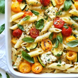 For Baked Feta Pasta Primavera, I love using penne or fusilli pasta. These shapes hold sauce well. You can also try other types like farfalle or rigatoni. Each pasta brings a unique twist. Next, let’s talk about vegetables. I like cherry tomatoes for their sweetness. Sliced zucchini adds a nice crunch. Bell peppers bring color and flavor, while green beans add a fresh touch. Feel free to use other veggies too, like spinach or carrots. The more colors, the better! Feta cheese is the star in this dish. It melts beautifully and gives a creamy texture. The salty flavor enhances the veggies and pasta. Choose a good-quality feta for the best taste. Herbs and spices are key to flavor. I recommend dried oregano for a classic touch. You can also use thyme or basil for different notes. Don't forget to add salt and pepper for balance! For extra richness, sprinkle grated parmesan cheese on top before serving. It adds a lovely umami flavor. If you want a fresh finish, try fresh basil leaves as a garnish. They brighten the dish and make it look appealing! {{ingredient_image_2}} Start by prepping your vegetables. Wash them well. Cut the cherry tomatoes in half. Slice the zucchini into half-moons. Dice your bell pepper into small pieces. Trim the green beans and cut them into one-inch pieces. Next, preheat your oven to 400°F (200°C). This step is key. A hot oven helps cook everything evenly and quickly. Now, combine the ingredients in a large baking dish. Add the halved cherry tomatoes, sliced zucchini, diced bell pepper, and trimmed green beans. Drizzle two tablespoons of olive oil over the vegetables. Sprinkle on the dried oregano, salt, and pepper. Toss gently so each piece gets some oil and seasoning. Place the feta cheese in the center of the dish. This is important. The feta will melt and mix with the vegetables, creating a rich sauce. Drizzle the remaining two tablespoons of olive oil on top of the feta. Bake this in your preheated oven for about 25 to 30 minutes. The veggies should be tender, and the feta should be golden and slightly melted. While your dish bakes, cook the pasta. Follow the package instructions to get it just right. You want it al dente, or firm to the bite. Once it’s cooked, drain the pasta and set it aside. When your baking time is up, carefully take the dish out of the oven. Use a fork to mash the baked feta with the roasted vegetables. This creates a creamy sauce. Add the drained pasta to the dish. Toss everything together until the pasta is well coated with the feta and veggies. Taste and adjust the salt and pepper if needed. Serve your Baked Feta Pasta Primavera hot. Garnish with fresh basil leaves for a pop of color. If you like, sprinkle on some grated parmesan for extra flavor. Enjoy your meal! - Avoiding overcooked pasta: Cook the pasta just until it is al dente. This means it should still have a slight bite. Once you mix it with the hot feta and veggies, it will cook a bit more. - Monitoring baking times: Keep an eye on the oven. Bake for 25 to 30 minutes. Check if the feta is melting and the veggies are tender. If it looks good before 30 minutes, it’s fine to take it out early. - Substituting spices and herbs: You can switch up the herbs. Try thyme or rosemary for a new twist. If you love heat, add some red pepper flakes for a kick. - Using different types of feta cheese: Not all feta is the same. You can use goat feta for a creamier taste. Or try a flavored feta, like herb-infused, to add extra zest. - Serving suggestions: Plate the dish right from the baking dish. It looks colorful and inviting. Add a sprinkle of fresh basil on top. This adds color and flavor. - Ideal tableware for serving: Use a large, shallow bowl for serving. This lets everyone scoop out what they want. Plus, it shows off the vibrant veggies and creamy feta. Pro Tips Choose Seasonal Vegetables: Opt for vegetables that are in season for the best flavor and freshness. This can elevate your dish significantly. Experiment with Feta: Try different types of feta cheese, such as herb-infused or aged, to add unique flavors to your pasta dish. Don't Overcook the Pasta: Cook the pasta just until al dente, as it will continue to cook slightly when mixed with the hot vegetables and feta. Garnish Creatively: Enhance the presentation by adding a sprinkle of chili flakes or a drizzle of balsamic glaze before serving. {{image_4}} You can change the feta to a plant-based version. This swap works great for vegans. It offers a similar creamy texture and flavor. You can also try different pasta shapes. Penne and fusilli are perfect, but shells or bowties can add fun. Choose your favorite shape for a personal touch. Using seasonal vegetables makes this dish shine. In summer, add fresh zucchini and sweet corn. In winter, think about root veggies like carrots or squash. They add warmth and comfort. Adjust your recipe based on what’s fresh and local. If you need gluten-free options, switch to gluten-free pasta. Many brands offer tasty alternatives. For vegan alternatives, use plant-based feta and skip the parmesan. This keeps flavors bold while meeting dietary needs. Enjoy your meal while honoring your lifestyle choices. To store your baked feta pasta, let it cool first. Place leftovers in an airtight container. This keeps the pasta fresh and tasty. You can store it in the fridge for up to four days. Always check for any signs of spoilage before eating. You have two main choices to reheat your dish: the oven or the microwave. - Oven: Preheat your oven to 350°F (175°C). Place the pasta in an oven-safe dish. Cover it with foil to keep it moist. Heat for about 20 minutes or until warm. - Microwave: Transfer a portion to a microwave-safe bowl. Cover it loosely with a lid. Heat in short bursts, about 1-2 minutes, stirring in between. This prevents hot spots and keeps it creamy. Yes, you can freeze baked feta pasta primavera! It’s a great way to save leftovers. Allow the dish to cool completely. Then, transfer it to a freezer-safe container. It can stay in the freezer for up to three months. To reheat, thaw in the fridge overnight, then use the oven or microwave methods above. Enjoy your delicious meal whenever you like! Can I make it ahead of time? Yes, you can prepare the dish ahead of time. Cook the pasta and roast the veggies. Keep them in the fridge. When ready to eat, combine everything and bake it. This saves time on busy nights. How do I know when the feta is baked properly? The feta is done when it turns golden and soft. It should look slightly melted. If it is too dry, it may need a few more minutes. Can I use different vegetables? Absolutely! Feel free to swap in your favorite veggies. Broccoli, asparagus, or spinach work well. Just ensure they cook evenly for the best taste. What can I serve alongside this dish? This pasta pairs well with a fresh salad or garlic bread. You could also serve it with a glass of white wine for an extra treat. This baked feta pasta primavera combines simple ingredients and easy steps. You learned about choosing the right pasta and veggies. Adding feta cheese and spices enhances the flavors. I shared cooking tips to avoid common mistakes and offered variations for dietary needs. Remember, this dish is adaptable for seasons and preferences. Don't hesitate to try different ingredients or storage methods. Enjoy this delightful pasta that fits any table and every occasion!