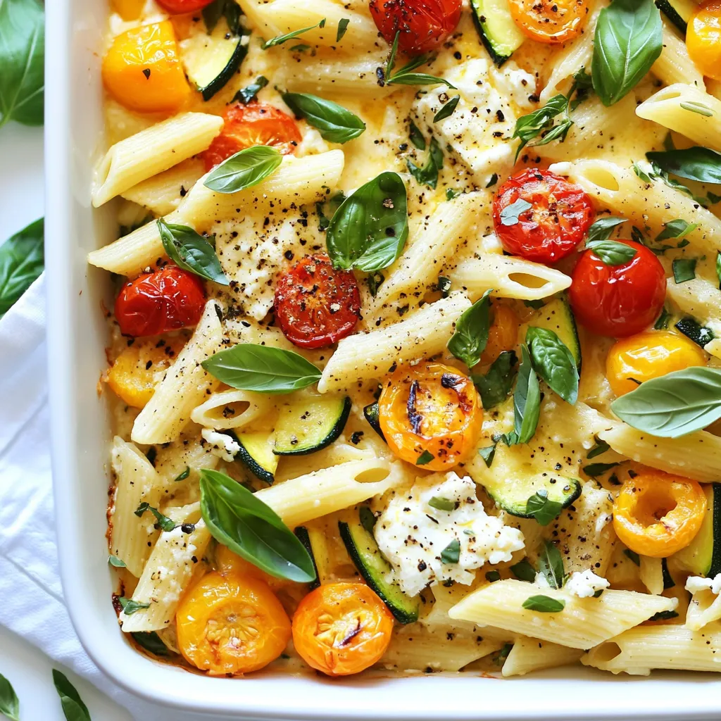 For Baked Feta Pasta Primavera, I love using penne or fusilli pasta. These shapes hold sauce well. You can also try other types like farfalle or rigatoni. Each pasta brings a unique twist. Next, let’s talk about vegetables. I like cherry tomatoes for their sweetness. Sliced zucchini adds a nice crunch. Bell peppers bring color and flavor, while green beans add a fresh touch. Feel free to use other veggies too, like spinach or carrots. The more colors, the better! Feta cheese is the star in this dish. It melts beautifully and gives a creamy texture. The salty flavor enhances the veggies and pasta. Choose a good-quality feta for the best taste. Herbs and spices are key to flavor. I recommend dried oregano for a classic touch. You can also use thyme or basil for different notes. Don't forget to add salt and pepper for balance! For extra richness, sprinkle grated parmesan cheese on top before serving. It adds a lovely umami flavor. If you want a fresh finish, try fresh basil leaves as a garnish. They brighten the dish and make it look appealing! {{ingredient_image_2}} Start by prepping your vegetables. Wash them well. Cut the cherry tomatoes in half. Slice the zucchini into half-moons. Dice your bell pepper into small pieces. Trim the green beans and cut them into one-inch pieces. Next, preheat your oven to 400°F (200°C). This step is key. A hot oven helps cook everything evenly and quickly. Now, combine the ingredients in a large baking dish. Add the halved cherry tomatoes, sliced zucchini, diced bell pepper, and trimmed green beans. Drizzle two tablespoons of olive oil over the vegetables. Sprinkle on the dried oregano, salt, and pepper. Toss gently so each piece gets some oil and seasoning. Place the feta cheese in the center of the dish. This is important. The feta will melt and mix with the vegetables, creating a rich sauce. Drizzle the remaining two tablespoons of olive oil on top of the feta. Bake this in your preheated oven for about 25 to 30 minutes. The veggies should be tender, and the feta should be golden and slightly melted. While your dish bakes, cook the pasta. Follow the package instructions to get it just right. You want it al dente, or firm to the bite. Once it’s cooked, drain the pasta and set it aside. When your baking time is up, carefully take the dish out of the oven. Use a fork to mash the baked feta with the roasted vegetables. This creates a creamy sauce. Add the drained pasta to the dish. Toss everything together until the pasta is well coated with the feta and veggies. Taste and adjust the salt and pepper if needed. Serve your Baked Feta Pasta Primavera hot. Garnish with fresh basil leaves for a pop of color. If you like, sprinkle on some grated parmesan for extra flavor. Enjoy your meal! - Avoiding overcooked pasta: Cook the pasta just until it is al dente. This means it should still have a slight bite. Once you mix it with the hot feta and veggies, it will cook a bit more. - Monitoring baking times: Keep an eye on the oven. Bake for 25 to 30 minutes. Check if the feta is melting and the veggies are tender. If it looks good before 30 minutes, it’s fine to take it out early. - Substituting spices and herbs: You can switch up the herbs. Try thyme or rosemary for a new twist. If you love heat, add some red pepper flakes for a kick. - Using different types of feta cheese: Not all feta is the same. You can use goat feta for a creamier taste. Or try a flavored feta, like herb-infused, to add extra zest. - Serving suggestions: Plate the dish right from the baking dish. It looks colorful and inviting. Add a sprinkle of fresh basil on top. This adds color and flavor. - Ideal tableware for serving: Use a large, shallow bowl for serving. This lets everyone scoop out what they want. Plus, it shows off the vibrant veggies and creamy feta. Pro Tips Choose Seasonal Vegetables: Opt for vegetables that are in season for the best flavor and freshness. This can elevate your dish significantly. Experiment with Feta: Try different types of feta cheese, such as herb-infused or aged, to add unique flavors to your pasta dish. Don't Overcook the Pasta: Cook the pasta just until al dente, as it will continue to cook slightly when mixed with the hot vegetables and feta. Garnish Creatively: Enhance the presentation by adding a sprinkle of chili flakes or a drizzle of balsamic glaze before serving. {{image_4}} You can change the feta to a plant-based version. This swap works great for vegans. It offers a similar creamy texture and flavor. You can also try different pasta shapes. Penne and fusilli are perfect, but shells or bowties can add fun. Choose your favorite shape for a personal touch. Using seasonal vegetables makes this dish shine. In summer, add fresh zucchini and sweet corn. In winter, think about root veggies like carrots or squash. They add warmth and comfort. Adjust your recipe based on what’s fresh and local. If you need gluten-free options, switch to gluten-free pasta. Many brands offer tasty alternatives. For vegan alternatives, use plant-based feta and skip the parmesan. This keeps flavors bold while meeting dietary needs. Enjoy your meal while honoring your lifestyle choices. To store your baked feta pasta, let it cool first. Place leftovers in an airtight container. This keeps the pasta fresh and tasty. You can store it in the fridge for up to four days. Always check for any signs of spoilage before eating. You have two main choices to reheat your dish: the oven or the microwave. - Oven: Preheat your oven to 350°F (175°C). Place the pasta in an oven-safe dish. Cover it with foil to keep it moist. Heat for about 20 minutes or until warm. - Microwave: Transfer a portion to a microwave-safe bowl. Cover it loosely with a lid. Heat in short bursts, about 1-2 minutes, stirring in between. This prevents hot spots and keeps it creamy. Yes, you can freeze baked feta pasta primavera! It’s a great way to save leftovers. Allow the dish to cool completely. Then, transfer it to a freezer-safe container. It can stay in the freezer for up to three months. To reheat, thaw in the fridge overnight, then use the oven or microwave methods above. Enjoy your delicious meal whenever you like! Can I make it ahead of time? Yes, you can prepare the dish ahead of time. Cook the pasta and roast the veggies. Keep them in the fridge. When ready to eat, combine everything and bake it. This saves time on busy nights. How do I know when the feta is baked properly? The feta is done when it turns golden and soft. It should look slightly melted. If it is too dry, it may need a few more minutes. Can I use different vegetables? Absolutely! Feel free to swap in your favorite veggies. Broccoli, asparagus, or spinach work well. Just ensure they cook evenly for the best taste. What can I serve alongside this dish? This pasta pairs well with a fresh salad or garlic bread. You could also serve it with a glass of white wine for an extra treat. This baked feta pasta primavera combines simple ingredients and easy steps. You learned about choosing the right pasta and veggies. Adding feta cheese and spices enhances the flavors. I shared cooking tips to avoid common mistakes and offered variations for dietary needs. Remember, this dish is adaptable for seasons and preferences. Don't hesitate to try different ingredients or storage methods. Enjoy this delightful pasta that fits any table and every occasion!