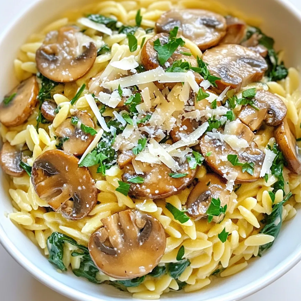 To make creamy mushroom spinach orzo, gather these key items: - 1 cup orzo pasta - 2 tablespoons olive oil - 1 medium onion, finely diced - 3 cloves garlic, minced - 8 oz mushrooms (button or cremini), sliced - 3 cups fresh spinach, packed - 1 cup vegetable broth - 1 cup heavy cream (or coconut cream for a lighter option) - Salt and pepper to taste - 1 teaspoon dried thyme - 1 teaspoon freshly grated lemon zest You can enhance the dish with these extras: - 1/2 cup grated Parmesan cheese (for added flavor) - Fresh parsley, roughly chopped, for garnish If you need to swap ingredients, consider these ideas: - Use whole wheat or gluten-free orzo for a healthier option. - Swap heavy cream with a plant-based cream for a vegan choice. - If you prefer another green, kale works well too. - For a bolder taste, try adding fresh herbs like basil or rosemary. - You can replace mushrooms with zucchini or asparagus for a different texture. {{ingredient_image_2}} Start by boiling a medium pot of salted water. Once it bubbles, add 1 cup of orzo pasta. Cook it for about 8 to 10 minutes or until it's tender but firm. Drain the orzo and set it aside. Make sure the pasta doesn’t stick together. In a large skillet, heat 2 tablespoons of olive oil over medium heat. Add 1 medium onion, finely diced, and cook for 3 to 4 minutes. Stir it until the onion is soft and clear. Next, toss in 3 cloves of minced garlic. Sauté for about 1 minute. Watch out, don’t let it burn! Now, add 8 ounces of sliced mushrooms to the pan. Cook them for 5 to 6 minutes until they're golden and their moisture is gone. This makes them taste amazing. After that, throw in 3 cups of fresh spinach. Cook for 2 to 3 minutes until it wilts down. This adds color and nutrients. Pour in 1 cup of vegetable broth and bring it to a gentle simmer. Lower the heat and stir in 1 cup of heavy cream (or coconut cream). Add in 1 teaspoon of dried thyme and the zest of 1 lemon. Season with salt and pepper to your taste. Let it simmer for 3 to 4 minutes. This thickens the sauce and mixes the flavors well. Gently fold the cooked orzo into your skillet. Mix it well until the orzo is covered in the creamy sauce. If you like, stir in 1/2 cup of grated Parmesan cheese now. This adds a rich flavor. Taste your dish and adjust the seasoning if needed. You may want to add more salt, pepper, or lemon zest. Divide the creamy mushroom spinach orzo onto plates. For a pop of color, sprinkle fresh parsley on top. Enjoy your delicious meal! To get a creamy texture, use heavy cream or coconut cream. The fat in the cream makes the dish rich. When simmering, let the sauce thicken for a few minutes. Stir gently to mix well. If you want it creamier, add more cream or cheese. I recommend using button or cremini mushrooms for this dish. Both have great flavors and textures. Button mushrooms are mild and sweet. Cremini mushrooms add a deeper, earthier taste. You can also mix different types for added flavor. Herbs and spices can bring your orzo to life. I love using dried thyme for its warm taste. Fresh lemon zest adds brightness and freshness. You can also try adding a pinch of red pepper flakes for heat. Don't forget to taste as you go to find your perfect flavor! Pro Tips Choose the Right Mushrooms: Different mushrooms bring unique flavors. Experiment with shiitake or portobello for a richer taste. Add Zest for Freshness: A hint of lemon zest brightens up the dish. Don't skip it, as it elevates the overall flavor profile. Make it Vegan: Substitute heavy cream with coconut cream and skip the Parmesan for a delicious vegan version without sacrificing creaminess. Leftover Storage: Store any leftovers in an airtight container in the fridge. Reheat gently on the stove with a splash of broth or water to loosen the sauce. {{image_4}} You can make this dish vegan by swapping out a few ingredients. Use coconut cream instead of heavy cream. This adds a creamy texture without dairy. You can also skip the Parmesan cheese or use a vegan version. It tastes just as good! For a gluten-free version, choose gluten-free orzo. Many brands offer this option, and it cooks similarly to regular orzo. Always check the package for cooking times, as they can vary. Enjoy all the flavor without the gluten! If you want more protein, try adding cooked chickpeas or lentils. They blend well with the creamy sauce. Grilled chicken or shrimp also works great. Just add them in when you stir the orzo into the sauce. This makes the meal heartier and more filling. To keep your creamy mushroom spinach orzo fresh, place it in an airtight container. Make sure to cool it first. Store it in the fridge. It will last about three to four days. If you want to keep it longer, consider freezing it. When you're ready to eat the leftovers, reheat them gently. You can use a microwave or a stovetop. If using the stovetop, add a splash of vegetable broth or water to prevent drying. Heat it slowly over low heat, stirring often, until warm. To freeze the orzo, let it cool completely. Transfer it to a freezer-safe container. It can be stored for up to three months. When you’re ready to enjoy it, thaw it overnight in the fridge. Reheat as mentioned above. This way, you can enjoy a quick meal anytime! Yes, you can! Use any small pasta, like fusilli or penne. Just adjust the cooking time as needed. The key is to ensure the pasta is al dente. This keeps it firm and tasty in the dish. To add heat, try red pepper flakes or diced jalapeños. You can also use a spicy sauce, like sriracha. Start with a little and taste as you go. This way, you’ll find the right level for you. This dish pairs well with a simple salad or garlic bread. A fresh green salad adds crunch. Garlic bread complements the creamy sauce nicely. You could also serve it with grilled chicken or fish for protein. Yes, you can make it ahead! Cook the orzo and sauce separately. Combine them just before serving. This keeps the pasta from getting mushy. Store leftovers in the fridge for up to three days. Absolutely! It’s perfect for meal prep. Divide it into containers for easy lunches or dinners. The flavors actually get better as it sits. Just heat it up when you’re ready to eat. In this post, we covered all you need for creamy mushroom spinach orzo. We explored key ingredients, cooking steps, and tips for great texture. You learned variations, how to store leftovers, and answers to common questions. This dish is versatile and tasty. Don’t hesitate to try these tips to make your own version. Cooking should be fun and rewarding, so enjoy every bite!