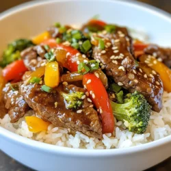 - Flank steak - Sesame oil - Garlic and ginger - Vegetables (bell pepper, broccoli, carrots) - Sauce ingredients (soy sauce, rice vinegar, honey) - Garnishes (sesame seeds, green onions) - Serving options (jasmine rice or noodles) To make a great sesame garlic beef stir fry, you need fresh and quality ingredients. - Flank steak: This cut is lean and tender when cooked right. Thinly slice it against the grain. This helps keep it soft. - Sesame oil: Use two tablespoons. This oil adds a nutty flavor that makes the dish shine. - Garlic and ginger: You will need four cloves of minced garlic and one inch of grated ginger. They give a nice kick to the beef. - Vegetables: Choose a bell pepper, some broccoli florets, and carrots. These add crunch and color to your stir fry. - Sauce ingredients: Mix three tablespoons of soy sauce, one tablespoon of rice vinegar, and one tablespoon of honey. This will bring all the flavors together. - Garnishes: Use two tablespoons of sesame seeds and three chopped green onions. They add flavor and make the dish look pretty. - Serving options: Finally, serve your stir fry over jasmine rice or noodles. This makes a filling meal. With these ingredients, you are ready to cook a delicious sesame garlic beef stir fry. Each part plays a role in making this dish tasty and fun to eat. {{ingredient_image_2}} To start, you need to marinate the beef. Take 1 pound of flank steak and slice it thinly against the grain. In a mixing bowl, combine the beef with 1 tablespoon of sesame oil, 4 minced garlic cloves, and 1 inch of grated ginger. Mix well to coat every piece. Cover the bowl with plastic wrap and let it sit for at least 20 minutes. This step adds flavor and makes the beef tender. Next, let’s sauté the vegetables. Heat the remaining 1 tablespoon of sesame oil in a large skillet or wok over medium-high heat. Once the oil is hot, add 1 thinly sliced bell pepper, 1 cup of broccoli florets, and 2 medium julienned carrots. Stir-fry the veggies for about 3 to 4 minutes. You want them to be tender but still crisp. After that, remove the vegetables from the pan and set them aside on a plate. Now, it's time to cook the marinated beef. In the same skillet, add the beef in a single layer. Let it sear without stirring for about 2 to 3 minutes. This creates a nice crust. After that, stir-fry the beef for another 2 to 3 minutes. Cook it until it reaches your desired doneness, around 135°F for medium-rare. While the beef cooks, make the sauce. In a small bowl, whisk together 3 tablespoons of soy sauce, 1 tablespoon of rice vinegar, and 1 tablespoon of honey. Once the beef is ready, pour the sauce over it. Stir to coat every piece of beef in that tasty sauce. Return the sautéed vegetables back to the skillet with the beef. Toss everything together and heat it through for about 1 minute. While mixing, sprinkle in 2 tablespoons of sesame seeds for extra crunch and flavor. Finally, it’s time to plate your dish. Serve the stir-fry hot over a bed of cooked jasmine rice or noodles. For a finishing touch, sprinkle with finely chopped green onions. This adds color and freshness. Enjoy your sesame garlic beef stir fry! Flank steak is my top pick for stir-fry. It has a rich flavor and a nice texture. Thin slices of flank steak cook fast and stay tender. Make sure to cut against the grain. This method helps keep the meat soft and easy to chew. Heat is key in stir-frying. Use high heat to get that nice sear on the meat. When cooking, don’t crowd the pan. If you add too much, the meat will steam instead of sear. This can make it tough. Cook the beef in batches if needed. Keep an eye on the time too. Sear for 2-3 minutes, then stir-fry until done. You can tweak the flavors to match your taste. Want it sweeter? Add more honey. Need more salt? Drizzle in extra soy sauce. For spice, add red pepper flakes or sriracha. Just remember, add little bits at a time. You can always add more, but you can’t take it out! Experimenting with flavors makes your stir-fry unique. Pro Tips Slice Against the Grain: For a tender bite, always slice flank steak against the grain. This breaks down the muscle fibers and makes the beef easier to chew. High Heat for Stir-Frying: Ensure your skillet or wok is hot before adding the ingredients. This helps achieve that beautiful sear and keeps the vegetables crisp. Customize Your Veggies: Feel free to swap in your favorite vegetables, like snap peas or baby corn, depending on what you have on hand or what’s in season. Let It Rest: After cooking, let the beef rest for a couple of minutes before serving. This allows the juices to redistribute, resulting in a juicier stir-fry. {{image_4}} You can easily make this dish vegetarian. Swap the flank steak for tofu or tempeh. Both options soak up flavors well. Use the same marinade for tofu. For tempeh, steam it first for better texture. You can also use seitan for a meaty bite. Use soy sauce and rice vinegar in the sauce mix. To add more flavor, try different toppings. Add crushed red pepper for heat. A sprinkle of lime juice brightens the dish. You can also use chopped nuts for crunch. Sesame oil adds a nice nutty taste. Fresh herbs like cilantro or basil can give it a fresh twist. Seasonal vegetables can change the dish's vibe. In spring, use snap peas or asparagus. In summer, add zucchini or bell peppers. Fall brings squash and mushrooms into play. In winter, think about using Brussels sprouts or kale. Each season offers unique flavors and nutrients. Feel free to mix and match! You can store leftovers in the fridge. Place them in an airtight container. They will stay fresh for up to three days. Make sure to cool the stir-fry before sealing it. This helps keep the flavors intact. When ready to eat, just reheat the desired amount. If you want to keep it longer, consider freezing the stir-fry. Use a freezer-safe container or a heavy-duty freezer bag. It can last up to three months in the freezer. To keep the taste, try to remove as much air as you can from the bag. When you’re ready to eat it, thaw it in the fridge overnight. The best way to reheat stir-fry is in a skillet. Heat it over medium heat. Add a splash of water or broth to keep it moist. Stir frequently until it's hot. You can also use the microwave. Place the stir-fry in a microwave-safe dish. Cover it with a lid or microwave-safe wrap. Heat for about one to two minutes, stirring halfway through. Enjoy your meal! Yes, you can use other cuts of beef. Sirloin, ribeye, or even round steak works well. These cuts can add unique flavors and textures. Sirloin offers a leaner option, while ribeye gives a rich taste. Choose what you like best. To make this dish gluten-free, swap regular soy sauce for tamari. Tamari is a gluten-free soy sauce alternative. Also, check the rice vinegar to ensure it contains no gluten. This way, you can still enjoy the meal without worry. You can add heat with a few ingredients. Try adding crushed red pepper flakes or diced fresh chili peppers. For a different flavor, use sriracha or chili garlic sauce. Start with a little and taste as you go. Serve this stir-fry with cooked jasmine rice or noodles. Both pair well with the flavors. You can also add a side of steamed dumplings or a fresh salad. These options balance the meal and add variety. Yes, you can prep ahead of time. Slice the beef and chop vegetables the day before. Store them in airtight containers in the fridge. Marinate the beef a few hours before cooking for better flavor. This saves time and makes cooking easier. This blog provided all you need for a tasty Sesame Garlic Beef Stir Fry. You learned about essential ingredients and how to prepare them step-by-step. I shared tips for perfecting your dish and ways to customize flavors. You also discovered variations and storage options. Remember, cooking is fun! Feel free to make it your own. Enjoy this quick meal anytime, and share it with friends and family. Happy cooking!