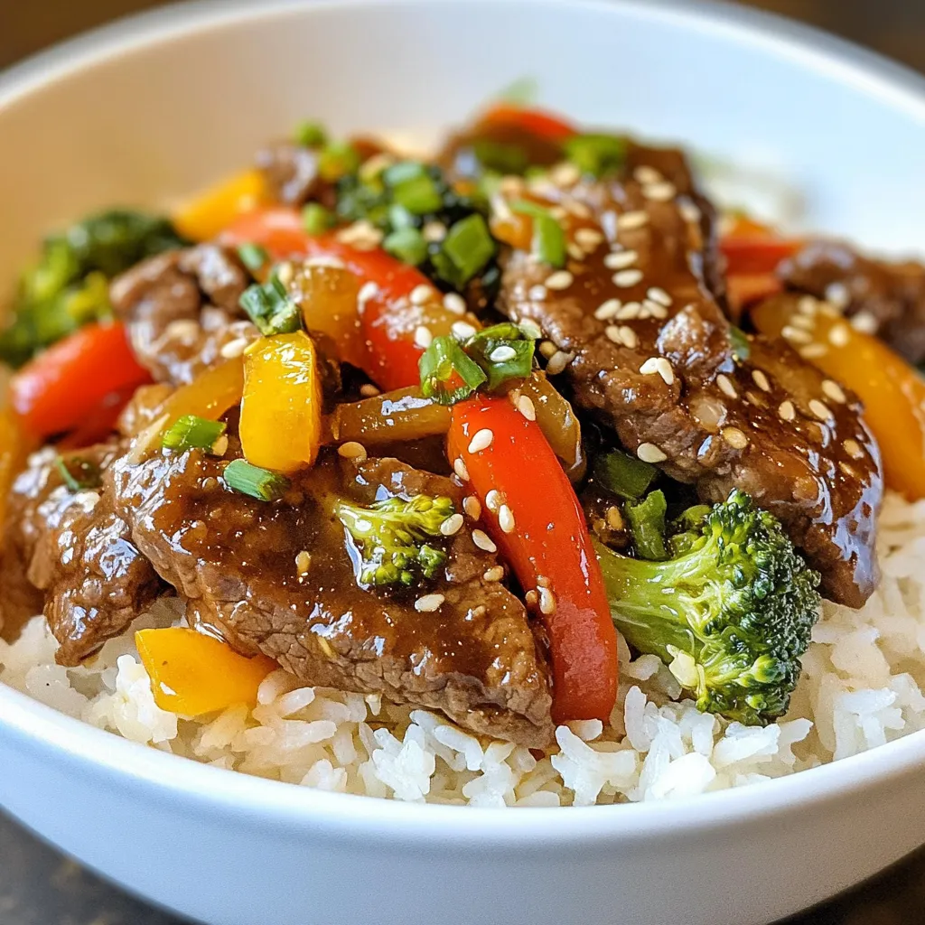 - Flank steak - Sesame oil - Garlic and ginger - Vegetables (bell pepper, broccoli, carrots) - Sauce ingredients (soy sauce, rice vinegar, honey) - Garnishes (sesame seeds, green onions) - Serving options (jasmine rice or noodles) To make a great sesame garlic beef stir fry, you need fresh and quality ingredients. - Flank steak: This cut is lean and tender when cooked right. Thinly slice it against the grain. This helps keep it soft. - Sesame oil: Use two tablespoons. This oil adds a nutty flavor that makes the dish shine. - Garlic and ginger: You will need four cloves of minced garlic and one inch of grated ginger. They give a nice kick to the beef. - Vegetables: Choose a bell pepper, some broccoli florets, and carrots. These add crunch and color to your stir fry. - Sauce ingredients: Mix three tablespoons of soy sauce, one tablespoon of rice vinegar, and one tablespoon of honey. This will bring all the flavors together. - Garnishes: Use two tablespoons of sesame seeds and three chopped green onions. They add flavor and make the dish look pretty. - Serving options: Finally, serve your stir fry over jasmine rice or noodles. This makes a filling meal. With these ingredients, you are ready to cook a delicious sesame garlic beef stir fry. Each part plays a role in making this dish tasty and fun to eat. {{ingredient_image_2}} To start, you need to marinate the beef. Take 1 pound of flank steak and slice it thinly against the grain. In a mixing bowl, combine the beef with 1 tablespoon of sesame oil, 4 minced garlic cloves, and 1 inch of grated ginger. Mix well to coat every piece. Cover the bowl with plastic wrap and let it sit for at least 20 minutes. This step adds flavor and makes the beef tender. Next, let’s sauté the vegetables. Heat the remaining 1 tablespoon of sesame oil in a large skillet or wok over medium-high heat. Once the oil is hot, add 1 thinly sliced bell pepper, 1 cup of broccoli florets, and 2 medium julienned carrots. Stir-fry the veggies for about 3 to 4 minutes. You want them to be tender but still crisp. After that, remove the vegetables from the pan and set them aside on a plate. Now, it's time to cook the marinated beef. In the same skillet, add the beef in a single layer. Let it sear without stirring for about 2 to 3 minutes. This creates a nice crust. After that, stir-fry the beef for another 2 to 3 minutes. Cook it until it reaches your desired doneness, around 135°F for medium-rare. While the beef cooks, make the sauce. In a small bowl, whisk together 3 tablespoons of soy sauce, 1 tablespoon of rice vinegar, and 1 tablespoon of honey. Once the beef is ready, pour the sauce over it. Stir to coat every piece of beef in that tasty sauce. Return the sautéed vegetables back to the skillet with the beef. Toss everything together and heat it through for about 1 minute. While mixing, sprinkle in 2 tablespoons of sesame seeds for extra crunch and flavor. Finally, it’s time to plate your dish. Serve the stir-fry hot over a bed of cooked jasmine rice or noodles. For a finishing touch, sprinkle with finely chopped green onions. This adds color and freshness. Enjoy your sesame garlic beef stir fry! Flank steak is my top pick for stir-fry. It has a rich flavor and a nice texture. Thin slices of flank steak cook fast and stay tender. Make sure to cut against the grain. This method helps keep the meat soft and easy to chew. Heat is key in stir-frying. Use high heat to get that nice sear on the meat. When cooking, don’t crowd the pan. If you add too much, the meat will steam instead of sear. This can make it tough. Cook the beef in batches if needed. Keep an eye on the time too. Sear for 2-3 minutes, then stir-fry until done. You can tweak the flavors to match your taste. Want it sweeter? Add more honey. Need more salt? Drizzle in extra soy sauce. For spice, add red pepper flakes or sriracha. Just remember, add little bits at a time. You can always add more, but you can’t take it out! Experimenting with flavors makes your stir-fry unique. Pro Tips Slice Against the Grain: For a tender bite, always slice flank steak against the grain. This breaks down the muscle fibers and makes the beef easier to chew. High Heat for Stir-Frying: Ensure your skillet or wok is hot before adding the ingredients. This helps achieve that beautiful sear and keeps the vegetables crisp. Customize Your Veggies: Feel free to swap in your favorite vegetables, like snap peas or baby corn, depending on what you have on hand or what’s in season. Let It Rest: After cooking, let the beef rest for a couple of minutes before serving. This allows the juices to redistribute, resulting in a juicier stir-fry. {{image_4}} You can easily make this dish vegetarian. Swap the flank steak for tofu or tempeh. Both options soak up flavors well. Use the same marinade for tofu. For tempeh, steam it first for better texture. You can also use seitan for a meaty bite. Use soy sauce and rice vinegar in the sauce mix. To add more flavor, try different toppings. Add crushed red pepper for heat. A sprinkle of lime juice brightens the dish. You can also use chopped nuts for crunch. Sesame oil adds a nice nutty taste. Fresh herbs like cilantro or basil can give it a fresh twist. Seasonal vegetables can change the dish's vibe. In spring, use snap peas or asparagus. In summer, add zucchini or bell peppers. Fall brings squash and mushrooms into play. In winter, think about using Brussels sprouts or kale. Each season offers unique flavors and nutrients. Feel free to mix and match! You can store leftovers in the fridge. Place them in an airtight container. They will stay fresh for up to three days. Make sure to cool the stir-fry before sealing it. This helps keep the flavors intact. When ready to eat, just reheat the desired amount. If you want to keep it longer, consider freezing the stir-fry. Use a freezer-safe container or a heavy-duty freezer bag. It can last up to three months in the freezer. To keep the taste, try to remove as much air as you can from the bag. When you’re ready to eat it, thaw it in the fridge overnight. The best way to reheat stir-fry is in a skillet. Heat it over medium heat. Add a splash of water or broth to keep it moist. Stir frequently until it's hot. You can also use the microwave. Place the stir-fry in a microwave-safe dish. Cover it with a lid or microwave-safe wrap. Heat for about one to two minutes, stirring halfway through. Enjoy your meal! Yes, you can use other cuts of beef. Sirloin, ribeye, or even round steak works well. These cuts can add unique flavors and textures. Sirloin offers a leaner option, while ribeye gives a rich taste. Choose what you like best. To make this dish gluten-free, swap regular soy sauce for tamari. Tamari is a gluten-free soy sauce alternative. Also, check the rice vinegar to ensure it contains no gluten. This way, you can still enjoy the meal without worry. You can add heat with a few ingredients. Try adding crushed red pepper flakes or diced fresh chili peppers. For a different flavor, use sriracha or chili garlic sauce. Start with a little and taste as you go. Serve this stir-fry with cooked jasmine rice or noodles. Both pair well with the flavors. You can also add a side of steamed dumplings or a fresh salad. These options balance the meal and add variety. Yes, you can prep ahead of time. Slice the beef and chop vegetables the day before. Store them in airtight containers in the fridge. Marinate the beef a few hours before cooking for better flavor. This saves time and makes cooking easier. This blog provided all you need for a tasty Sesame Garlic Beef Stir Fry. You learned about essential ingredients and how to prepare them step-by-step. I shared tips for perfecting your dish and ways to customize flavors. You also discovered variations and storage options. Remember, cooking is fun! Feel free to make it your own. Enjoy this quick meal anytime, and share it with friends and family. Happy cooking!
