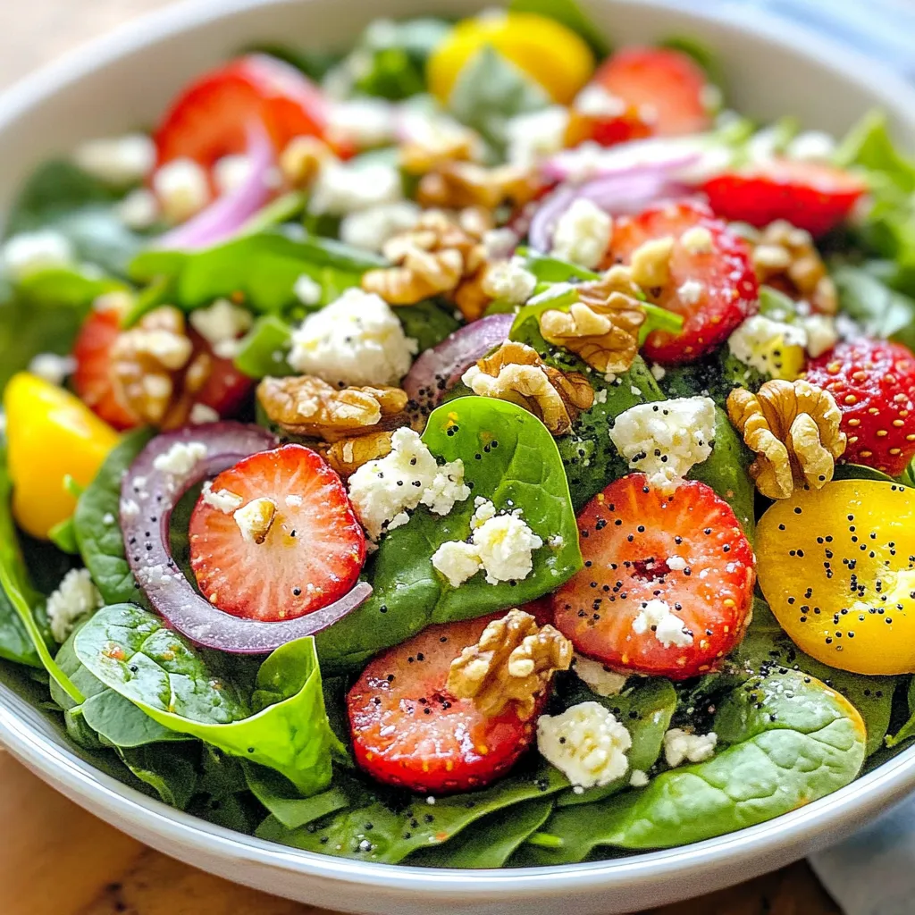 - 4 cups fresh baby spinach, thoroughly washed and dried - 1 cup strawberries, hulled and elegantly sliced - 1/4 cup red onion, finely sliced for a touch of sharpness Fresh produce is key for this salad. Baby spinach adds a crisp green base. Strawberries bring a sweet, juicy flavor. Red onion adds a hint of sharpness that balances the sweetness. - 1/2 cup creamy feta cheese, crumbled into delightful morsels - 1/4 cup walnuts, roughly chopped (or substitute with pecans for a unique crunch) Creamy feta cheese adds richness. It melts in your mouth and pairs well with strawberries. Nuts give your salad a nice crunch. Walnuts or pecans add a nutty flavor and healthy fats. - 1/4 cup extra virgin olive oil - 2 tablespoons apple cider vinegar for tang - 1 tablespoon pure honey to add sweetness - 1 tablespoon poppy seeds for a delightful crunch - Freshly ground salt and pepper to taste The dressing is where the magic happens. Olive oil brings a smooth texture. Apple cider vinegar adds tang, while honey balances it with sweetness. Poppy seeds add an unexpected crunch. A dash of salt and pepper enhances all flavors. {{ingredient_image_2}} First, wash and dry the baby spinach. I like to use a salad spinner for this. It helps remove all the water. You want the spinach to be crisp and dry. This keeps the salad from getting soggy. Next, slice the strawberries. Remove the green tops, then cut them into thin slices. This makes the strawberries easy to eat. For the red onion, cut it into fine slices. You want just enough to add flavor without being too strong. Now, it’s time to layer the salad. Start with the fresh spinach at the bottom. This is the base of your salad. Next, add the sliced strawberries on top. The bright red color makes the salad pop! Sprinkle the creamy feta cheese over the strawberries. The cheese adds a rich taste that balances the sweetness of the fruit. Then, add the chopped walnuts. They give a nice crunch that contrasts well with the soft cheese and strawberries. Finally, sprinkle the sliced red onion across the top. This adds a touch of sharpness that brightens the dish. To make the poppy dressing, take a small bowl. Whisk together the extra virgin olive oil and apple cider vinegar. Then, add the honey. It brings a sweet touch to the dressing. Stir in the poppy seeds for a nice crunch. Don’t forget a pinch of freshly ground salt and pepper. This makes the dressing taste well-rounded. Whisk until everything is smooth and blended. Now your salad is ready to enjoy! Drizzle the poppy dressing over the top and toss gently. Be careful not to crush the feta. Serve it right away for the best flavor and freshness! To keep your salad fresh, use cold ingredients. Keep the spinach and strawberries in the fridge before making the salad. Wash and dry the spinach well. This helps remove any grit. If you have extra salad, store it in a sealed container. Avoid adding dressing until serving. This keeps the greens crisp. When tossing the salad, use gentle hands. Start by adding the dressing to the bowl. Then, lift the ingredients from the bottom. This method mixes without smashing the delicate feta cheese. Toss just before serving to maintain freshness. You can modify the sweetness and tang of your dressing easily. If you want it sweeter, add more honey. For a tangier taste, increase the apple cider vinegar. Adjust these ingredients to suit your flavor preference. Adding flavor variations can enhance the dressing. Try mixing in Dijon mustard for a zesty kick. You can also add fresh herbs like basil or mint for a fresh finish. Experiment with different ingredients to find your favorite blend. For presentation, serve the salad in clear glass bowls. This lets the vibrant colors shine through. Garnish with extra strawberry slices and a sprinkle of poppy seeds. These small touches make the salad look even more inviting. This salad is perfect for many occasions. Serve it at picnics, barbecues, or family dinners. It also makes a great side for grilled meats. Enjoying it on a warm day is a delight, as the flavors are bright and refreshing. Pro Tips Fresh Ingredients Matter: Always use the freshest spinach and strawberries you can find for the best flavor and texture. Walnut Alternatives: If you prefer a different nut, pecans or almonds work beautifully as substitutes for added crunch. Chill Your Salad Bowl: For an extra refreshing experience, chill your salad bowl in the fridge before assembling the salad. Make Ahead Dressing: The poppy dressing can be made ahead of time and stored in the fridge for up to a week, enhancing the flavors. {{image_4}} You can switch up the cheese in this salad. Goat cheese adds a creamy touch. Try it if you want a different flavor. For nuts, walnuts are great, but pecans work too. They give a nice crunch and sweetness. You can also use sunflower seeds or pumpkin seeds if you prefer. This salad shines with seasonal fruits. In summer, blueberries add a pop of color and flavor. Sliced peaches in late summer bring a juicy sweetness. In fall, diced apples can brighten the salad. Each fruit adds its unique taste, making the salad fresh and exciting. Making this salad vegan is easy. Swap out the feta for a dairy-free cheese. Use maple syrup instead of honey for sweetness. For a gluten-free option, just ensure your dressing is gluten-free. Most oils and vinegars are safe, but always check the labels. These changes keep the salad tasty and inclusive for all diets. To keep your leftover salad fresh, store it in an airtight container. This helps prevent wilting. It’s best to keep the dressing separate. This way, the greens stay crisp. If you mix the salad with dressing, it may get soggy. Use the salad within two days for the best taste and texture. For the poppy dressing, pour it into a clean jar with a lid. Store it in the fridge. The cool temperature keeps it fresh. Shake the jar before use to mix it well. This dressing will last about a week in the fridge. The overall storage duration for the salad is about two days. The poppy dressing can last one week. After this time, flavors may fade. Always check for freshness before using the salad or dressing. Enjoy your Spinach Strawberry Salad while it’s at its best! Leftovers of this salad keep well for one to two days. To store, place the salad in an airtight container. Keep the dressing separate to avoid soggy greens. When you’re ready to eat, drizzle the dressing over the salad and toss gently. This keeps your salad fresh and crisp. You can prepare this salad a few hours in advance. Wash and dry the spinach and slice the strawberries ahead of time. Store them in the fridge. Keep the walnuts and feta cheese in a separate container. Mix the dressing and store it in a jar. When it’s time to serve, combine everything and enjoy! If you run out of poppy seeds, don’t worry! You can use sesame seeds or sunflower seeds as great substitutes. These alternatives add crunch and flavor to your salad. You can also try chopped nuts for a different texture. In this blog post, we explored a delicious salad recipe featuring fresh produce, creamy feta, and a simple poppy dressing. I shared steps for preparing your salad base, serving suggestions, and storage tips to keep your dish fresh. Remember, you can personalize it with seasonal fruits or different nuts. Embrace the variations and enjoy making this salad your own. Whether for a picnic or dinner, this versatile dish is sure to impress. Happy cooking!