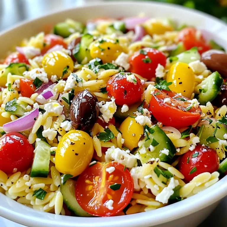 - 1 cup orzo pasta - 1 cup cherry tomatoes, halved - 1 cucumber, diced into small cubes - 1/2 red onion, finely chopped - 1/2 cup kalamata olives, pitted and sliced - 1/2 cup feta cheese, crumbled into small pieces - 1/4 cup extra virgin olive oil - 2 tablespoons fresh lemon juice - 1 teaspoon dried oregano - Salt and freshly ground black pepper, to taste - Fresh parsley, finely chopped, for garnish For this Greek Orzo Salad, you will need simple and fresh ingredients. The orzo pasta gives the salad its base. The cherry tomatoes add sweetness and color. You should use a crunchy cucumber for a nice texture. A finely chopped red onion brings a soft bite. The kalamata olives give a briny flavor. Crumbled feta cheese adds a creamy touch. The dressing makes this dish shine. Extra virgin olive oil gives rich flavor. Fresh lemon juice adds brightness. Dried oregano brings a hint of earthiness. Don’t forget to season with salt and black pepper. Fresh parsley garnishes the salad. It adds color and a fresh taste. Gather these ingredients to create a fresh and vibrant dish. Each bite is a burst of flavor, perfect for any meal. {{ingredient_image_2}} To start, bring 2 cups of water to a rolling boil. Add 1 cup of orzo pasta to the pot. Cook the orzo for 8 to 10 minutes. Check the package for al dente timing. Once done, drain the orzo in a colander. Rinse it under cold running water to cool it down. While the orzo cooks, chop 1 cup of cherry tomatoes in half. Dice 1 cucumber into small cubes. Finely chop 1/2 of a red onion. Slice 1/2 cup of kalamata olives and crumble 1/2 cup of feta cheese. These fresh veggies bring a bright taste to the salad. In a large mixing bowl, combine the cooled orzo with the chopped tomatoes, diced cucumber, onion, olives, and feta. Gently stir everything together. Make sure the ingredients are evenly mixed for the best flavor. For the dressing, grab a small bowl. Whisk together 1/4 cup of extra virgin olive oil, 2 tablespoons of fresh lemon juice, and 1 teaspoon of dried oregano. Add a sprinkle of salt and black pepper. Taste and adjust the seasoning if needed. The dressing should be light and flavorful. Pour the dressing over the orzo and veggie mix. Use a gentle folding motion to toss the salad. This helps ensure all ingredients are coated in the dressing. The flavors will blend nicely as you mix. Before serving, sprinkle fresh parsley over the salad. This adds a nice touch of color. You can serve the salad right away or chill it in the fridge for 30 minutes. Chilling helps the flavors meld together beautifully. Serve it in a nice bowl for an appealing presentation. Enjoy your refreshing Mediterranean delight! To make a great orzo salad, cook the orzo just right. Start by boiling water and adding one cup of orzo pasta. Cook it for 8-10 minutes until it is al dente. This means it should be firm, not mushy. Drain the orzo in a colander. Rinsing orzo is very important. Rinse it under cold water. This stops the cooking process and cools it down. It also helps remove extra starch, which can make your salad sticky. Adjusting seasoning is key to a tasty salad. Start with salt and black pepper, then taste as you go. If you want more flavor, add more salt or pepper to suit your taste. You can also add herbs and spices. Fresh parsley gives a nice touch. You can try basil or mint for a different flavor. Dried oregano works well too. Experiment with what you like! Greek Orzo Salad is great for many occasions. It makes a perfect side dish at barbecues or picnics. You can serve it at family gatherings or potlucks too. Pair it with grilled chicken or fish for a complete meal. It also goes well with other Mediterranean dishes like hummus or tzatziki. Enjoy your delicious salad any time! Pro Tips Use Fresh Ingredients: Always opt for fresh vegetables and herbs to enhance the flavor and nutritional value of your salad. Chill Before Serving: For a more flavorful dish, let the salad chill in the refrigerator for at least 30 minutes before serving to allow the flavors to meld. Customize Your Add-ins: Feel free to add other ingredients like bell peppers, artichokes, or chickpeas for a personal twist on this Mediterranean classic. Perfect Your Dressing: Adjust the acidity and seasoning of your dressing to your taste by adding more lemon juice or herbs as desired. {{image_4}} You can easily switch up ingredients to fit your diet. If you need gluten-free options, use gluten-free orzo pasta. Many brands offer this now, making it easy to enjoy the salad without gluten. For a dairy-free option, try using a dairy-free feta cheese. There are tasty brands out there that mimic the flavor and texture of real feta. Want to add some protein? You can mix in grilled chicken or shrimp. Chickpeas are also a great choice for a hearty option. They add protein and texture without meat. You can also play with seasonal vegetables. Try adding bell peppers in summer or roasted butternut squash in fall. Each season brings new flavors to explore. Feel like trying something new? You can incorporate different regional ingredients. For example, use sun-dried tomatoes for a richer flavor or fresh herbs like mint for a twist. Mediterranean twists often add capers or artichokes for a unique taste. Each change gives the salad a new vibe while keeping it fresh and fun! To store Greek Orzo Salad, place it in an airtight container. Make sure it is completely cool before sealing. This helps keep moisture out and preserves freshness. Store it in the refrigerator. The salad stays good for about 3 to 5 days. Look for signs of spoilage. If the salad smells off or if you see mold, it’s best to throw it away. A change in color can also be a sign that the salad is no longer fresh. Freezing Greek Orzo Salad is not ideal. The texture of the orzo and vegetables can change. If you must freeze it, use a freezer-safe container. Leave some space at the top, as the salad may expand. To thaw, move it to the fridge overnight. This helps maintain some flavor. However, expect the veggies to lose their crunch. The flavors may also become less bright after freezing. When reheating Greek Orzo Salad, do it gently. You can use a microwave or a pan on low heat. Add a little olive oil or lemon juice to help revive the flavors. Avoid high heat, as this can make the orzo mushy. Serve it warm or at room temperature for the best taste. Adding fresh parsley right before serving can brighten it up. Yes, you can make Greek Orzo Salad a day in advance. This helps the flavors blend better. Just keep it in the fridge until you’re ready to serve. If you plan to make it more than a day ahead, skip adding fresh parsley until serving. This keeps it looking fresh. If you don't have feta, you can use goat cheese or ricotta. Both add a creamy touch. For a dairy-free option, try almond or cashew cheese. These add flavor without dairy. Orzo pasta is made from wheat, so it is not gluten-free. To make this salad gluten-free, use gluten-free orzo. Many brands offer this option. You can also use quinoa or rice for a tasty alternative. Yes! You can add grilled chicken, shrimp, or chickpeas for extra protein. Tofu or tempeh are great plant-based choices. These additions make the salad more filling and balanced. Greek Orzo Salad stays fresh for about 3 days in the fridge. Store it in an airtight container to keep it crisp. If it looks or smells off, it’s best to toss it. In summary, Greek Orzo Salad blends orzo pasta with fresh vegetables and a zesty dressing. You learned how to cook orzo, prepare vegetables, and combine all the ingredients. I shared tips for enhancing flavors, serving suggestions, and storage techniques. This salad is versatile and can suit many tastes. It's great for a family meal or a potluck. Enjoy this dish, knowing it is both healthy and delicious. It’s a delightful addition to your cooking routine.