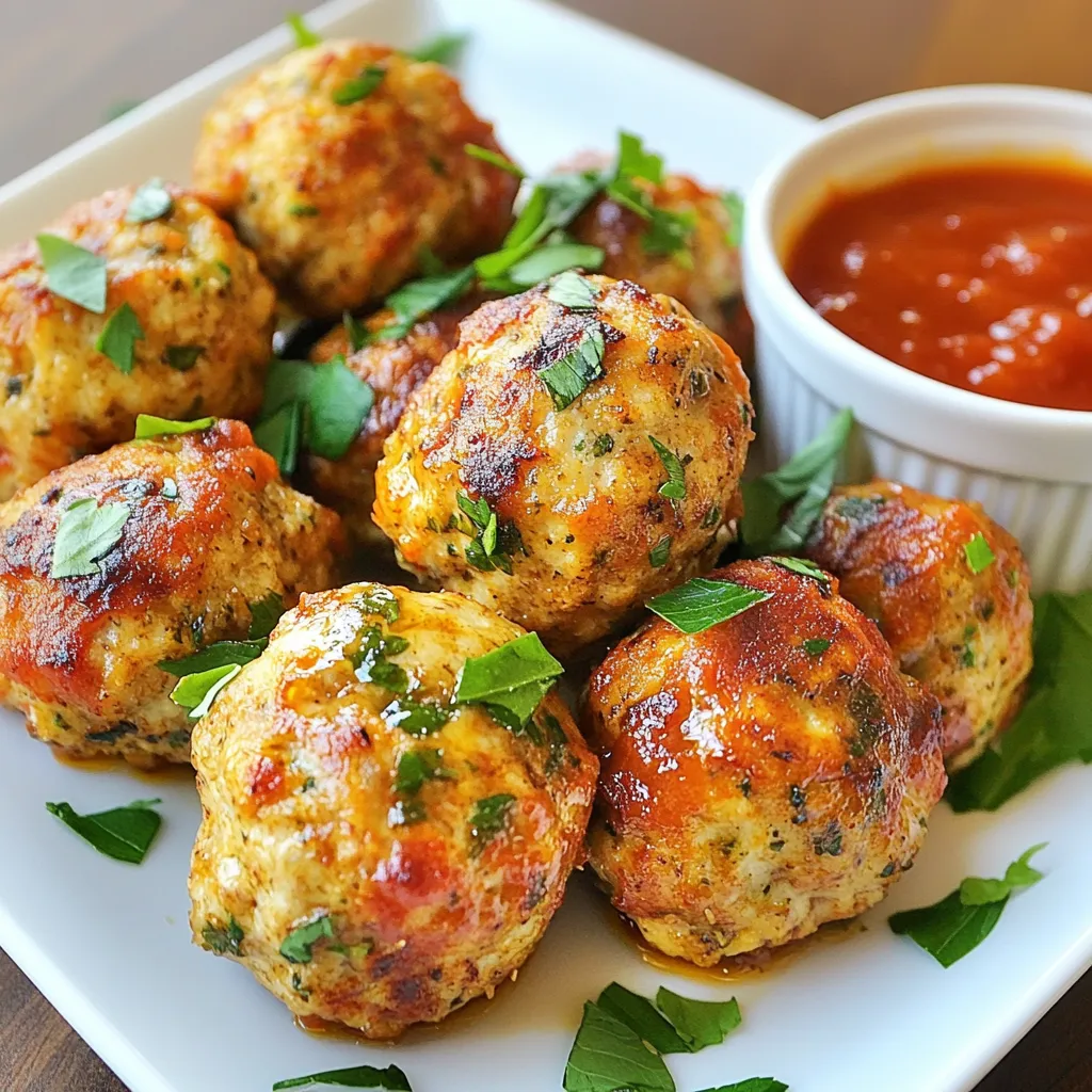To make garlic herb chicken meatballs, you need simple and fresh items. Here’s what you’ll need: - 1 pound ground chicken - 1/4 cup breadcrumbs - 1/4 cup grated Parmesan cheese - 1/4 cup fresh parsley, finely chopped - 2 tablespoons fresh basil, finely chopped - 3 cloves garlic, minced - 1 teaspoon onion powder - 1 teaspoon dried oregano - 1 large egg - Salt and freshly ground black pepper to taste - 2 tablespoons olive oil (for cooking) These ingredients combine to make juicy and tasty meatballs. The herbs add a fresh flavor that pairs well with the chicken. You can serve your meatballs with some fun extras. Here’s what you might consider: - Marinara sauce for dipping - Extra grated Parmesan cheese for topping - Fresh herbs for garnish These options add more flavor and make your meal look great. A drizzle of marinara can really enhance each bite. If you need to change a few items, here are some easy swaps: - Use turkey instead of chicken for a lighter option. - Swap breadcrumbs for oats or gluten-free crumbs. - Try different herbs like thyme or cilantro for a unique taste. These changes keep the dish flexible and fun. You can play with flavors to match your taste. {{ingredient_image_2}} To start, grab a large bowl. Add 1 pound of ground chicken to it. Next, pour in 1/4 cup of breadcrumbs. Then, add 1/4 cup of grated Parmesan cheese. Toss in 1/4 cup of fresh parsley, finely chopped, and 2 tablespoons of fresh basil, also chopped. Now, add 3 cloves of minced garlic for that lovely flavor. Sprinkle in 1 teaspoon of onion powder and 1 teaspoon of dried oregano. Finally, crack in 1 large egg. Remember to season it all with salt and freshly ground black pepper. Use your hands to mix this all together. Be gentle! Overmixing can make the meatballs tough. Once your mixture is ready, it’s time to shape the meatballs. Take a small amount of the mixture and roll it into a ball about 1 inch wide. Place it on a plate or tray. Continue this process until you have formed all the meatballs. This recipe makes a good number; you should have about 20 to 24 meatballs. Now, let’s cook these tasty meatballs. Heat 2 tablespoons of olive oil in a large skillet over medium heat. Wait until the oil shimmers. Add the meatballs in batches, so they have room to cook well. Cook each batch for about 7 to 10 minutes. Turn them occasionally to get a nice golden brown color all around. If the heat is too high, lower it. You want them to cook through without burning. Use a meat thermometer to check if they hit 165°F (75°C). That’s when they are safe to eat. If you like, serve them with warm marinara sauce on the side for dipping. Enjoy your wonderful garlic herb chicken meatballs! To get the best texture in your meatballs, use fresh ground chicken. This keeps them moist. Add breadcrumbs to hold the meatballs together. Mix gently with your hands. Overmixing will make them tough. Aim for a soft and tender mix. A large egg helps bind everything too. Fresh herbs are key to great flavor. Use parsley and basil for a fresh taste. Garlic adds a strong kick. You can also try different herbs like thyme or rosemary. Grated Parmesan gives a nice salty note. If you want a spicy kick, add red pepper flakes. For a deeper flavor, let the meatball mix rest for a few minutes before cooking. When cooking, use medium heat for even cooking. Heat olive oil until it shimmers. Cook the meatballs in batches, giving them room. This prevents steaming and helps them brown well. Turn them gently for an even cook. Use a meat thermometer to check for doneness. Aim for an internal temperature of 165°F (75°C). This ensures they are safe to eat and juicy. Pro Tips Keep it Tender: Avoid overmixing the meatball mixture; this helps maintain a soft and tender texture. Use Fresh Herbs: Fresh herbs enhance flavor significantly compared to dried ones, so opt for fresh parsley and basil when possible. Temperature Check: Ensure your meatballs reach an internal temperature of 165°F (75°C) for safe consumption. Perfect Browning: Cook meatballs in batches to avoid overcrowding the pan, which can lead to steaming instead of browning. {{image_4}} You can switch up the herbs in these chicken meatballs. Try using fresh thyme or dill instead of parsley and basil. Each herb brings a new flavor. For a hint of spice, add some chopped rosemary. You can mix and match to find what you love best. Want to make your meatballs even more tasty? Add cheese or other fillings. Mozzarella works great. Cut it into small cubes and place it in the center of each meatball. As they cook, the cheese melts, adding a creamy surprise. You can also try adding spinach or sun-dried tomatoes for extra flavor. If you want a low-carb or gluten-free option, you can make simple changes. Instead of breadcrumbs, use crushed pork rinds or almond flour. This keeps the meatballs tasty while lowering carbs. You can also use ground turkey if you want a lighter meat. These options make it easy to enjoy garlic herb chicken meatballs while sticking to your diet. To keep your garlic herb chicken meatballs fresh, store them in an airtight container. Place parchment paper between layers to prevent sticking. They can stay in the fridge for up to four days. If you want them to last longer, freezing is a great option. To freeze meatballs, first let them cool completely. Arrange them on a baking sheet in a single layer. Freeze until firm, about one hour. Then, transfer them to a freezer bag. Make sure to remove as much air as possible. You can keep them frozen for up to three months. To reheat cooked meatballs, you have a few options. You can use the oven, stovetop, or microwave. For the oven, preheat to 350°F (175°C) and bake for about 15 minutes. For the stovetop, heat a bit of oil in a pan and warm them for about five minutes. In the microwave, place them on a plate and cover with a damp towel. Heat for one to two minutes until warm. Enjoy your meatballs with marinara sauce or on their own! You have many tasty options! Garlic herb chicken meatballs pair well with: - Spaghetti: A classic combo. Serve with marinara sauce. - Zucchini Noodles: A healthy twist on pasta. - Rice: White or brown rice works great. - Salad: A light garden salad adds freshness. - Garlic Bread: Perfect for dipping into sauce. These sides enhance the meal and add color. Yes, you can! Preparing meatballs ahead saves time. Make them and store in the fridge for up to 2 days. You can also freeze them for up to 3 months. Just shape the meatballs and place them on a tray. Freeze until solid, then transfer to a bag. When ready to cook, thaw overnight in the fridge. This way, you can enjoy a quick lunch any day. Check the internal temperature with a meat thermometer. The meatballs should reach 165°F (75°C) to be safe to eat. They should be golden brown on the outside. If you cut one open, it should not be pink inside. This ensures they are juicy and cooked right. You now have the tools to make tasty garlic herb chicken meatballs. We covered the key ingredients and their swaps. You learned step-by-step how to prepare, shape, and cook the meatballs. Tips helped you achieve the right texture and flavor, while variations offer fun twists. Finally, you know how to store and reheat them safely. Dive into this recipe, get creative, and enjoy every bite! Your kitchen adventure awaits!