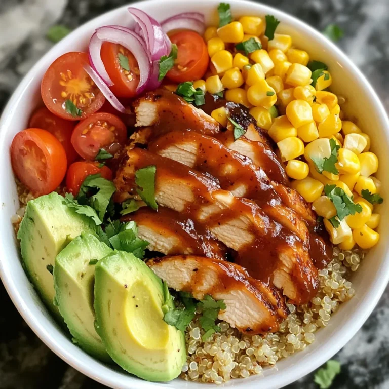 - 1 cup quinoa, thoroughly rinsed - 2 cups water or chicken broth - 2 boneless, skinless chicken breasts - 1 cup BBQ sauce - 1 cup cherry tomatoes, halved - 1 ripe avocado, sliced - 1 cup corn - 1 cup black beans, drained and rinsed - 1/2 cup red onion, thinly sliced - 1/4 cup fresh cilantro, chopped - Salt and pepper to taste - Olive oil for grilling You can swap quinoa for brown rice or couscous if you like. Use vegetable broth for a vegetarian version. Chicken can be replaced with grilled tofu or tempeh for a plant-based meal. If you want less sugar, choose a low-sugar BBQ sauce. Try using different beans like pinto or kidney beans instead of black beans. Each serving has about 450 calories. You get around 30 grams of protein from the chicken and beans. The dish also has healthy fats from avocado. It includes about 60 grams of carbs, mostly from quinoa and corn. This meal is rich in fiber, vitamins, and minerals. {{ingredient_image_2}} To start, rinse 1 cup of quinoa under cold water. This helps remove any bitterness. In a medium pot, bring 2 cups of water or chicken broth to a boil. Once boiling, add the rinsed quinoa. Give it a quick stir. Turn the heat down low and cover the pot. Let it simmer for about 15 minutes. The quinoa will absorb all the liquid. After 15 minutes, remove it from heat. Keep it covered for 5 more minutes. This step makes it fluffy. Finally, fluff the quinoa with a fork to separate the grains. While the quinoa cooks, prepare the chicken. Take 2 boneless, skinless chicken breasts. Season both sides with salt and pepper. Heat a drizzle of olive oil in a grill pan over medium-high heat. Place the chicken in the pan. Grill for about 6-7 minutes on each side. You want it nice and browned. Make sure it cooks fully, reaching an internal temperature of 165°F. After cooking, remove it from the heat. Brush each piece with 1 cup of BBQ sauce. Let it sit for a minute to caramelize. Then, slice the chicken into bite-sized strips. Now it’s time to put everything together. Take large serving bowls and add a base layer of quinoa. On top of the quinoa, arrange the sliced BBQ chicken. Next, add halved cherry tomatoes, sliced avocado, corn, black beans, and thinly sliced red onion. This makes the dish colorful and fresh. For the finishing touch, drizzle any leftover BBQ sauce over the bowls. Sprinkle with chopped cilantro for a burst of flavor. Serve right away for the best taste! To boost flavors in your BBQ Chicken Quinoa Bowls, try these tips: - Use chicken broth: Cook the quinoa in chicken broth instead of water. This adds depth to the flavor. - Homemade BBQ sauce: If time allows, make your own BBQ sauce. It tastes better and is healthier. - Add spices: Sprinkle in smoked paprika or cumin when cooking the chicken for a smoky flavor. Serving is just as important as cooking. Here are some fun ideas: - Colorful layers: Arrange the ingredients in separate sections on the bowls. This makes each layer pop and looks inviting. - Fresh herbs: Use chopped cilantro as a topping. It adds color and freshness. - Lime wedges: Serve with lime wedges on the side. A squeeze of lime gives a bright flavor boost. Juicy chicken is key to a great bowl. Follow these steps: - Proper seasoning: Use salt and pepper generously on both sides of the chicken. This enhances the taste. - Grill or pan-sear: Cook the chicken over medium-high heat. This helps it brown nicely while keeping it juicy. - Resting time: Let the chicken rest after cooking. This keeps the juices inside when you slice it. By using these tips, you can take your BBQ Chicken Quinoa Bowls to the next level! Pro Tips Perfectly Cooked Quinoa: Rinsing quinoa before cooking removes its natural coating called saponin, which can impart a bitter taste. Always rinse thoroughly for the best flavor. Juicy Chicken: Allow the chicken to rest for a few minutes after cooking before slicing. This helps retain the juices, making your chicken more flavorful and tender. BBQ Sauce Variations: Experiment with different BBQ sauces or make your own! Adding spices like smoked paprika or chipotle can give your dish a unique twist. Fresh Toppings: For added freshness, consider topping your bowls with a squeeze of lime juice or some diced jalapeños for a spicy kick. {{image_4}} You can easily make a vegetarian version of BBQ quinoa bowls. Instead of chicken, use grilled or roasted vegetables. Zucchini, bell peppers, and mushrooms work great. You can also use tofu or tempeh for protein. Marinate them in BBQ sauce before cooking for extra flavor. The BBQ sauce choice can change the taste of your bowls. Try a smoky sauce for a rich flavor. A spicy sauce adds a kick to the dish. For a sweet touch, use a honey-based BBQ sauce. If you prefer a healthier option, look for low-sugar or homemade sauces. They can enhance your meal without extra calories. Incorporating seasonal vegetables brings freshness to your bowls. Use asparagus in spring or butternut squash in fall. Roasted sweet potatoes add a sweet flavor, while fresh corn gives a nice crunch. You can mix and match veggies based on what is in season. This way, you get the best taste and support local farms. To store leftovers, let the BBQ Chicken Quinoa Bowls cool down first. Place them in an airtight container. Store in the fridge for up to three days. This keeps the flavors fresh. You can freeze these bowls for later use. Layer the quinoa and toppings in a freezer-safe container. Leave out the avocado, as it does not freeze well. You can keep them in the freezer for about three months. When ready, just thaw in the fridge overnight. When you want to enjoy your leftovers, reheat them gently. Use a microwave or a skillet. Add a splash of water or broth to keep it moist. Heat until warm, then enjoy the flavor again! Yes, you can use brown rice instead of quinoa. Just know that brown rice takes longer to cook. You will need about 40-45 minutes for it to soften. The flavor will change a bit, but it will still be tasty. You can store BBQ Chicken Quinoa Bowls in the fridge for up to three days. Make sure to keep them in an airtight container. The flavors may meld together, making it even better the next day! You can substitute chicken with tofu, beans, or grilled veggies. Tofu works well when marinated in BBQ sauce. Black beans or chickpeas add protein too. Just make sure to adjust cooking times based on what you choose. You learned how to make tasty BBQ Chicken Quinoa Bowls. We covered the full ingredient list and easy swaps. I shared step-by-step cooking tips for perfect quinoa and juicy chicken. We also explored fun ways to enhance flavors and serve. Plus, you discovered storage methods to keep your meal fresh. In summary, these bowls are adaptable and fun. Enjoy making them your own!