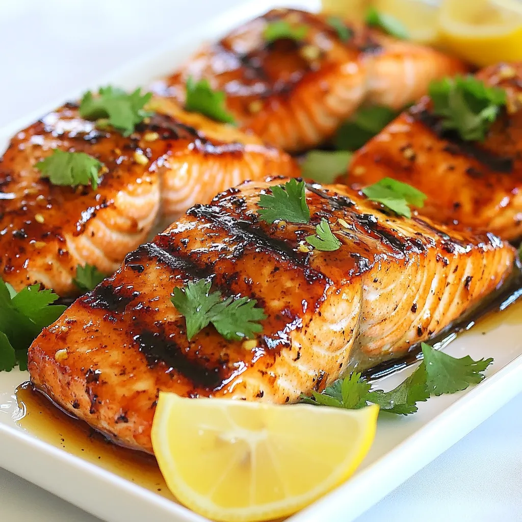 To make Jalapeño Honey Salmon, you need a few simple items. Gather the following ingredients: - 4 salmon fillets (approximately 6 oz each) - 2 tablespoons honey - 1-2 fresh jalapeños, finely chopped (adjust based on your preferred spice level) - 2 tablespoons soy sauce - 1 tablespoon olive oil - 2 cloves garlic, minced - 1 teaspoon ginger, freshly grated - Salt and pepper, to taste - Fresh cilantro or sliced green onions, for garnish - Lemon wedges, for serving These ingredients create a sweet and spicy flavor that pairs perfectly with salmon. The honey gives a nice glaze, while jalapeños add a kick. You can adjust the jalapeños for more or less heat, depending on your taste. Don't forget the garnishes! Fresh cilantro or green onions add a bright finish, and lemon wedges bring a fresh zing. {{ingredient_image_2}} To start, gather your ingredients: honey, jalapeños, soy sauce, olive oil, garlic, ginger, salt, and pepper. In a small bowl, mix together 2 tablespoons of honey and 1-2 finely chopped jalapeños. You can adjust the amount of jalapeños based on how spicy you want it to be. Add 2 tablespoons of soy sauce, 1 tablespoon of olive oil, 2 minced garlic cloves, and 1 teaspoon of grated ginger. Stir well until everything blends nicely. This mix will be your tasty marinade. Next, take 4 salmon fillets and place them in a shallow dish or a resealable bag. Pour the marinade over the salmon. Make sure each fillet is well coated. Cover the dish or seal the bag tightly. Now, put it in the fridge for about 30 minutes. This time lets the flavors soak into the salmon. After marinating, it’s time to cook. Preheat your grill or broiler to medium-high heat. If using a grill, brush the grates with a little olive oil. This step stops the fish from sticking. Remove the salmon from the marinade, but save the leftover marinade for later. Place the fillets on the grill or under the broiler. Cook each side for about 5-6 minutes, basting with the reserved marinade. The salmon is ready when it flakes easily with a fork. Once the salmon is cooked, transfer it to a plate. Let it rest for a few minutes. This resting time helps the juices settle and keeps it moist. Serve the salmon hot, garnished with fresh cilantro or chopped green onions. Don’t forget to add lemon wedges on the side for a zesty kick. For a nice touch, drizzle some reserved marinade over the top before serving. Enjoy your delicious meal! To adjust the spice in your Jalapeño Honey Salmon, you can change the number of jalapeños. If you want more heat, add another pepper. For less spice, use just one jalapeño or remove the seeds. Taste the marinade before you pour it over the salmon. This way, you can find the right balance for your taste buds. You can grill or broil your salmon. Grilling gives a smoky flavor, while broiling cooks it quickly. Both methods work well. If you want a crispy skin, grilling is best. For tender salmon, broiling is great. Always cook the salmon until it flakes easily with a fork. This shows it's done and will taste amazing. Presentation makes your meal look special. Place the salmon on a large platter. Drizzle some reserved marinade over the top. Add fresh cilantro or green onions around the fish for color. Serve lemon wedges on the side. This adds a bright touch and gives a fresh flavor when squeezed over the salmon. Enjoy your beautiful dish! Pro Tips Marinate Longer for More Flavor: If time allows, marinate the salmon for up to 2 hours. This enhances the flavor infusion and makes the salmon even more delicious. Experiment with Spice Levels: Adjust the amount of jalapeños based on your heat preference. For a milder dish, remove the seeds or choose a milder pepper. Check for Doneness: Salmon is perfectly cooked when it flakes easily with a fork. Use a meat thermometer to check for an internal temperature of 145°F (63°C) for ideal doneness. Serve with Sides: Pair your Jalapeño Honey Salmon with rice, quinoa, or a fresh salad for a complete and balanced meal that complements the flavors. {{image_4}} You can change up the flavor of your Jalapeño Honey Salmon by using different sauces. Try a sweet teriyaki sauce for a twist. You can also mix in some lime juice for a fresh zing. For a smoky kick, add a dash of chipotle sauce. Each sauce gives you a new taste experience. If you prefer to bake your salmon, preheat the oven to 400°F. Place the marinated salmon on a lined baking sheet. Bake for about 12-15 minutes. Keep an eye on the salmon. It should flake easily when done. You can also pan-sear the salmon. Heat a skillet over medium heat with a bit of olive oil. Cook the salmon skin-side down for about 5-7 minutes, then flip and cook for another 3-4 minutes. This will give you a nice crispy skin. You can swap out salmon for other fish if you prefer. Try using trout for a similar flavor. Cod is another great option. It has a mild taste and works well with the marinade. For a more unique choice, consider using halibut. Each fish brings its flavor, but the marinade still shines through. You can store leftover Jalapeño Honey Salmon in the fridge. Place it in an airtight container. It stays good for up to three days. Make sure the salmon is cool before sealing it. This keeps the flavor fresh and tasty. If you want to keep it longer, freeze the salmon. Wrap each piece in plastic wrap, then place them in a freezer bag. Squeeze out any air to prevent freezer burn. The salmon will stay fresh for about three months. To enjoy later, thaw it in the fridge overnight. To reheat the salmon, use the oven or microwave. For the oven, preheat it to 350°F (175°C). Place the salmon on a baking sheet and cover it with foil. Heat for about 10 minutes. If using a microwave, place it on a microwave-safe plate. Heat for 1-2 minutes, checking often. Make sure it’s warm throughout before serving. You can make the dish spicier by adding more jalapeños. Use two or three finely chopped jalapeños instead of one. You can also add red pepper flakes or a splash of hot sauce to the marinade. This will kick the heat up a notch. If you really love spice, consider using fresh chili peppers, like serranos. Yes, you can use frozen salmon fillets. Just make sure to thaw them first. Place them in the fridge overnight or soak them in cold water for about an hour. Once thawed, you can marinate them as you would fresh salmon. This method keeps the texture nice and tender. Jalapeño Honey Salmon pairs well with many sides. Here are some ideas: - Steamed rice or quinoa for a filling base - Grilled or roasted veggies like asparagus or zucchini - A fresh salad with mixed greens and a citrus dressing - Mashed sweet potatoes for a sweet contrast - Corn on the cob, especially in summer These sides enhance the flavors and create a balanced meal. In this article, we covered how to make Jalapeño Honey Salmon. We explored the key ingredients, including salmon, marinade details, and garnishes. You learned how to prepare, marinate, and cook the salmon, plus tips for adjusting spice levels and serving. Overall, this dish is both tasty and easy to customize. Feel free to experiment with different methods or sauces. Enjoy creating a delicious meal that impresses everyone! Your salmon journey starts now.