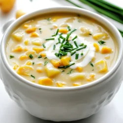 - 4 cups of fresh or frozen corn kernels - 1 large onion, finely diced - 2 medium potatoes, peeled and diced into ½-inch pieces - 2 cloves of garlic, minced - 3 cups of vegetable broth - 1 cup of heavy cream - 1 teaspoon of dried thyme - 1 teaspoon of smoked paprika - Salt and black pepper to taste - 1 tablespoon of olive oil - Fresh chives or parsley, chopped, for garnish When making slow cooker creamy corn chowder, you need a few key ingredients. Corn is the star of this dish. You can use fresh corn or frozen corn. Both work great! Onion and garlic bring a nice flavor. Chop the onion finely and mince the garlic. Potatoes add heartiness. Dice them into small pieces so they cook well. Vegetable broth adds depth to the chowder. Use a good quality broth for the best taste. Heavy cream makes the chowder rich and creamy. For flavor, add dried thyme and smoked paprika. These spices give the chowder a warm, cozy taste. Don't forget salt and black pepper to enhance all the flavors. Finally, top it off with fresh chives or parsley. They add a pop of color and freshness. This mix of ingredients creates a comforting meal that warms your soul! Sautéing Onions and Garlic Start by heating 1 tablespoon of olive oil in a medium skillet over medium heat. Add the finely diced onion and sauté for about 5 minutes. You want the onion to turn translucent. Next, stir in 2 minced garlic cloves and sauté for one more minute. This adds a lovely aroma to your chowder. Mixing Ingredients in Slow Cooker Transfer the sautéed onion and garlic to your slow cooker. Then, add 4 cups of corn kernels, 2 diced medium potatoes, and 3 cups of vegetable broth. Sprinkle in 1 teaspoon of dried thyme, 1 teaspoon of smoked paprika, and add salt and black pepper to taste. Stir everything together well to combine. Setting Cooking Time and Temperature Now, cover your slow cooker. Set it to cook on low for 6-7 hours or on high for 3-4 hours. You know it's done when the potatoes are tender and easily pierced with a fork. This slow cooking process brings all the flavors together. Mashing for Creaminess Once the cooking time is up, take a potato masher and mash some of the corn and potato mixture in the slow cooker. This will create a creamy texture while keeping some kernels whole for a nice bite. Adding Cream and Adjusting Seasoning Next, stir in 1 cup of heavy cream. Taste the chowder and adjust the seasoning with more salt and pepper if needed. Cover and let it cook on low for an extra 15-20 minutes to warm everything and meld the flavors. Serving and Garnishing Ladle the hot chowder into bowls. For a pop of color, sprinkle freshly chopped chives or parsley on top. This adds flavor and makes your dish visually appealing. Enjoy your comforting bowl of creamy corn chowder! - Seasoning Recommendations: Start with salt and black pepper. Add one teaspoon of dried thyme and smoked paprika for depth. These spices make the chowder pop. You can also try a dash of cayenne for heat. - Cream Substitutions: If you want a lighter option, use half-and-half instead of heavy cream. For a dairy-free version, try coconut cream or cashew cream. Both options keep the chowder rich and creamy. - Options for Chunky vs. Smooth Chowder: If you prefer a smooth texture, mash more of the corn and potatoes. For a chunkier chowder, mash less. You can also blend a portion of the soup in a blender, then mix it back in. This gives you control over the texture. - Best Side Dishes to Accompany: Serve your chowder with crusty bread or a fresh salad. Grilled cheese sandwiches also pair well. They add a nice crunch and complement the creamy soup. A light coleslaw can bring a refreshing balance. {{image_4}} You can easily swap some ingredients in this chowder. For a dairy-free version, replace heavy cream with coconut milk or cashew cream. Both options keep it rich and creamy. Adding crispy bacon can enhance the flavor, giving a nice smoky note. You might also add extra veggies like bell peppers or carrots for more texture. Just remember to adjust the cooking time if you add more ingredients. If you like heat, try making a spicy corn chowder. Add diced jalapeños or a pinch of cayenne pepper. This will give your chowder a nice kick without overpowering the corn flavor. For a fresh twist, an herbed corn chowder is a great option. Add fresh herbs like basil, cilantro, or dill before serving. These herbs brighten up the dish and add a nice aroma. Experiment with these variations to create your perfect bowl of chowder! To store leftovers, let the chowder cool first. Then, place it in an airtight container. It keeps well in the fridge for up to three days. Make sure to label the container with the date. This way, you can keep track of how long it has been stored. For freezing, let the chowder cool completely. Use freezer-safe containers or bags for best results. Leave some space at the top of the container for expansion. The chowder can last up to three months in the freezer. When you're ready to enjoy it again, remember to label it with the date. To reheat safely, thaw the chowder in the fridge overnight if frozen. You can use a pot on the stove over low heat. Stir it often to avoid sticking. You can also use the microwave. Heat in short intervals, stirring in between. Make sure it is hot all the way through before serving. You can use dried corn, but it needs a bit of prep. Soak the dried corn overnight. Then, cook it until tender before adding it to your chowder. Fresh or frozen corn gives a sweeter and juicier taste. This chowder is mild. The smoked paprika adds flavor without heat. If you want spice, add diced jalapeños or a dash of hot sauce. You can adjust the heat to fit your taste. Yes, you can make this chowder vegan easily. Replace the heavy cream with coconut cream or a cashew cream. Also, use vegetable broth to keep it plant-based. This way, you still enjoy a creamy texture. Corn chowder pairs well with crusty bread or cornbread. A fresh salad adds a nice crunch. You can also serve it with grilled cheese sandwiches for a cozy meal. Homemade chowder lasts about 3 to 4 days in the fridge. Store it in an airtight container. If you want to keep it longer, consider freezing it. Properly frozen chowder can last up to 3 months. This corn chowder recipe combines fresh ingredients and easy steps to create a tasty dish. You learned how to prepare, cook, and serve it well, plus tips to make it even better. Remember, you can switch ingredients based on your taste or diet. Store leftovers properly to keep them fresh. With this recipe, you'll impress friends and family. Enjoy making your chowder, and have fun experimenting with flavors!