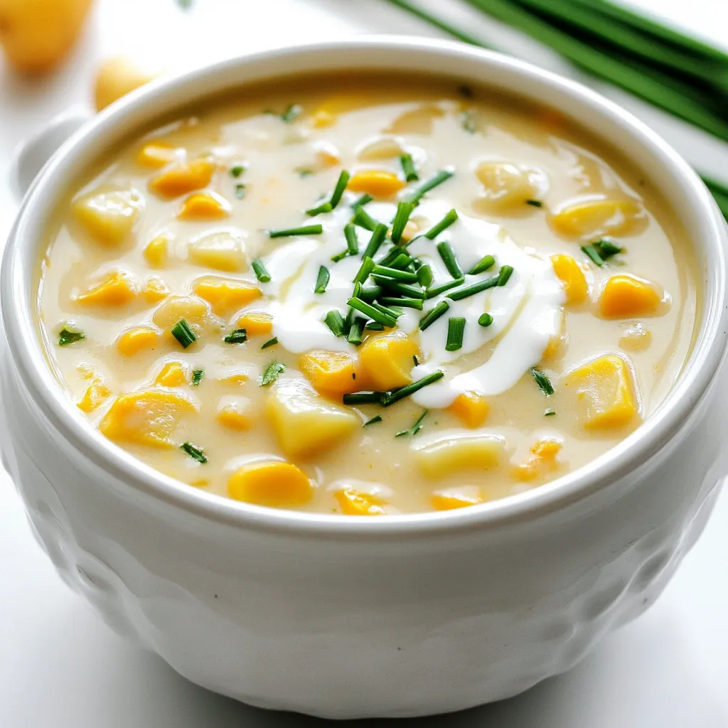 - 4 cups of fresh or frozen corn kernels - 1 large onion, finely diced - 2 medium potatoes, peeled and diced into ½-inch pieces - 2 cloves of garlic, minced - 3 cups of vegetable broth - 1 cup of heavy cream - 1 teaspoon of dried thyme - 1 teaspoon of smoked paprika - Salt and black pepper to taste - 1 tablespoon of olive oil - Fresh chives or parsley, chopped, for garnish When making slow cooker creamy corn chowder, you need a few key ingredients. Corn is the star of this dish. You can use fresh corn or frozen corn. Both work great! Onion and garlic bring a nice flavor. Chop the onion finely and mince the garlic. Potatoes add heartiness. Dice them into small pieces so they cook well. Vegetable broth adds depth to the chowder. Use a good quality broth for the best taste. Heavy cream makes the chowder rich and creamy. For flavor, add dried thyme and smoked paprika. These spices give the chowder a warm, cozy taste. Don't forget salt and black pepper to enhance all the flavors. Finally, top it off with fresh chives or parsley. They add a pop of color and freshness. This mix of ingredients creates a comforting meal that warms your soul! Sautéing Onions and Garlic Start by heating 1 tablespoon of olive oil in a medium skillet over medium heat. Add the finely diced onion and sauté for about 5 minutes. You want the onion to turn translucent. Next, stir in 2 minced garlic cloves and sauté for one more minute. This adds a lovely aroma to your chowder. Mixing Ingredients in Slow Cooker Transfer the sautéed onion and garlic to your slow cooker. Then, add 4 cups of corn kernels, 2 diced medium potatoes, and 3 cups of vegetable broth. Sprinkle in 1 teaspoon of dried thyme, 1 teaspoon of smoked paprika, and add salt and black pepper to taste. Stir everything together well to combine. Setting Cooking Time and Temperature Now, cover your slow cooker. Set it to cook on low for 6-7 hours or on high for 3-4 hours. You know it's done when the potatoes are tender and easily pierced with a fork. This slow cooking process brings all the flavors together. Mashing for Creaminess Once the cooking time is up, take a potato masher and mash some of the corn and potato mixture in the slow cooker. This will create a creamy texture while keeping some kernels whole for a nice bite. Adding Cream and Adjusting Seasoning Next, stir in 1 cup of heavy cream. Taste the chowder and adjust the seasoning with more salt and pepper if needed. Cover and let it cook on low for an extra 15-20 minutes to warm everything and meld the flavors. Serving and Garnishing Ladle the hot chowder into bowls. For a pop of color, sprinkle freshly chopped chives or parsley on top. This adds flavor and makes your dish visually appealing. Enjoy your comforting bowl of creamy corn chowder! - Seasoning Recommendations: Start with salt and black pepper. Add one teaspoon of dried thyme and smoked paprika for depth. These spices make the chowder pop. You can also try a dash of cayenne for heat. - Cream Substitutions: If you want a lighter option, use half-and-half instead of heavy cream. For a dairy-free version, try coconut cream or cashew cream. Both options keep the chowder rich and creamy. - Options for Chunky vs. Smooth Chowder: If you prefer a smooth texture, mash more of the corn and potatoes. For a chunkier chowder, mash less. You can also blend a portion of the soup in a blender, then mix it back in. This gives you control over the texture. - Best Side Dishes to Accompany: Serve your chowder with crusty bread or a fresh salad. Grilled cheese sandwiches also pair well. They add a nice crunch and complement the creamy soup. A light coleslaw can bring a refreshing balance. {{image_4}} You can easily swap some ingredients in this chowder. For a dairy-free version, replace heavy cream with coconut milk or cashew cream. Both options keep it rich and creamy. Adding crispy bacon can enhance the flavor, giving a nice smoky note. You might also add extra veggies like bell peppers or carrots for more texture. Just remember to adjust the cooking time if you add more ingredients. If you like heat, try making a spicy corn chowder. Add diced jalapeños or a pinch of cayenne pepper. This will give your chowder a nice kick without overpowering the corn flavor. For a fresh twist, an herbed corn chowder is a great option. Add fresh herbs like basil, cilantro, or dill before serving. These herbs brighten up the dish and add a nice aroma. Experiment with these variations to create your perfect bowl of chowder! To store leftovers, let the chowder cool first. Then, place it in an airtight container. It keeps well in the fridge for up to three days. Make sure to label the container with the date. This way, you can keep track of how long it has been stored. For freezing, let the chowder cool completely. Use freezer-safe containers or bags for best results. Leave some space at the top of the container for expansion. The chowder can last up to three months in the freezer. When you're ready to enjoy it again, remember to label it with the date. To reheat safely, thaw the chowder in the fridge overnight if frozen. You can use a pot on the stove over low heat. Stir it often to avoid sticking. You can also use the microwave. Heat in short intervals, stirring in between. Make sure it is hot all the way through before serving. You can use dried corn, but it needs a bit of prep. Soak the dried corn overnight. Then, cook it until tender before adding it to your chowder. Fresh or frozen corn gives a sweeter and juicier taste. This chowder is mild. The smoked paprika adds flavor without heat. If you want spice, add diced jalapeños or a dash of hot sauce. You can adjust the heat to fit your taste. Yes, you can make this chowder vegan easily. Replace the heavy cream with coconut cream or a cashew cream. Also, use vegetable broth to keep it plant-based. This way, you still enjoy a creamy texture. Corn chowder pairs well with crusty bread or cornbread. A fresh salad adds a nice crunch. You can also serve it with grilled cheese sandwiches for a cozy meal. Homemade chowder lasts about 3 to 4 days in the fridge. Store it in an airtight container. If you want to keep it longer, consider freezing it. Properly frozen chowder can last up to 3 months. This corn chowder recipe combines fresh ingredients and easy steps to create a tasty dish. You learned how to prepare, cook, and serve it well, plus tips to make it even better. Remember, you can switch ingredients based on your taste or diet. Store leftovers properly to keep them fresh. With this recipe, you'll impress friends and family. Enjoy making your chowder, and have fun experimenting with flavors!