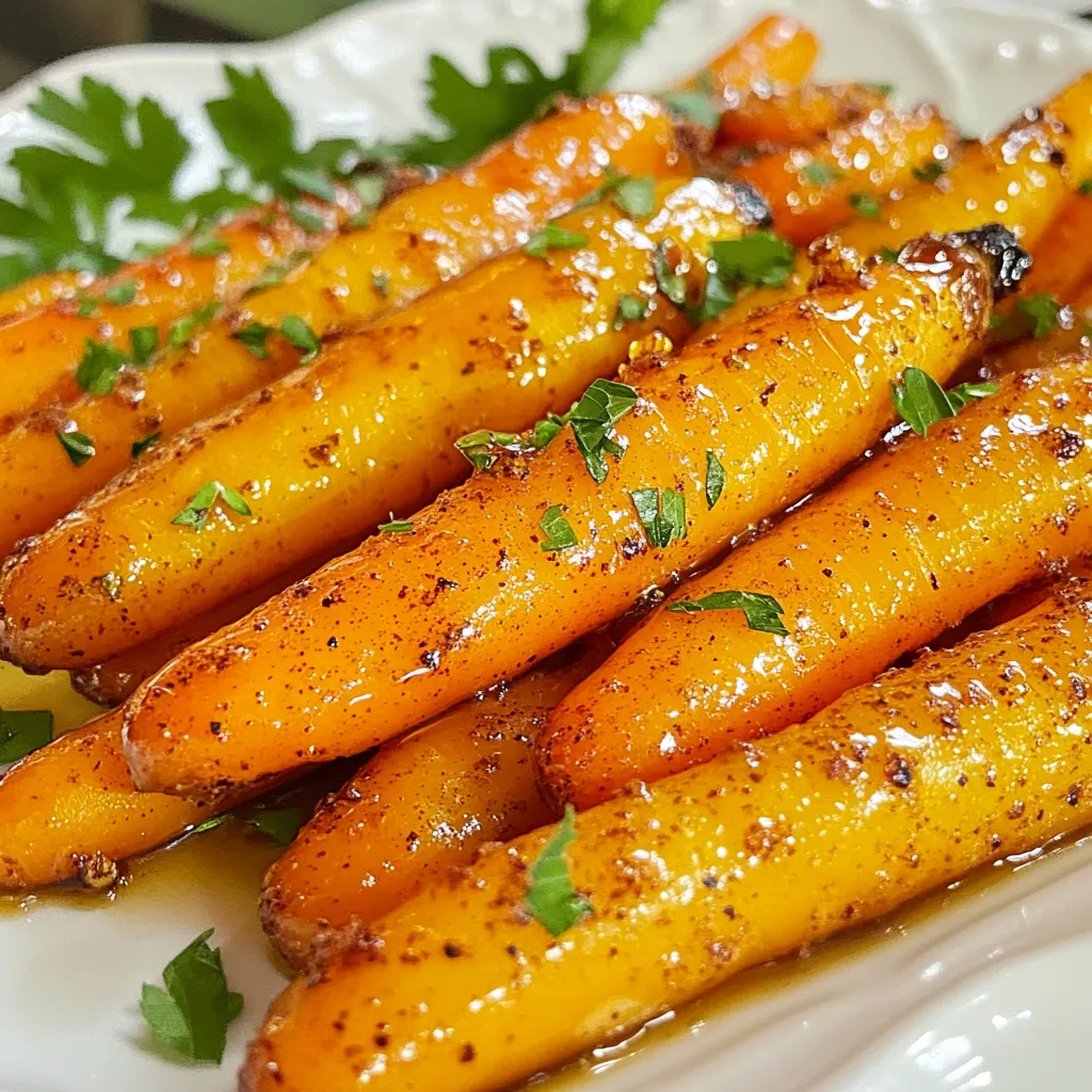 To make maple glazed carrots, you need simple and fresh ingredients. Here’s what you’ll need: - 1 pound baby carrots (or regular carrots, peeled and sliced into sticks) - 1/4 cup pure maple syrup - 2 tablespoons unsalted butter - 1 tablespoon olive oil - 1/2 teaspoon salt - 1/4 teaspoon freshly ground black pepper - 1/2 teaspoon ground cinnamon - 1 tablespoon fresh parsley, finely chopped (for garnish) These ingredients come together to create a sweet and savory dish. The maple syrup adds a rich sweetness, while the butter and olive oil provide a smooth texture. You can boost the flavor of your carrots with a few extra ingredients. Try adding: - A pinch of nutmeg for warmth - Lemon juice for brightness - A dash of cayenne for heat These options can make your dish even more exciting. Feel free to experiment and find what you like best. Each serving of maple glazed carrots is not only tasty but also nutritious. Here’s a quick look at what you get: - Calories: Approximately 150 - Protein: 1g - Carbohydrates: 24g - Fiber: 3g - Sugars: 10g - Fat: 6g These carrots offer a good amount of vitamins and minerals. They are a great side dish that pairs well with many meals. Enjoy them for their flavor and health benefits! {{ingredient_image_2}} Start by prepping your carrots. If you use regular carrots, peel them first. Cut them into uniform sticks. This helps them cook evenly. If you choose baby carrots, just rinse them well. You can leave them whole for a nice look on your plate. Next, heat a large skillet on medium heat. Add unsalted butter and olive oil to the skillet. Watch as the butter melts and mixes with the oil. This mix gives the carrots a rich flavor. Once it's sizzling, add your prepared carrots. Stir them well to coat each piece in the buttery mix. Spread them out in a single layer. This ensures that they cook evenly. Now, let's make the glaze. In a small bowl, whisk together pure maple syrup, salt, black pepper, and ground cinnamon. This mix will bring out the carrots' natural sweetness. Pour the glaze over the carrots in the skillet. Gently stir to coat all the carrots. Cover the skillet with a lid. Let the carrots cook for about 8 to 10 minutes. Stir occasionally until they are tender but still a little crisp. After they soften, remove the lid. Let the glaze simmer and reduce. Cook for 3 to 5 more minutes. Stir often until the glaze thickens and clings to the carrots. Once the carrots are cooked, remove the skillet from the heat. Sprinkle finely chopped parsley over the top. This adds a burst of color and freshness. For serving, use a shallow dish. Drizzle any leftover glaze from the skillet over the carrots. Garnish with extra parsley if you like. Serve warm alongside your favorite main dish. To get the best flavor from your maple glazed carrots, focus on using pure maple syrup. This syrup has a rich taste that enhances the carrots. The butter and olive oil provide richness and depth. Don't skip the salt and pepper; they help the flavors shine. Ground cinnamon adds warmth and sweetness. A touch of fresh parsley at the end brightens everything up. One common mistake is overcooking the carrots. You want them tender but still crisp. If they turn mushy, they lose their great texture. Another mistake is not evenly coating the carrots in the glaze. Make sure each piece gets a good mix in the skillet. Lastly, avoid using fake maple syrup. It won’t give you the same nice flavor. For this dish, you need a large skillet. A non-stick skillet works best for easy cooking and cleanup. A whisk is essential for mixing the glaze smoothly. Use a cutting board and a sharp knife for prepping the carrots. A lid for your skillet helps cook the carrots evenly. Finally, have a serving dish ready for a beautiful presentation. Pro Tips Uniform Sizing: Cut all carrots into similar sizes for even cooking. This ensures that they cook through at the same rate, providing a consistent texture. Maple Syrup Quality: Use high-quality pure maple syrup for the best flavor. The richness of the syrup will enhance the sweetness and overall taste of the dish. Adjusting Sweetness: Feel free to adjust the amount of maple syrup based on your preference. If you like it sweeter, add a bit more; if you prefer a less sweet dish, reduce it slightly. Herb Variations: Experiment with different herbs for garnish, such as thyme or dill, to complement the flavors of the glaze and add variety to the dish. {{image_4}} You can add other vegetables to make maple glazed carrots even better. Try adding parsnips, sweet potatoes, or bell peppers. Each vegetable brings its own flavor and adds a new twist. Cut them into similar sizes to the carrots. This way, they all cook evenly. Roasting or sautéing before glazing can also enhance their taste. Mixing textures and flavors makes the dish fun and exciting. If you want to change the sweetness, consider using honey or agave syrup. These sweeteners create a different flavor profile while keeping the dish sweet. For a spice twist, add ginger or nutmeg. Both add warmth and depth to the glaze. You can also try using chili flakes for a spicy kick. Experimenting with spices and sweeteners can lead to new favorites. You can pair maple glazed carrots with proteins for a fuller meal. Try serving them with roasted chicken or grilled salmon. The sweet glaze complements the savory flavors of meat perfectly. For a vegetarian option, serve with sautéed tofu or chickpeas. Adding protein transforms this side into a balanced meal. Don't forget to adjust the glaze to match the protein's flavor! After enjoying your maple glazed carrots, let any leftovers cool. Place them in an airtight container. Store them in the fridge. They will stay fresh for about three to four days. To keep the flavors intact, avoid adding extra glaze before storing. This helps prevent sogginess. To reheat, you can use the stovetop or microwave. For the stovetop, place the carrots in a skillet over medium heat. Add a splash of water to help steam them. Stir occasionally until they are heated through. For the microwave, place the carrots in a microwave-safe dish. Cover with a lid or microwave-safe wrap. Heat in short bursts, stirring in between until warm. Freezing maple glazed carrots is possible, but they may lose some texture. To freeze, first cook the carrots as per the recipe. Allow them to cool completely. Place them in a freezer bag, removing as much air as possible. Label the bag with the date. They can be frozen for up to three months. When ready to use, thaw in the fridge overnight. Reheat gently to enjoy their sweet, savory goodness again. Yes, you can use frozen carrots. They work well in this dish. Just remember, frozen carrots may cook faster. Adjust the cooking time to ensure they do not become mushy. Thaw them first for even better results. To make this dish vegan, substitute the butter. Use vegan butter or coconut oil instead. The maple syrup is already vegan, so you’re good there! This keeps the sweet and savory flavor intact. These carrots pair nicely with many dishes. Try serving them with roasted chicken or grilled salmon. They also work well alongside rice or quinoa. For a vegetarian meal, serve them with a hearty grain salad. Yes, you can prepare this dish ahead of time. Cook the carrots and glaze, then let them cool. Store in an airtight container in the fridge. When ready to serve, reheat them gently on the stove. This keeps the flavor fresh. Maple glazed carrots are simple to make and tasty. We explored key ingredients and the best cooking steps. I shared tips to improve flavor and avoid mistakes. You can try different veggies or sweeteners for variety. Remember to store leftovers properly and reheat them well. This dish pairs well with many meals. Experiment and enjoy your cooking!