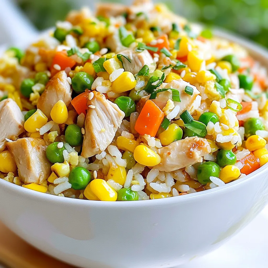 To make a tasty Teriyaki Chicken Fried Rice, gather these simple ingredients: - 2 cups day-old jasmine rice, cooked and cooled - 1 cup cooked chicken breast, diced into bite-sized pieces - 2 tablespoons teriyaki sauce - 1 cup mixed vegetables (a vibrant blend of peas, carrots, and corn) - 2 green onions, finely chopped - 2 large eggs, lightly beaten - 2 tablespoons sesame oil, divided - 1 tablespoon soy sauce - Salt and freshly cracked pepper, to taste - Sesame seeds, for garnish Using day-old rice is key. It has less moisture, which helps avoid mushy fried rice. Cooked chicken breast adds protein, while the teriyaki sauce brings a sweet and savory flavor. Mixed vegetables give color and nutrients, making each bite bright and healthy. Green onions add a fresh crunch, while eggs help bind the dish together. Sesame oil adds a nutty aroma and flavor. Soy sauce gives depth to the taste, while salt and pepper enhance everything. Finally, sesame seeds provide a delightful crunch on top. Each ingredient plays a vital role in creating a perfect Teriyaki Chicken Fried Rice that you will love! {{ingredient_image_2}} First, grab a large skillet or wok. Heat 1 tablespoon of sesame oil over medium-high heat. Wait until the oil shimmers. This step gets your skillet ready for cooking. Next, add 1 cup of mixed vegetables to the hot skillet. Stir-fry for about 3 to 4 minutes. You want them tender but still crisp. This adds great texture to your fried rice. Now, push the veggies to one side of the skillet. Pour 2 large beaten eggs into the other side. Let them sit for a moment. Then, scramble them with a spatula until they are fully cooked. Mix the eggs back with the veggies. Add 1 cup of diced cooked chicken breast to the skillet. Pour in 2 tablespoons of teriyaki sauce. Stir-fry everything together for another 2 minutes. The chicken should heat up nicely, and the flavors will blend well. Introduce 2 cups of day-old jasmine rice to the skillet. Also, add 1 tablespoon of soy sauce and the last tablespoon of sesame oil. Use your spatula to break up rice clumps. Stir-fry everything for another 3 to 4 minutes. This lets the flavors meld together. Taste your fried rice. Adjust the seasoning with salt and freshly cracked pepper. Just before serving, fold in the chopped green onions. This adds a nice, fresh bite. Transfer the fried rice to a serving dish. Sprinkle sesame seeds on top for crunch. Serve in elegant bowls or vibrant plates. For a fun twist, add a wedge of lime on the side. This enhances the dish’s flavor! Day-old rice is best for fried rice. Freshly cooked rice is moist and sticky. This can make your dish clump together. Day-old rice is dry and fluffy. It separates easily when stir-fried. If you don’t have day-old rice, spread fresh rice on a tray. Let it cool for at least 30 minutes before using. Stir-frying is all about speed and heat. Use a large skillet or wok for best results. Heat your oil until it shimmers. This helps to sear the ingredients fast. Keep everything moving in the pan. This ensures even cooking and bright colors. Push ingredients to the side to make room. This way, you can scramble eggs or add new items without crowding the pan. Balancing flavors makes your fried rice shine. Start with teriyaki sauce for sweetness. Add soy sauce for saltiness. You can also mix in garlic or ginger for more depth. Taste as you cook. If you want more spice, add chili flakes or sriracha. For freshness, include lime juice just before serving. This will brighten the dish and add zest. Pro Tips Use Day-Old Rice: For the best texture, always use day-old jasmine rice. It’s drier and will fry better without becoming mushy. Customize Your Vegetables: Feel free to swap in your favorite vegetables like bell peppers, broccoli, or snap peas to add color and nutrition. Adjust the Sauce: Depending on your taste preference, you can increase or decrease the amount of teriyaki sauce for a sweeter or saltier dish. Garnish Creatively: Enhance the visual appeal of your dish by adding fresh herbs like cilantro or a squeeze of lime juice just before serving. {{image_4}} You can switch out chicken for other proteins. Shrimp, beef, or tofu work great. For shrimp, just cook until pink. For beef, thinly slice it for quick cooking. Tofu needs a good press to remove water. Then, cube it and sauté until golden. Each protein adds unique flavor to the dish. Feel free to mix up the veggies. Broccoli, bell peppers, or snap peas add crunch. You can even toss in mushrooms for an earthy taste. The key is to chop them small so they cook fast. This keeps the dish colorful and fun. Always aim for a mix of textures and colors. To make this dish gluten-free, swap soy sauce for tamari. Tamari gives a similar flavor without gluten. Check teriyaki sauce labels for gluten-free options too. Many brands make gluten-free teriyaki sauce. This way, everyone can enjoy your fried rice guilt-free! To store leftovers of Teriyaki Chicken Fried Rice, place it in an airtight container. Make sure the rice cools down to room temperature first. This will help keep it fresh. You can store it in the fridge for up to four days. If you want to keep it longer, consider freezing it. Just make sure to use a freezer-safe container. When you are ready to eat the leftover fried rice, reheat it on the stove. Heat a small amount of sesame oil in a skillet over medium heat. Add your rice and stir until it’s hot. You can also use the microwave. Place the rice in a microwave-safe bowl and cover it with a damp paper towel. Heat for about 1-2 minutes, stirring halfway through, until warm. The shelf life for Teriyaki Chicken Fried Rice in the fridge is about four days. If you freeze it, it can last up to three months. However, for the best taste, try to eat it within one month. Always check for any signs of spoilage before eating. If it smells off or looks strange, it’s best to throw it away. Yes, you can use fresh rice, but it won’t work as well. Fresh rice is moist and sticky. Day-old rice is drier, making it easier to fry. If you use fresh rice, spread it out to cool before cooking. This helps it dry out a bit. You can make a quick mix if you don’t have teriyaki sauce. Combine soy sauce, honey, and a splash of rice vinegar. This mix gives you a sweet and salty taste. You can also try hoisin sauce or a sweet soy glaze. Yes, this recipe is great for meal prep. It stores well in the fridge for up to four days. Just keep it in airtight containers. You can easily reheat it in a pan or microwave when you’re ready to eat. If you want heat, add some chili flakes or sriracha. You can also mix in diced jalapeños while cooking. Start with a little and taste as you go. This way, you can control how spicy it gets. Absolutely! Swap the chicken for tofu or tempeh. Use vegetable stock instead of chicken broth, and keep the veggies. You can also add extra vegetables like bell peppers or mushrooms for more flavor. This way, you keep it tasty and filling. You learned how to make teriyaki chicken fried rice step by step. We covered the key ingredients and shared tips for perfecting your stir-fry skills. You also found fun ways to change the recipe and how to store leftovers. Now, enjoy this dish at home and impress your taste buds. This recipe is easy and full of flavor. Cooking can be fun and rewarding, so keep experimenting in the kitchen!