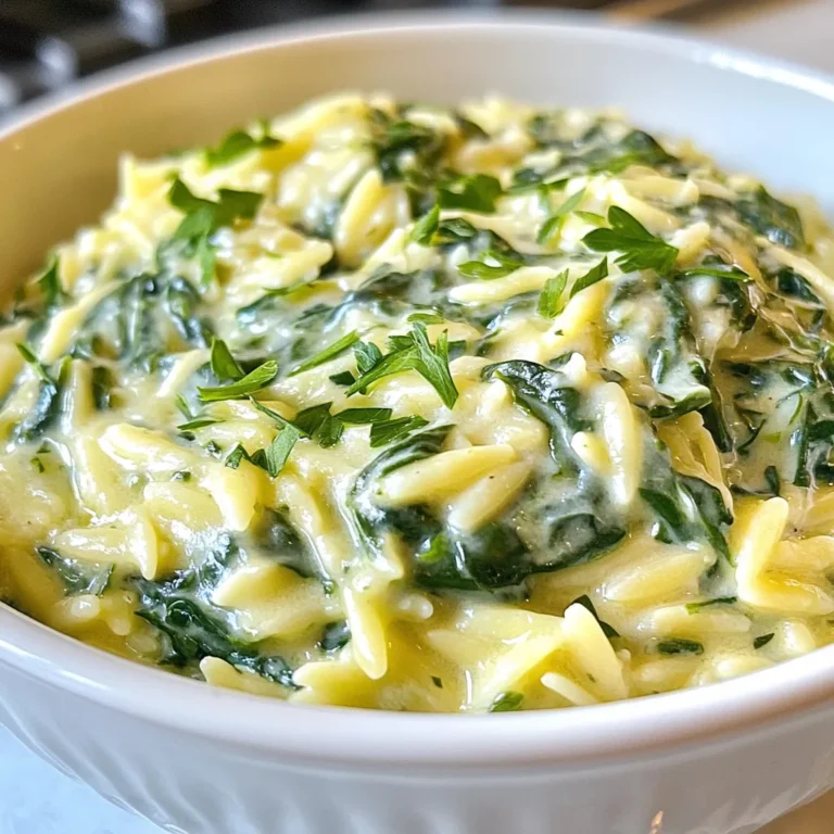 - 1 cup orzo pasta - 2 cups fresh spinach, roughly chopped - 1 tablespoon extra virgin olive oil - 1 small onion, finely diced - 2 cloves garlic, minced - 1/2 cup heavy cream - 1/2 cup vegetable broth - 1/2 cup freshly grated Parmesan cheese - Salt and freshly ground black pepper to taste - 1/4 teaspoon ground nutmeg (optional for warmth) - Fresh parsley, roughly chopped, for garnish You can swap orzo for other small pasta like couscous or quinoa. If you don’t have fresh spinach, use frozen spinach. Just make sure to thaw and drain it well. For heavy cream, try half-and-half or a plant-based cream for a lighter option. If you need a dairy-free choice, nutritional yeast can replace Parmesan cheese. Always choose fresh ingredients for the best flavor. Look for vibrant green spinach with no brown spots. When buying onion and garlic, choose firm bulbs without sprouting. Freshly grated Parmesan enhances the taste much more than pre-grated cheese. If possible, use organic items for better quality. {{ingredient_image_2}} Start by boiling a large pot of salted water. Once it reaches a rolling boil, add 1 cup of orzo pasta. Cook the orzo for 8 to 10 minutes until it is al dente. Then, drain the pasta and set it aside. This step is crucial for getting the right texture. Next, use the same pot to heat 1 tablespoon of extra virgin olive oil over medium heat. Add 1 small, finely diced onion. Sauté for 3 to 4 minutes until the onion turns soft and slightly golden. Then, add 2 minced garlic cloves. Stir constantly for about 1 minute. This helps release the wonderful garlic flavor without burning it. Now, toss in 2 cups of roughly chopped fresh spinach. Stir until the leaves wilt, which takes about 2 to 3 minutes. After that, pour in 1/2 cup of vegetable broth. Bring the mixture to a gentle simmer. This step allows all the flavors to blend well. Slowly stir in 1/2 cup of heavy cream until the sauce is creamy and smooth. Finally, add the drained orzo back into the pot. Stir it well to make sure every piece is coated in the creamy sauce. Fold in 1/2 cup of freshly grated Parmesan cheese. Season with salt, black pepper, and a pinch of ground nutmeg if you like. Cook for another 2 to 3 minutes until everything is heated through. The dish is now ready to serve! To get a creamy texture, use heavy cream. This gives the dish richness. Stir in the cream slowly for even mixing. If it feels thick, add a splash of vegetable broth. This helps keep it smooth. Make sure to heat it gently; high heat can curdle the cream. Want to elevate the flavor? Add freshly cracked black pepper and a pinch of salt. Nutmeg brings warmth and depth. You can also try adding lemon zest for a bright kick. Fresh herbs like basil or thyme can add a unique twist. Don’t forget to taste as you go! Serve creamy spinach orzo in shallow bowls. This makes it look fancy. Top with extra Parmesan for a rich finish. A drizzle of olive oil adds shine. Pair it with grilled chicken or a fresh salad for a complete meal. For a fun twist, serve it with crusty bread for dipping! Pro Tips Use Fresh Ingredients: Fresh spinach and high-quality Parmesan cheese will elevate the flavor of this dish significantly, making it more vibrant and delicious. Adjust the Creaminess: For a lighter version, substitute half of the heavy cream with more vegetable broth. This will still keep it creamy without being too rich. Perfectly Cooked Orzo: Be careful not to overcook the orzo; it should be al dente. It will continue to cook slightly when mixed into the creamy sauce. Add Protein: For a heartier meal, consider adding cooked chicken, shrimp, or chickpeas to the dish for added protein and texture. {{image_4}} You can easily add protein to creamy spinach orzo. Chicken works great. Just cook diced chicken in the pot before adding the onion. Shrimp is also a tasty choice. Sauté shrimp in olive oil until pink. Then, follow the recipe as usual. For a quick meal, use rotisserie chicken. It saves time and adds flavor. If you want to mix up the veggies, try adding mushrooms or bell peppers. Sauté them with onions for extra flavor. Broccoli florets can also add great texture. Just blanch them before mixing in. You can even use kale instead of spinach. It gives a different taste and is just as healthy. To make this dish vegan, swap heavy cream for coconut cream or a nut milk. Use nutritional yeast instead of Parmesan for a cheesy flavor. For gluten-free orzo, look for rice-based options at the store. These swaps make the dish fit your dietary needs without losing taste. Enjoy the creamy goodness no matter your diet! After enjoying creamy spinach orzo, let it cool down to room temperature. Place it in an airtight container. Store it in the fridge for up to three days. This keeps the flavors fresh and your meal ready for later. To reheat, you can use a microwave or a pot. For the microwave, place a serving in a bowl. Heat it for one to two minutes. Stir halfway to ensure even warmth. If using a pot, add a splash of vegetable broth or water. Heat over low heat, stirring gently until hot. This keeps the orzo creamy and avoids burning. You can freeze creamy spinach orzo for up to three months. Use an airtight container or freezer bag. Make sure to remove as much air as possible. When ready to eat, thaw it overnight in the fridge. Reheat it using the methods above, adding more liquid if needed. This way, your dish stays tasty and enjoyable even after freezing. Yes, you can make creamy spinach orzo ahead of time. Just prepare the dish and let it cool. Store it in an airtight container in the fridge. It stays good for up to three days. When you are ready to eat, just reheat it on the stove or in the microwave. You may need to add a splash of broth or cream to restore its creamy texture. Creamy spinach orzo pairs well with a variety of dishes. Here are some great options: - Grilled chicken breast - Shrimp sautéed with garlic - Roasted vegetables - A fresh garden salad - Crusty bread for dipping These sides help balance the creaminess and add more flavor to your meal. To adapt creamy spinach orzo for meal prep, make a larger batch. Divide the orzo into single-serving containers. Store them with the sauce on the side to keep the orzo from getting soggy. When you’re ready to eat, just heat the orzo and sauce together. This way, you save time and enjoy a delicious meal throughout the week. Yes, you can use frozen spinach instead of fresh. Make sure to thaw it first and squeeze out the extra water. This prevents your dish from becoming too watery. Add the thawed spinach to the pot after the garlic, just like you would with fresh spinach. It will still taste great and save you some prep time! You now have all you need to create a tasty creamy spinach orzo. We've covered ingredients and their substitutes, plus tips to make your dish shine. From mixing processes to serving ideas, you can customize your orzo any way you like. Don't forget proper storage to keep it fresh. This dish is flexible—add protein, swap veggies, or adjust for diets. Enjoy making your creamy spinach orzo, and share it with those you love!