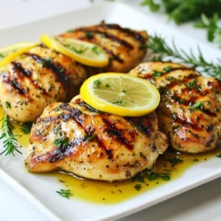 - 4 boneless, skinless chicken breasts - 3 tablespoons extra virgin olive oil - Zest from 2 vibrant lemons - 1/4 cup freshly squeezed lemon juice - 3 cloves of garlic, finely minced - 1 tablespoon fresh rosemary, finely chopped - 1 tablespoon fresh thyme, finely chopped - 1 tablespoon fresh parsley, finely chopped - Sea salt and freshly cracked black pepper, to taste - Lemon slices, for an elegant garnish To make Lemon Herb Grilled Chicken, gather these ingredients. You need four boneless, skinless chicken breasts. They are easy to grill and stay juicy. You will also need three tablespoons of olive oil and the zest from two bright lemons. This zest adds a fresh kick. Next, juice those lemons to get 1/4 cup of lemon juice. This juice will help tenderize the chicken. You want three cloves of garlic, finely minced, for flavor. Fresh herbs are key too! Grab a tablespoon each of rosemary, thyme, and parsley. These herbs add a great aroma and taste. Lastly, don’t forget sea salt and black pepper. These seasonings will enhance all the flavors. Lemon slices make a nice touch for garnish. With all these items, you are set for a delicious grilled chicken dish! {{ingredient_image_2}} Start by gathering your ingredients. You will need olive oil, lemon zest, lemon juice, minced garlic, and fresh herbs. In a spacious mixing bowl, whisk together the olive oil, lemon zest, lemon juice, minced garlic, chopped rosemary, thyme, parsley, sea salt, and black pepper. This will create a bright and aromatic marinade that infuses the chicken with flavor. Marinating time is key. I recommend letting the chicken soak for at least 30 minutes. If you have more time, marinate for up to 2 hours. This allows the chicken to absorb all the wonderful flavors. Now, gently place the chicken breasts into the marinade. Make sure each piece is thoroughly coated. This is where the magic happens! Cover the bowl with plastic wrap and place it in the refrigerator. The cold makes the chicken tender and juicy as it soaks in all those flavors. Before grilling, preheat your grill to a medium-high setting, aiming for about 400°F (200°C). This temperature helps achieve that perfect char. After marinating, remove the chicken from the bowl. Let any excess marinade drip off. Discard the leftover marinade to stay safe from germs. Place the chicken breasts on the grill. Cook each side for approximately 6-7 minutes. You know it’s done when the internal temperature hits 165°F (75°C) and you see those nice grill marks. Once grilled, transfer the chicken to a plate and let it rest for 5 minutes. This is an important step. It helps keep the chicken juicy. Serve it with fresh lemon slices and a sprinkle of herbs for a beautiful finish! To keep your chicken juicy, let it rest after grilling. This step is key. When you rest the chicken, the juices settle back inside. If you skip this, the juices run out when you cut it. Always check the internal temperature. Use a meat thermometer for accuracy. You want the chicken to reach 165°F (75°C). This temperature ensures safety and keeps your chicken moist. To achieve those eye-catching grill marks, preheat your grill well. A hot grill helps create those beautiful lines. Remember to oil the grill grates lightly before placing the chicken on it. Timing each side is crucial. Grill each piece for about 6-7 minutes. Avoid flipping too often. Let the chicken sear before turning. For a lovely finish, garnish your grilled chicken with fresh lemon and herbs. This adds color and flavor. Place lemon slices on top or around the chicken for a bright look. Serve your chicken with a side of grilled veggies or quinoa. This makes a balanced meal. You can also pair it with a fresh salad for a light option. Pro Tips Marinate Longer for Deeper Flavor: Allow the chicken to marinate for up to 2 hours for a more robust flavor, allowing the herbs and lemon to truly penetrate the meat. Let the Chicken Rest: After grilling, let the chicken rest for 5 minutes before slicing. This helps the juices redistribute, ensuring moist, tender chicken. Check Internal Temperature: Use a meat thermometer to ensure the chicken reaches an internal temperature of 165°F (75°C) for safe consumption and optimal juiciness. Experiment with Herbs: Feel free to mix and match different fresh herbs based on your preference, such as basil or oregano, to create a unique flavor profile. {{image_4}} You can change up the marinade for lemon herb grilled chicken easily. One great option is to use other citrus fruits. Think about oranges or limes. They can add a unique twist to the flavor. Just swap the lemon juice and zest for the other fruit. Another fun idea is to add spice blends. Try using paprika or cumin. These spices can give your chicken a warm kick. You can even mix in some chili powder for more heat. If you want to cook the chicken differently, try oven-baking. Preheat your oven to 400°F (200°C). Place the marinated chicken on a baking sheet. Bake for about 25-30 minutes. This method keeps the chicken juicy and tender. You can also skewer the chicken for kabobs. Cut the chicken into cubes and thread them onto skewers. Grill them for a fun, easy-to-eat meal. This is perfect for parties or summer cookouts. Now, let’s think about side dishes. A fresh vegetable salad pairs well with grilled chicken. You can use mixed greens, cherry tomatoes, and cucumber. Drizzle with olive oil and lemon juice for a light dressing. For grains, consider serving rice or quinoa. Both are great options that complement the chicken’s flavors. You can even add herbs to the grains for more taste. Give your meal a colorful and healthy boost! After enjoying your lemon herb grilled chicken, store any leftovers properly. Place the chicken in an airtight container. It will keep well in the fridge for up to four days. To help maintain moisture, seal it tightly. When you reheat, do so gently to avoid drying it out. You can use the microwave or a skillet on low heat to warm it up. If you want to save your grilled chicken longer, freezing is a great option. Wrap each piece in plastic wrap, then place it in a freezer-safe bag. Remove any air before sealing. This method will keep your chicken fresh for up to three months. When you are ready to eat, thaw it in the fridge overnight or use the microwave's defrost setting. Leftover grilled chicken is versatile and tasty. You can make a quick chicken salad by chopping it up and mixing it with mayo, celery, and a squeeze of lemon juice. Another option is to add it to pasta, stir-fry, or tacos. The flavors from the marinade will enhance any dish you create. Enjoy experimenting with your leftovers! I recommend marinating the chicken for at least 30 minutes. This time allows the flavors to soak in. If you have more time, marinate for up to 2 hours. This longer time enhances the taste even more. Yes, you can use chicken thighs! They are a bit more juicy and tender than breasts. However, you need to adjust the cooking time. Thighs usually take a few minutes longer to cook through. Always check that the internal temperature reaches 165°F (75°C). To keep your chicken tender, don’t skip the marinating step. The acid from lemon juice helps break down proteins, making the meat softer. Also, let the chicken rest after grilling. This allows the juices to redistribute, keeping it moist. Add more herbs for a flavor boost! Try using basil or oregano alongside rosemary and thyme. You can also sprinkle in some paprika or cayenne for a kick. Experimenting with different spices can create a unique taste each time you grill! This blog post covered important steps to prepare and grill lemon herb chicken. We started with the essential ingredients and then moved to marination and grilling techniques. I shared tips for juicy chicken and how to present it nicely. You also learned about variations, storage, and using leftovers creatively. Experimenting with different herbs can lead to exciting flavors. It’s worth trying new cooking methods too. Enjoy your delicious grilled chicken and have fun in the kitchen!