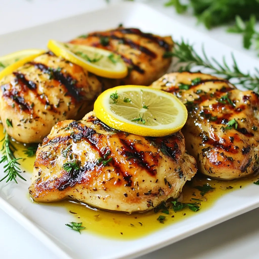 - 4 boneless, skinless chicken breasts - 3 tablespoons extra virgin olive oil - Zest from 2 vibrant lemons - 1/4 cup freshly squeezed lemon juice - 3 cloves of garlic, finely minced - 1 tablespoon fresh rosemary, finely chopped - 1 tablespoon fresh thyme, finely chopped - 1 tablespoon fresh parsley, finely chopped - Sea salt and freshly cracked black pepper, to taste - Lemon slices, for an elegant garnish To make Lemon Herb Grilled Chicken, gather these ingredients. You need four boneless, skinless chicken breasts. They are easy to grill and stay juicy. You will also need three tablespoons of olive oil and the zest from two bright lemons. This zest adds a fresh kick. Next, juice those lemons to get 1/4 cup of lemon juice. This juice will help tenderize the chicken. You want three cloves of garlic, finely minced, for flavor. Fresh herbs are key too! Grab a tablespoon each of rosemary, thyme, and parsley. These herbs add a great aroma and taste. Lastly, don’t forget sea salt and black pepper. These seasonings will enhance all the flavors. Lemon slices make a nice touch for garnish. With all these items, you are set for a delicious grilled chicken dish! {{ingredient_image_2}} Start by gathering your ingredients. You will need olive oil, lemon zest, lemon juice, minced garlic, and fresh herbs. In a spacious mixing bowl, whisk together the olive oil, lemon zest, lemon juice, minced garlic, chopped rosemary, thyme, parsley, sea salt, and black pepper. This will create a bright and aromatic marinade that infuses the chicken with flavor. Marinating time is key. I recommend letting the chicken soak for at least 30 minutes. If you have more time, marinate for up to 2 hours. This allows the chicken to absorb all the wonderful flavors. Now, gently place the chicken breasts into the marinade. Make sure each piece is thoroughly coated. This is where the magic happens! Cover the bowl with plastic wrap and place it in the refrigerator. The cold makes the chicken tender and juicy as it soaks in all those flavors. Before grilling, preheat your grill to a medium-high setting, aiming for about 400°F (200°C). This temperature helps achieve that perfect char. After marinating, remove the chicken from the bowl. Let any excess marinade drip off. Discard the leftover marinade to stay safe from germs. Place the chicken breasts on the grill. Cook each side for approximately 6-7 minutes. You know it’s done when the internal temperature hits 165°F (75°C) and you see those nice grill marks. Once grilled, transfer the chicken to a plate and let it rest for 5 minutes. This is an important step. It helps keep the chicken juicy. Serve it with fresh lemon slices and a sprinkle of herbs for a beautiful finish! To keep your chicken juicy, let it rest after grilling. This step is key. When you rest the chicken, the juices settle back inside. If you skip this, the juices run out when you cut it. Always check the internal temperature. Use a meat thermometer for accuracy. You want the chicken to reach 165°F (75°C). This temperature ensures safety and keeps your chicken moist. To achieve those eye-catching grill marks, preheat your grill well. A hot grill helps create those beautiful lines. Remember to oil the grill grates lightly before placing the chicken on it. Timing each side is crucial. Grill each piece for about 6-7 minutes. Avoid flipping too often. Let the chicken sear before turning. For a lovely finish, garnish your grilled chicken with fresh lemon and herbs. This adds color and flavor. Place lemon slices on top or around the chicken for a bright look. Serve your chicken with a side of grilled veggies or quinoa. This makes a balanced meal. You can also pair it with a fresh salad for a light option. Pro Tips Marinate Longer for Deeper Flavor: Allow the chicken to marinate for up to 2 hours for a more robust flavor, allowing the herbs and lemon to truly penetrate the meat. Let the Chicken Rest: After grilling, let the chicken rest for 5 minutes before slicing. This helps the juices redistribute, ensuring moist, tender chicken. Check Internal Temperature: Use a meat thermometer to ensure the chicken reaches an internal temperature of 165°F (75°C) for safe consumption and optimal juiciness. Experiment with Herbs: Feel free to mix and match different fresh herbs based on your preference, such as basil or oregano, to create a unique flavor profile. {{image_4}} You can change up the marinade for lemon herb grilled chicken easily. One great option is to use other citrus fruits. Think about oranges or limes. They can add a unique twist to the flavor. Just swap the lemon juice and zest for the other fruit. Another fun idea is to add spice blends. Try using paprika or cumin. These spices can give your chicken a warm kick. You can even mix in some chili powder for more heat. If you want to cook the chicken differently, try oven-baking. Preheat your oven to 400°F (200°C). Place the marinated chicken on a baking sheet. Bake for about 25-30 minutes. This method keeps the chicken juicy and tender. You can also skewer the chicken for kabobs. Cut the chicken into cubes and thread them onto skewers. Grill them for a fun, easy-to-eat meal. This is perfect for parties or summer cookouts. Now, let’s think about side dishes. A fresh vegetable salad pairs well with grilled chicken. You can use mixed greens, cherry tomatoes, and cucumber. Drizzle with olive oil and lemon juice for a light dressing. For grains, consider serving rice or quinoa. Both are great options that complement the chicken’s flavors. You can even add herbs to the grains for more taste. Give your meal a colorful and healthy boost! After enjoying your lemon herb grilled chicken, store any leftovers properly. Place the chicken in an airtight container. It will keep well in the fridge for up to four days. To help maintain moisture, seal it tightly. When you reheat, do so gently to avoid drying it out. You can use the microwave or a skillet on low heat to warm it up. If you want to save your grilled chicken longer, freezing is a great option. Wrap each piece in plastic wrap, then place it in a freezer-safe bag. Remove any air before sealing. This method will keep your chicken fresh for up to three months. When you are ready to eat, thaw it in the fridge overnight or use the microwave's defrost setting. Leftover grilled chicken is versatile and tasty. You can make a quick chicken salad by chopping it up and mixing it with mayo, celery, and a squeeze of lemon juice. Another option is to add it to pasta, stir-fry, or tacos. The flavors from the marinade will enhance any dish you create. Enjoy experimenting with your leftovers! I recommend marinating the chicken for at least 30 minutes. This time allows the flavors to soak in. If you have more time, marinate for up to 2 hours. This longer time enhances the taste even more. Yes, you can use chicken thighs! They are a bit more juicy and tender than breasts. However, you need to adjust the cooking time. Thighs usually take a few minutes longer to cook through. Always check that the internal temperature reaches 165°F (75°C). To keep your chicken tender, don’t skip the marinating step. The acid from lemon juice helps break down proteins, making the meat softer. Also, let the chicken rest after grilling. This allows the juices to redistribute, keeping it moist. Add more herbs for a flavor boost! Try using basil or oregano alongside rosemary and thyme. You can also sprinkle in some paprika or cayenne for a kick. Experimenting with different spices can create a unique taste each time you grill! This blog post covered important steps to prepare and grill lemon herb chicken. We started with the essential ingredients and then moved to marination and grilling techniques. I shared tips for juicy chicken and how to present it nicely. You also learned about variations, storage, and using leftovers creatively. Experimenting with different herbs can lead to exciting flavors. It’s worth trying new cooking methods too. Enjoy your delicious grilled chicken and have fun in the kitchen!