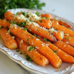 To make Garlic Parmesan Roasted Carrots, you need a few fresh and simple ingredients. Here’s what you'll need: - 1 lb baby carrots - 3 tablespoons extra virgin olive oil - 4 cloves garlic, finely minced - 1/2 teaspoon sea salt - 1/4 teaspoon freshly ground black pepper - 1/2 teaspoon dried thyme - 1/4 cup finely grated Parmesan cheese - 2 tablespoons fresh parsley, finely chopped These ingredients come together to create a delightful dish. The baby carrots offer sweetness, while garlic adds a punch of flavor. The olive oil helps the carrots roast beautifully, creating a golden color. Sea salt and black pepper enhance the natural taste. Thyme brings an earthy touch, and Parmesan cheese adds a rich, savory finish. Fresh parsley not only adds color but also a fresh taste. Gather these items, and you are ready to start cooking! These ingredients make Garlic Parmesan Roasted Carrots simple yet tasty. {{ingredient_image_2}} First, you need to clean and trim the baby carrots. Run them under cold water. Scrub them gently to remove any dirt. Trim the tops if they are long. Next, prepare the marinade. In a big bowl, mix the extra virgin olive oil, minced garlic, sea salt, black pepper, and dried thyme. Stir well. This mix will cover the carrots in flavor. Now, preheat your oven to 425°F (220°C). This heat helps roast the carrots perfectly. Add the cleaned carrots to your marinade. Toss them until every carrot is coated. You want each bite to be tasty. Prepare your baking sheet. Line it with parchment paper. This step makes cleaning up easy later. Spread the carrots out in a single layer. Avoid crowding them for the best roast. Place the baking sheet in the oven. Roast the carrots for 20-25 minutes. They are ready when a fork easily pierces them. Toss the carrots halfway through the time for even cooking. After roasting, take them out and sprinkle the grated Parmesan cheese on top. Toss gently so the cheese sticks to the warm carrots. Finally, transfer the carrots to a serving dish. Sprinkle fresh chopped parsley on top. This adds color and flavor, making your dish look great! To ensure even cooking, spread the carrots in a single layer on the baking sheet. If they touch, they may steam instead of roast. Toss the carrots halfway through cooking. This helps them brown nicely and cook evenly. Using the right baking sheet is key. A rimmed baking sheet gives the carrots room to roast. It also helps catch any drippings. Parchment paper makes cleanup easy and keeps the carrots from sticking. You can add herbs for more flavor. Fresh rosemary or oregano pairs well with the garlic. Just chop them finely and mix them into the marinade. Adjusting the seasoning is also simple. If you like a bit of heat, add a pinch of red pepper flakes. Don’t forget to taste! You can always add more salt or pepper according to your preference. This way, you get the perfect flavor every time. For the best presentation, serve the carrots in a rustic wooden bowl. A vibrant platter can brighten up your table. Consider adding a lemon wedge on the side. It adds color and a zesty touch. Pair these carrots with grilled chicken or fish for a well-rounded meal. They also go great with quinoa or brown rice. This adds a nutritious and filling element to your dish. Pro Tips Freshness Matters: Always choose fresh, vibrant baby carrots for the best taste and texture. Look for carrots that are firm to the touch and have a bright color. Marinade Time: For an even deeper flavor, allow the carrots to marinate in the olive oil and garlic mixture for about 30 minutes before roasting. Cheese Variation: Experiment with different cheeses like Pecorino Romano or even a sprinkle of feta for a unique twist on flavor. Garnish for Appeal: Add a sprinkle of additional herbs like chives or dill along with the parsley for an eye-catching presentation and enhanced flavor. {{image_4}} You can switch up the carrots in this dish. Try rainbow carrots for color. They add a fun look and taste too. You can also use regular carrots. Just cut them into sticks. If you want to try other veggies, go for it! Zucchini, bell peppers, or even broccoli work well. Just remember to adjust the cooking time. Some veggies cook faster, so keep an eye on them. Want to spice things up? Add paprika for a smoky touch. If you like heat, cayenne pepper is a great choice. A pinch can make your dish pop! You can also experiment with cheeses. Try using Pecorino Romano or Asiago for a different flavor. Each cheese brings a unique taste that can change the whole dish. If you're vegan, you can easily adapt this recipe. Skip the cheese and use nutritional yeast for a cheesy flavor. It gives a nice taste without dairy. For gluten-free options, this recipe is already safe! All the ingredients are gluten-free, so you can enjoy without worry. Just make sure your cheese is certified gluten-free if you use it. To keep your Garlic Parmesan Roasted Carrots fresh, use an airtight container. Glass or plastic containers work well. Make sure to cool the carrots to room temperature first. This helps prevent excess moisture. Store the container in the refrigerator. The carrots stay fresh for about 3 to 5 days. Check for any signs of spoilage before eating. When reheating, the oven is best. Preheat the oven to 350°F (175°C). Spread the carrots on a baking sheet in a single layer. Heat for about 10 to 15 minutes. This keeps them crispy. If you use a microwave, place them in a microwave-safe dish. Cover with a damp paper towel. Heat in short bursts, stirring in between. This method can make them softer. To freeze the roasted carrots, let them cool completely. Then, spread them out on a baking sheet. Freeze them for about 1 hour. This prevents them from sticking together. Once frozen, transfer the carrots to a freezer-safe bag. Remove as much air as possible. They can last up to 3 months in the freezer. When ready to eat, thaw them in the fridge overnight. You can also reheat them directly from the freezer. Just add a few extra minutes to your oven time. To make Garlic Parmesan Roasted Carrots from scratch, follow these basic steps: 1. Preheat the oven to 425°F (220°C). 2. Mix the marinade: In a large bowl, combine 3 tablespoons of olive oil, 4 minced garlic cloves, 1/2 teaspoon sea salt, 1/4 teaspoon black pepper, and 1/2 teaspoon dried thyme. 3. Coat the carrots: Add 1 pound of cleaned and trimmed baby carrots to the bowl. Toss them well to coat. 4. Prepare the baking sheet: Line it with parchment paper for easy cleanup. Spread the carrots in one layer. 5. Roast the carrots for 20-25 minutes. They should be golden and fork-tender. Toss them halfway for even cooking. 6. Add Parmesan: Remove the carrots from the oven and sprinkle 1/4 cup of grated Parmesan cheese over them. Toss gently to mix. 7. Garnish: Serve the carrots with 2 tablespoons of chopped parsley on top for a fresh touch. You can use frozen carrots, but the texture may change. Fresh carrots are firmer and roast better. Frozen carrots might become soft and mushy. If you choose frozen, thaw them first. Pat them dry before adding to the marinade. This helps reduce excess moisture. You can store Garlic Parmesan Roasted Carrots in the fridge for up to 3 days. Place them in an airtight container to keep them fresh. Reheat them in the oven for the best texture. Avoid using the microwave, as it can make them soggy. Roasting baby carrots with garlic and Parmesan offers easy and tasty results. You learned how to prep, roast, and add final touches to make this dish shine. Remember, you can switch ingredients or flavors to suit your taste. Storing the leftovers is simple for another day. Enjoy this recipe as a versatile side that fits many meals. Cooking can be fun and rewarding with some practice!