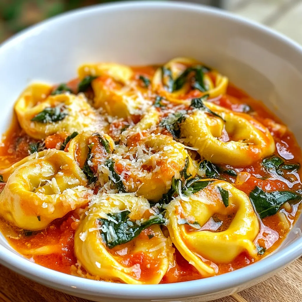 - 1 package (9 oz) fresh or frozen tortellini (cheese or spinach-filled) - 2 cups fresh spinach, roughly chopped - 1 can (14 oz) crushed tomatoes - 1 cup heavy cream - 1 tablespoon extra virgin olive oil - 2 cloves garlic, finely minced - 1/2 teaspoon dried oregano - 1/2 teaspoon red pepper flakes (optional, for heat) - Sea salt and freshly cracked black pepper, to taste - 1/4 cup freshly grated Parmesan cheese (for garnish) You can change this dish to fit your taste. Here are some ideas: - Add cooked chicken or shrimp for protein. - Use kale instead of spinach for a different green. - Swap crushed tomatoes for diced tomatoes for a chunkier sauce. - Experiment with herbs like basil or thyme for extra flavor. Here are the tools you will need: - Large pot for boiling tortellini - Large skillet for making the sauce - Measuring cups and spoons for accurate ingredients - Colander for draining tortellini - Whisk for mixing cream into the sauce - Wooden spoon for stirring These ingredients and tools make it easy to whip up a delicious meal. Enjoy the cooking! {{ingredient_image_2}} First, fill a large pot with water. Add a good amount of salt to it. Bring the water to a rolling boil. Carefully add the tortellini to the pot. Cook them according to the package instructions, usually 3-5 minutes. You want them to be al dente, which means they should still have a slight bite. Once cooked, drain the tortellini. Return them to the pot and cover to keep warm. Next, grab a large skillet. Pour in the extra virgin olive oil and heat it over medium heat. When the oil is hot, add the minced garlic. Sauté for about 1 minute, stirring all the time. You want the garlic to smell amazing but not brown. Then, pour in the crushed tomatoes. Add the dried oregano and red pepper flakes if you like some heat. Stir everything well and let it simmer for 5-7 minutes. Stir occasionally to stop it from sticking. Now it's time to make it creamy! Lower the heat to a gentle simmer. Gradually whisk in the heavy cream. Keep stirring until everything is well mixed. Let the sauce simmer for another 3-4 minutes. It should become creamy and a bit thick. Next, add the chopped spinach to the sauce. Stir and cook for another 2-3 minutes. You want the spinach to wilt and blend in. Season with sea salt and freshly cracked black pepper. Finally, gently fold in the drained tortellini. Make sure they are coated in that delicious sauce. Let everything heat together for another minute. Then, serve the creamy tortellini in warm bowls and sprinkle with freshly grated Parmesan cheese. Enjoy! To make the best tortellini, start with plenty of water. Salt the water well; this adds flavor. Bring the water to a rolling boil before adding the tortellini. Cook them for 3-5 minutes, or until they float. This means they are done. Drain them gently and return them to the pot. Cover them to keep warm while you make the sauce. For a creamy sauce, use heavy cream. Add it slowly after cooking the garlic and tomatoes. Lower the heat to a gentle simmer before adding the cream. Whisk it in to combine well. Let it simmer for a few minutes to thicken. This step makes your sauce rich and smooth. Boost the flavor with fresh herbs like basil or parsley. Add a squeeze of lemon juice for brightness. If you like heat, include red pepper flakes. Always taste before serving. Adjust with sea salt and black pepper as needed. For a finishing touch, sprinkle freshly grated Parmesan on top for added depth. Pro Tips Fresh Ingredients: Use fresh spinach for a vibrant flavor and better texture in your dish. Fresh herbs can also enhance the overall taste. Adjust the Creaminess: If you prefer a lighter sauce, reduce the amount of heavy cream or substitute with half-and-half or a non-dairy alternative. Make It Spicy: For extra heat, consider adding more red pepper flakes or a dash of hot sauce to your sauce while it simmers. Perfect Parmesan: Use freshly grated Parmesan cheese instead of pre-grated for a creamier texture and richer flavor to finish your dish. {{image_4}} You can easily make this dish vegetarian. Simply use vegetable broth instead of chicken broth. For a vegan version, switch the heavy cream with coconut cream or cashew cream. Use vegan tortellini filled with spinach or mushrooms. These swaps keep the dish rich and creamy without dairy. While tortellini shines in this recipe, you can use other pasta types too. Try penne, farfalle, or even whole wheat pasta. Each pasta will soak up the sauce differently. Choose what you like best or what you have at home. Just adjust the cooking time based on the pasta you use. Want to add protein? Grilled chicken, shrimp, or turkey sausage work great. Cook the protein first, then set it aside. Mix it into the dish just before serving. For a plant-based boost, add chickpeas or white beans. These additions make the dish heartier and more filling. After you finish your meal, let the creamy tomato spinach tortellini cool down. Use an airtight container to store it in the fridge. This way, it stays fresh for about three to four days. Make sure to keep it sealed to avoid drying out. If you plan to eat it later, don’t add the cheese until you reheat it. When you're ready to enjoy your leftovers, reheat them gently. You can use the stove or the microwave. If using the stove, add a little water or cream to help with moisture. Stir often so it heats evenly. If using the microwave, cover the dish with a lid or microwave-safe wrap. Heat in short bursts of 30 seconds, stirring in between. This prevents overcooking and keeps the sauce creamy. If you want to save some for later, you can freeze the dish. It’s best to freeze the tortellini and sauce separately. This keeps the texture nice. Use freezer-safe containers or bags. The tortellini can last up to three months in the freezer. When you’re ready to eat, thaw it in the fridge overnight. Reheat as mentioned above for best results. Yes, you can use dried tortellini. Just adjust the cooking time. Check the package for the exact time needed. Generally, it takes longer to cook than fresh or frozen tortellini. Make sure to taste it to see if it is al dente. To make this dish gluten-free, use gluten-free tortellini. Many brands offer good options made from rice or corn. Also, check your tomato can for any added gluten. Most ingredients are naturally gluten-free but always read labels to be safe. You can use half-and-half or whole milk for a lighter option. Coconut cream works well for a dairy-free version. Another choice is cashew cream. Just blend soaked cashews with water until smooth for a creamy texture. This dish lasts about 3-5 days in the fridge. Store it in an airtight container to keep it fresh. Reheat gently on the stove or in the microwave. Add a splash of water or cream to revive the sauce's creaminess. In this blog post, we covered the key ingredients, step-by-step cooking, and helpful tips for making a delicious creamy tomato spinach tortellini. I shared ways to customize your dish and ensure it turns out perfectly every time. Remember, you can swap ingredients to fit your needs, whether it’s dietary or flavor preferences. Keep these tips in mind as you create your meal. Enjoy your cooking adventure! You will impress everyone with your tasty dish!