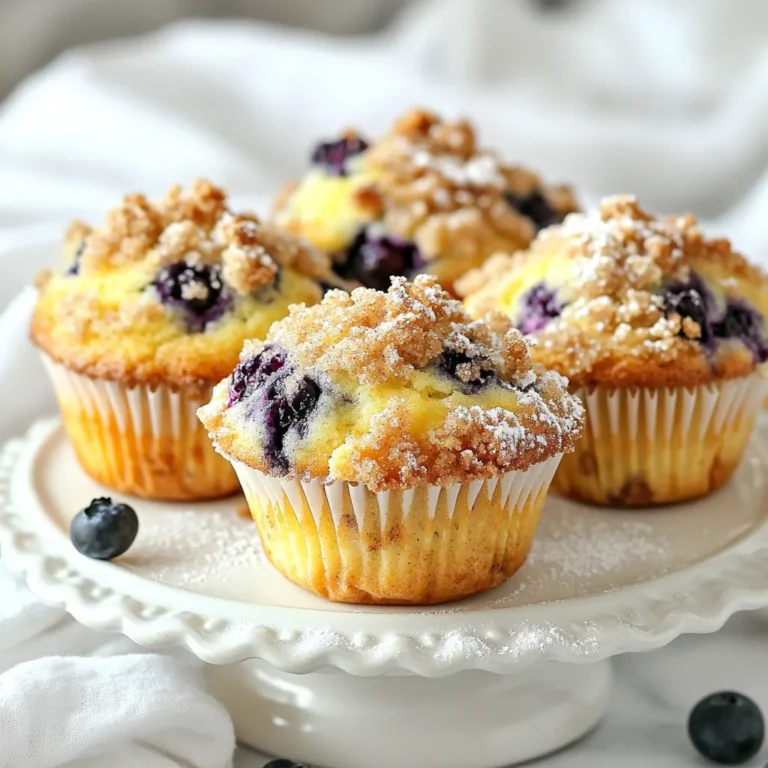 - 2 cups all-purpose flour - 1 cup fresh or frozen blueberries - 1 cup granulated sugar - 1/2 cup unsalted butter, melted - 1 cup milk - 2 large eggs - 1 tablespoon baking powder - 1 teaspoon vanilla extract - 1/2 teaspoon salt I love using all-purpose flour for muffins. It gives a nice, fluffy texture. Fresh blueberries burst with flavor, but frozen works well too. Granulated sugar sweetens the muffins perfectly. I always use unsalted butter for a balanced taste. Milk keeps the batter moist and rich. Large eggs help bind everything together. Baking powder gives them that lovely rise. A hint of vanilla extract adds depth, and salt balances the sweetness. - 1/2 cup all-purpose flour - 1/3 cup brown sugar, packed - 1/4 cup unsalted butter, cold and cubed - 1/2 teaspoon ground cinnamon - A pinch of salt For the streusel, I use all-purpose flour and brown sugar for a sweet crunch. Cold, cubed unsalted butter creates that crumbly texture. Ground cinnamon adds warmth and flavor. A pinch of salt enhances the taste and rounds out the sweetness. This topping takes the muffins to a new level! {{ingredient_image_2}} First, preheat your oven to 375°F (190°C). This step ensures even baking. Next, prepare your muffin tin. You can line it with paper liners or use a light spray of non-stick cooking spray. This helps the muffins pop out easily when done. To start the streusel, mix the dry ingredients. In a small bowl, combine 1/2 cup of flour, 1/3 cup of brown sugar, 1/2 teaspoon of ground cinnamon, and a pinch of salt. Next, add cold, cubed butter. Use a fork or pastry cutter to blend until it looks like coarse crumbs. Set this aside for later. Now, let’s make the muffin batter. In a large bowl, combine 1 cup of granulated sugar with 1/2 cup of melted butter. Whisk until smooth. Then, add 2 large eggs and 1 teaspoon of vanilla extract. Whisk again until fully blended. In a separate bowl, whisk together 2 cups of flour, 1 tablespoon of baking powder, and 1/2 teaspoon of salt. Slowly add this dry mix to the wet mix. Alternate with 1 cup of milk. Mix until just combined. A few lumps are okay; don’t overmix! Next, gently fold in the blueberries. Use a spatula to add 1 cup of fresh or frozen blueberries to the batter. Be careful not to crush them. This helps keep the muffins light and fluffy. Now, let’s fill the muffin cups. Use a cookie scoop or spoon to fill each cup about two-thirds full. This gives them room to rise. After that, sprinkle the prepared streusel topping evenly on each muffin. This adds a nice crunch and sweet flavor. Place the muffin tin in the oven and bake for 18-20 minutes. Check for doneness by inserting a toothpick into the center. It should come out clean or with a few moist crumbs. Once done, let the muffins cool in the pan for about 5 minutes. Then, carefully transfer them to a wire rack to cool completely. Enjoy your delicious blueberry streusel muffins! To make the best blueberry muffins, avoid overmixing the batter. Overmixing can lead to tough muffins. Mix until just combined; it’s okay if a few lumps remain. This keeps the muffins light and airy. For fluffy muffins, use room temperature ingredients. Cold butter and eggs can slow the mixing process. Melt the butter before adding it to the sugar. Whisk the eggs and milk together until smooth. These steps help create a tender muffin. Using fresh blueberries gives the best taste. They burst with juice and add a bright flavor. If fresh blueberries are not available, frozen ones work too. Just remember to fold them in gently, so they don’t break apart. You can also add a touch of lemon zest or almond extract for extra flavor. These additions can elevate your muffin experience. Experimenting with spices, like nutmeg, can bring a new twist. For a lovely presentation, display the muffins on a decorative platter. Dust them lightly with powdered sugar for a sweet touch. Serve them warm or at room temperature to enhance their flavor. Pair your muffins with a nice cup of tea or coffee. The warm drinks complement the sweetness of the muffins. It makes for a delightful snack or breakfast treat. Pro Tips Use Fresh Blueberries: For the best flavor and texture, opt for fresh blueberries when available. They burst beautifully during baking and add a delightful juiciness to each muffin. Don’t Overmix: When combining your wet and dry ingredients, mix until just combined. Overmixing can lead to tough muffins, so a few lumps in the batter are perfectly fine. Chill the Butter: For the streusel topping, make sure your butter is cold and cubed. This helps create a crumbly texture that adds a delightful crunch to your muffins. Let Them Cool: Allow the muffins to cool in the pan for a few minutes before transferring to a wire rack. This helps them set properly and prevents them from becoming soggy. {{image_4}} You can change up the fruits in these muffins. Raspberries or strawberries work well. They add a new flavor and a pop of color. You can also use seasonal fruits. Peaches in summer or apples in fall can create great options. Each fruit brings its own charm to the muffins. If you need gluten-free muffins, swap all-purpose flour for a gluten-free mix. This works well and keeps the muffins light. For a vegan option, replace eggs with flaxseed meal mixed with water. Use plant-based milk instead of regular milk. You can also cut back on sugar if you prefer a healthier muffin. Try using less sugar or a natural sweetener like honey or maple syrup. Get creative with toppings! You can add nuts like walnuts or pecans for a crunchy twist. Seeds like sunflower or pumpkin seeds can also add texture. Mix in spices like nutmeg or cardamom in the streusel for more flavor. These small changes will make your muffins unique and fun. To store muffins at room temperature, place them in an airtight container. This keeps them fresh. Line the bottom with a paper towel. This helps absorb any moisture. You can store them for up to three days. If you want them to last longer, consider freezing. Freezing muffins is easy and keeps them tasty for later. Let the muffins cool completely. Wrap each muffin in plastic wrap. Then, place them in a freezer bag. Remove as much air as possible. They can stay in the freezer for up to three months. When you want one, just take it out and thaw it. Reheating muffins can bring back their fluffy texture. You can use an oven or a microwave. For the oven, preheat it to 350°F (175°C). Place the muffin on a baking sheet for about 10 minutes. If using a microwave, warm the muffin for about 15-20 seconds. Check to make sure it's warm, but not hot. Enjoy your warm muffin! Yes, you can use frozen blueberries. They work well in this recipe. Just add them directly to the batter without thawing. They may turn the batter a bit blue, but the taste remains great. Fresh blueberries add a pop of color and texture, but frozen ones are a solid choice, especially when fresh ones are hard to find. To check if your muffins are done, insert a toothpick into the center. If it comes out clean or with a few moist crumbs, they are ready. The tops should look golden and spring back when touched. Overbaking can make them dry, so keep an eye on them. Yes, you can make the batter ahead. Just cover it and store it in the fridge for up to 2 hours. When you are ready to bake, stir the batter gently. If it thickens, you can add a splash of milk to loosen it up. This way, you can enjoy fresh muffins without much fuss! Making blueberry muffins is simple and rewarding. We covered all the key ingredients, from flour to blueberries. I shared step-by-step instructions to guide you through prepping, baking, and cooling your muffins. You learned tips to perfect texture, enhance flavor, and store muffins for later. Remember, experimenting with variations can lead to new favorites. Whether you enjoy them fresh or frozen, homemade muffins bring joy to any meal. Now, it’s time to bake and enjoy your delicious creations!