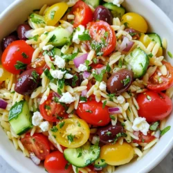 - 1 cup orzo pasta - 1 cup cherry tomatoes, halved - 1 medium cucumber, diced - 1/2 medium red onion, finely chopped - 1 cup Kalamata olives, pitted and halved - 1 cup feta cheese, crumbled - 1/4 cup fresh parsley, finely chopped - 1/4 cup fresh mint, finely chopped These ingredients create a vibrant and fresh salad. The orzo pasta serves as a great base. Cherry tomatoes add a burst of sweetness. Crisp cucumber gives a refreshing crunch. Red onion brings a bit of sharpness. Kalamata olives add a briny flavor. Feta cheese adds creaminess and salt. Fresh parsley and mint bring a lovely herb note. - 1/4 cup extra virgin olive oil - 3 tablespoons fresh lemon juice - 1 teaspoon dried oregano - Salt and freshly ground black pepper, to taste Using extra virgin olive oil adds richness. Fresh lemon juice adds a zesty kick. Dried oregano gives an earthy flavor. Salt and pepper are essential for balance. Together, these condiments make a tasty dressing. They tie all the salad elements together. When mixed, they create a bright and lively finish to the dish. This Greek Lemon Orzo Salad not only looks great but also tastes amazing. Each ingredient plays a role in creating a dish that's both refreshing and satisfying. Enjoy crafting this colorful and flavorful salad! {{ingredient_image_2}} To start, prepare a large pot of salted water. Bring it to a rolling boil. Once boiling, add 1 cup of orzo pasta. Cook the orzo according to the package instructions, usually for about 8 to 10 minutes. You want it to reach an al dente texture. When done, drain the orzo and rinse it under cold water. This halts the cooking and helps cool it down. While the orzo cooks, you can prepare the salad mix. In a large mixing bowl, combine the following ingredients: - 1 cup cherry tomatoes, halved - 1 medium cucumber, diced - 1/2 medium red onion, finely chopped - 1 cup Kalamata olives, pitted and halved - 1 cup feta cheese, crumbled - 1/4 cup fresh parsley, finely chopped - 1/4 cup fresh mint, finely chopped Gently stir the mixture to ensure everything combines evenly. Next, it's time to make the dressing. In a small bowl, whisk together: - 1/4 cup extra virgin olive oil - 3 tablespoons fresh lemon juice - 1 teaspoon dried oregano - Salt and freshly ground black pepper to taste Whisk until the dressing is well-emulsified and creamy. After the orzo has cooled, add it to the bowl with the vegetable mix. Drizzle the dressing over the salad. Use two large forks or salad tongs to toss everything together gently. Make sure all the ingredients are well coated with the dressing. Before serving, taste the salad. Adjust the seasoning if needed with more salt, pepper, or lemon juice. For the best flavor, cover the salad and chill it in the refrigerator for at least 30 minutes. This waiting time allows the flavors to meld beautifully. For presentation, serve the salad in a large, colorful bowl. This highlights the vibrant colors of the ingredients. You can garnish with extra crumbled feta and a sprinkle of fresh herbs for an elegant touch. Enjoy your refreshing Greek Lemon Orzo Salad! To make your Greek lemon orzo salad shine, adjust the seasoning to your taste. Start with salt and pepper. Taste your salad after mixing. You can always add more lemon juice for zest. Let the salad rest for at least 30 minutes before serving. This time gives the flavors a chance to meld. Chilling it enhances the taste and makes it even more refreshing. Cooking orzo properly is key. Boil it in salted water until it is al dente, about 8 to 10 minutes. This gives you a nice, firm bite. Once cooked, drain the orzo right away. Rinse it under cold water to stop the cooking. This step prevents the orzo from becoming mushy in the salad. Present your salad in a colorful bowl to show off its bright ingredients. Adding extra crumbled feta on top can enhance both flavor and look. Sprinkle fresh herbs like parsley or mint for a fresh touch. These small details make your salad not just tasty but also beautiful. Enjoy your Greek lemon orzo salad! Pro Tips Cook Orzo Al Dente: Make sure to cook the orzo until it is al dente for the perfect texture. This will prevent it from becoming mushy when mixed with the other ingredients. Use Fresh Herbs: Fresh parsley and mint bring the salad to life! Don't substitute dried herbs for this recipe, as fresh herbs offer the best flavor and aroma. Chill for Flavor: Let the salad chill in the refrigerator for at least 30 minutes before serving. This resting time allows the flavors to meld and intensify for a tastier experience. Garnish for Presentation: For an attractive presentation, garnish with extra crumbled feta and a sprinkle of fresh herbs right before serving. This adds a beautiful touch to your dish. {{image_4}} You can easily change the Greek Lemon Orzo Salad to fit your taste. Here are some ideas: - Incorporating different vegetables: Try adding bell peppers for crunch or spinach for greens. You can also use roasted zucchini or asparagus for a warm touch. Each option brings its own flavor and texture. - Cheese options besides feta: If you want something different, use goat cheese for creaminess or even mozzarella for a milder flavor. These cheeses can add a new twist to your salad. Switching up the dressing can make your salad fun and fresh. Here are some alternatives: - Other homemade dressing ideas: A simple red wine vinaigrette or a garlic-lemon blend can brighten the dish. You can mix olive oil with Dijon mustard for a tangy taste. - Balsamic and yogurt-based options: Balsamic vinegar adds sweetness and depth. A yogurt-based dressing offers creaminess without extra oil. Both are great ways to change the flavor. You can adapt the salad to fit different diets easily. Here are some suggestions: - Gluten-free orzo substitutions: Use quinoa or rice instead of orzo to make it gluten-free. Both options will still give you a hearty texture. - Vegan options for cheese and dressing: Try using cashew cheese or nutritional yeast for a dairy-free cheese option. For the dressing, a mix of olive oil and lemon juice with herbs works well. To keep your Greek Lemon Orzo Salad fresh, use airtight containers. Glass or plastic containers work well. Make sure to seal the lid tightly to keep out air. Place the salad in the fridge right after serving. This helps preserve its taste and texture. Your salad will last about three days in the fridge. After that, it may start to lose flavor and texture. Watch for signs of spoilage, such as a sour smell or slimy vegetables. If you notice any of these, it’s best to throw it away. You can enjoy the salad cold, but if you prefer it warm, you should be careful. Heat it gently in a pan over low heat. Stir often to prevent sogginess. Avoid using a microwave, as it can make the salad mushy. Enjoy your leftovers without losing their zest! You can keep Greek Lemon Orzo Salad in the fridge for about 3 to 5 days. Store it in an airtight container to keep it fresh. Avoid adding the dressing if you plan to store it. Mix the dressing in just before serving to keep the salad crisp. Yes, this salad is great for making ahead. Prepare the orzo and chop the veggies early. Keep the dressing separate until you’re ready to serve. This way, the salad stays fresh and tasty. You can also chill it for 30 minutes before serving to enhance the flavors. Absolutely! If you can't find orzo, use other small pasta shapes. Try ditalini or even small shells. They will hold the flavors well. Each type offers a unique bite, so feel free to mix it up. Greek Lemon Orzo Salad pairs well with grilled chicken or fish. It also complements lamb dishes nicely. For a lighter meal, serve it with a side of hummus and pita. This salad is versatile and can be a star at any gathering. This blog post covered making a refreshing Greek Lemon Orzo Salad. We discussed key ingredients like orzo, fresh veggies, olives, and feta. Step-by-step, I shared how to cook orzo, prepare the salad mix, and make a tasty dressing. To enhance flavor, we explored tips, variations, and storage info. In closing, this salad is easy to adjust and perfect for any meal. Enjoy your cooking journey!