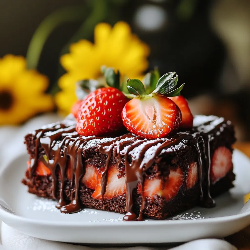 - 1 cup unsalted butter, melted - 1 cup granulated sugar - 1 cup packed brown sugar - 4 large eggs - 1 teaspoon vanilla extract - 1 cup all-purpose flour - 1/2 cup unsweetened cocoa powder - 1/2 teaspoon salt - 1 1/2 cups fresh strawberries, hulled and halved - 1 cup semisweet chocolate chips - 1/2 cup heavy cream - 1 tablespoon powdered sugar (optional for dusting) These ingredients make the brownies rich and creamy. The butter adds moisture, while the sugars bring sweetness. The strawberries give a fresh burst of flavor. - Nuts (like walnuts or pecans) for added crunch - Sea salt for a savory finish - Vanilla bean for a deeper vanilla flavor - Different types of chocolate chips for variety Using optional ingredients lets you make this recipe your own. You can mix and match based on your taste. - 9x13-inch baking pan - Parchment paper - Mixing bowls - Whisk - Spatula - Saucepan for ganache - Toothpick for testing doneness These tools help you prepare and bake the brownies easily. The parchment paper makes it simple to lift the brownies out of the pan. {{ingredient_image_2}} Start by preheating your oven to 350°F (175°C). Grab a 9x13-inch baking pan. Grease the pan and line it with parchment paper. Make sure the paper hangs over the edges. This helps you lift out the brownies easily later. In a large bowl, mix melted butter with granulated and brown sugars. Use a whisk to blend them until smooth. This step is key for a rich brownie base. Add the eggs one at a time. Whisk after each egg until fully combined. Then, stir in the vanilla extract. This adds flavor and richness to the brownies. In another bowl, whisk together flour, cocoa powder, and salt. Gradually fold this dry mix into the wet ingredients. Be gentle and mix until just combined. Overmixing can make brownies tough. Pour half of the brownie batter into the prepared pan. Use a spatula to spread it evenly. Next, place halved strawberries on top, cut-side up. Spread the remaining brownie batter over the strawberries, covering them completely. Place the pan in the oven and bake for 25-30 minutes. To check if they’re done, insert a toothpick into the center. It should come out with a few moist crumbs, not wet batter. While the brownies bake, make the chocolate ganache. Heat heavy cream in a small saucepan over medium heat until it simmers. Remove from heat and add semisweet chocolate chips. Stir until smooth and glossy. After baking, let the brownies cool in the pan for about 10 minutes. Use the parchment to lift them out and transfer to a wire rack. Allow them to cool completely. Once cool, pour the chocolate ganache over the top and spread it evenly. For a fancy finish, dust the top with powdered sugar. This adds a nice touch when you slice the brownies. Serve them on a decorative platter, and enjoy your delicious treat! To create perfect brownies, keep a few tips in mind: - Use room temperature eggs. This helps them blend well with other ingredients. - Don't overmix the batter. Mix just until combined for a fudgy texture. - Use high-quality cocoa powder. This enhances the chocolate flavor. - Check your oven temperature. An oven thermometer ensures accurate baking. - Let them cool completely. This helps the brownies set and makes cutting easier. Avoid these common mistakes for the best results: - Skipping the parchment paper. This can make it hard to lift the brownies out. - Not measuring ingredients accurately. This can affect the texture and taste. - Opening the oven door too early. This can cause the brownies to sink in the middle. - Using old baking powder or baking soda. Fresh ingredients are key for rise and texture. - Cutting brownies while warm. Let them cool for clean cuts and nice squares. Creating a smooth ganache is simple with these practices: - Heat cream gently. Bring it to a light simmer, not a boil. - Use good chocolate. Quality chocolate chips make a big difference. - Stir thoroughly. Mix until the ganache is shiny and smooth. - Let it cool slightly before pouring. This helps it set on the brownies. - Use a spatula for even coverage. This ensures a nice finish on your brownies. Pro Tips Use Room Temperature Ingredients: Make sure your eggs and butter are at room temperature for better incorporation and a smoother brownie batter. Don't Overmix the Batter: Stir the dry ingredients into the wet ingredients just until combined to ensure the brownies remain fudgy and tender. Choose Ripe Strawberries: Select strawberries that are ripe and sweet for the best flavor and texture contrast against the rich brownie base. Let Ganache Set Properly: Allow your chocolate ganache to set at room temperature for an ideal consistency that glazes beautifully without being too runny. {{image_4}} You can swap strawberries for many other fruits. Ripe raspberries, blueberries, or sliced bananas work great. Each fruit adds its own taste and charm. For a fun twist, try using tart cherries or even slices of peaches. Just remember to adjust the amount based on the fruit's moisture. This keeps your brownies from getting too soggy. While semisweet chocolate chips are classic, you can mix it up. Dark chocolate chips give a richer taste. Milk chocolate chips can add sweetness. For a unique flair, use white chocolate or even a mix of chocolates. You can also melt chocolate bars instead of using chips. This adds a smooth texture to your ganache. To make these brownies gluten-free, use a 1:1 gluten-free flour blend. This keeps the texture similar to the classic version. For a vegan option, swap the eggs with flax eggs or applesauce. Use coconut cream instead of heavy cream for the ganache. Choose dairy-free chocolate chips for a fully vegan treat. These changes keep the flavor while catering to different diets. To keep your brownies fresh, let them cool completely. Then, place them in an airtight container. This will keep them moist and tasty. You can leave them at room temperature for up to three days. If you want to keep them longer, consider freezing. For longer storage, you can freeze your brownies. First, cut them into squares. Wrap each piece tightly in plastic wrap. Then, place them in a freezer-safe bag or container. They can stay frozen for up to three months. To enjoy later, just thaw them in the fridge overnight. If you want to enjoy warm brownies, you can reheat them. Preheat your oven to 350°F (175°C). Place the brownies on a baking sheet and cover them with foil. Heat for about 10 minutes. This keeps them soft and gooey. You can also use the microwave. Heat a single brownie for 10-15 seconds. Enjoy your delicious treat! Yes, you can use frozen strawberries. Just make sure to thaw and drain them well. This prevents excess moisture from making your brownies soggy. Fresh strawberries offer the best taste and texture, but frozen can work in a pinch. You can use coconut cream or milk for a dairy-free option. Another choice is whole milk mixed with a bit of butter for a rich taste. These options create a creamy texture, but they may change the flavor slightly. To check for doneness, insert a toothpick into the center. If it comes out with a few moist crumbs, your brownies are ready. Avoid wet batter on the toothpick, as that means they need more time. Many bakeries and dessert shops sell these tasty treats. You can also find them at local grocery stores in the bakery section. Online shops may offer delivery options too. These brownies can last up to five days when stored in an airtight container. Keep them at room temperature for the best taste and texture. If you want to keep them longer, consider freezing them. Yes, you can make the brownies a day in advance. Just store them covered at room temperature. If you prepare them earlier, wait to add the ganache until just before serving for the best flavor. This post covered all you need for chocolate covered strawberry brownies. We went through the ingredients, tools, and step-by-step instructions. You learned tips for great brownies and ways to mix things up. Don’t forget about storage and reheating options to keep them fresh. Chocolate covered strawberry brownies are fun and tasty. Try the different variations to make your own unique treat. Enjoy baking and sharing these delights!