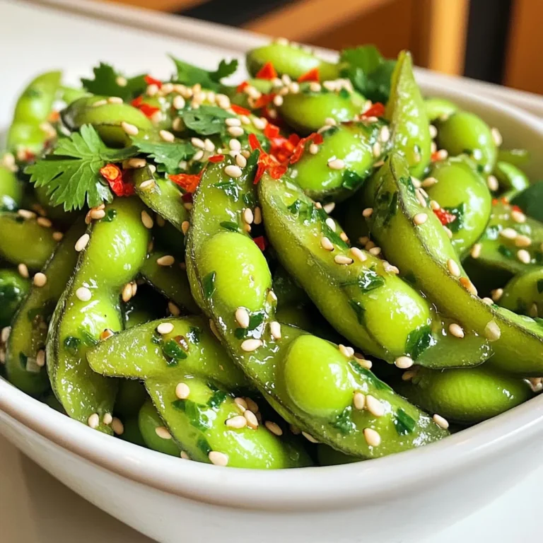 - 2 cups edamame in pods (fresh or frozen) - 3 tablespoons olive oil - 5 cloves garlic, finely minced - 1 teaspoon red pepper flakes (or to taste) - 1 tablespoon soy sauce - 1 tablespoon sesame oil - 1 teaspoon fresh lemon zest - Sea salt, to taste - Sesame seeds for garnish - Fresh cilantro, chopped (optional for garnish) For this recipe, I use two cups of edamame. You can use fresh or frozen. Fresh offers a nice crunch, while frozen is quick and easy. I use three tablespoons of olive oil for a rich base. Five cloves of garlic add a strong flavor. One teaspoon of red pepper flakes gives the heat, but you can adjust this to your taste. One tablespoon each of soy and sesame oil adds depth. Finally, a teaspoon of lemon zest brightens the dish. If you’re out of edamame, you can use green peas instead. For olive oil, avocado oil works well. If garlic is not your thing, shallots can add a milder flavor. Instead of soy sauce, tamari is a gluten-free option. You can skip sesame oil and still have a tasty dish, but it adds a unique flavor. If you don’t have fresh lemon, bottled lemon juice is a suitable substitute. First, you need to decide if you want fresh or frozen edamame. If you pick frozen, start by boiling water in a pot. Add the edamame pods. Cook them for about five minutes. You want them tender but not mushy. After that, drain them in a colander. Let them sit for a bit to lose extra moisture. Next, take a large skillet and pour in the olive oil. Heat it over medium heat until it shimmers. This means it’s ready! Now, add the minced garlic to the skillet. Stir it for about two to three minutes. The garlic should smell great and turn a light golden color. Don’t let it burn! Burnt garlic can taste bitter, and we want a nice flavor. Now it’s time to spice things up! Sprinkle in the red pepper flakes and cook for an extra 30 seconds. This will wake up the spice's heat and aroma. Then, toss in the drained edamame pods. Mix them well in the garlic oil until they are coated. Next, add the soy sauce and sesame oil. Keep stirring so each pod gets the tasty sauce. Let them stir-fry for two to three minutes. This helps them soak up all those flavors. Finally, take the skillet off the heat. Add fresh lemon zest and a pinch of sea salt. Taste and adjust if you need more salt. Serve warm with sesame seeds and chopped cilantro on top for a fresh touch. Enjoy this tasty snack! To make perfect spicy garlic edamame, start with good quality edamame. Fresh ones are great, but frozen also works well. If you choose frozen, make sure to cook them right. Boil them for about five minutes. This step keeps them tender and tasty. Drain them well to avoid sogginess. For a better crunch, you can sauté them longer. Just watch the heat to avoid burning. Do you like it hot? You can change the spice level easily. Start with one teaspoon of red pepper flakes. Taste the mixture after sautéing. If you want more heat, add more flakes. Remember, it’s easier to add than to take away. If you want less spice, use less red pepper. You can also skip it for a milder taste. Presentation matters! To impress your guests, serve the edamame in a nice bowl. After cooking, top them with sesame seeds and fresh cilantro. The green from the cilantro pops against the edamame. This adds color and makes them look fresh. You can also add a lemon wedge on the side. This gives a nice touch and lets people add more zest if they want. {{image_4}} You can change the heat level by using different spices. Try a blend of chili powder or cayenne pepper for a new twist. For a milder option, use less red pepper flakes. You can also add smoked paprika for a unique flavor that adds depth. Experimenting with spices can create a whole new dish. This recipe is already vegan, but you can make it low-sodium too. Use low-sodium soy sauce to cut back on salt. You can replace soy sauce with coconut aminos for a sweeter taste. This keeps the dish healthy and tasty for everyone. Feel free to get creative by adding more ingredients. You can mix in bell peppers, snap peas, or carrots for extra crunch and color. If you want protein, try adding cooked shrimp or tofu. These additions make the dish more filling and add great flavors. Each ingredient brings its own taste, making your spicy garlic edamame even better. To store your spicy garlic edamame, let it cool first. Then, place it in an airtight container. This keeps the pods fresh. You can store them in the fridge for up to three days. If you need to keep them longer, consider freezing. When you're ready to enjoy your leftovers, you can reheat them easily. The best way is to use a skillet. Heat a small amount of olive oil over medium heat. Add the edamame and stir until warm. This way, they stay flavorful and do not lose texture. You can also microwave them in a bowl. Cover with a damp paper towel and heat for about one minute. Freezing is a great option if you want to save your spicy garlic edamame for later. Place the cooled edamame in a freezer-safe bag. Squeeze out excess air to prevent freezer burn. You can keep them frozen for up to three months. When you’re ready to use them, thaw in the fridge overnight or cook straight from the freezer. Just add a few more minutes to the cooking time. Yes, you can use frozen edamame. It saves time and is easy to find. If you use frozen edamame, just boil it for about five minutes. This cooks the pods until they are soft. After boiling, drain them well. This step helps remove extra water, so the flavor sticks. To make edamame spicy without garlic, you can use different spices. Try using ginger or chili powder for a warm kick. You can also add hot sauce or sriracha for extra heat. Mix in the seasoning with a little oil to create a tasty coating. The key is to find the right balance of spice that you enjoy. Edamame is packed with nutrients. It is a great source of protein, fiber, and healthy fats. Here are some key benefits: - Protein: Edamame provides complete protein, good for muscles. - Fiber: High in fiber, it helps digestion and keeps you full. - Vitamins: Rich in vitamins like K, C, and folate, it supports overall health. - Minerals: Contains iron and calcium, which are vital for strong bones. This makes edamame a smart choice for snacks or meals! This blog post shared how to make great edamame. We covered ingredients, steps, and tips to get it right. You learned about substitutions for ingredients and ways to adapt spice levels. I shared storage tips to keep leftovers fresh. Edamame can be versatile, so feel free to try different flavors. In the end, edamame is a healthy snack and easy to make. Enjoy your cooking and the tasty results!