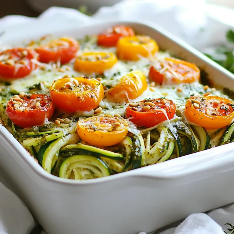 To make the Pesto Chicken Zoodle Bake, you need some fresh and tasty ingredients. Here’s what you will need: - 2 large zucchini, spiralized into zoodles - 2 cups cooked chicken breast, shredded - 1 cup homemade or store-bought basil pesto - 1 cup cherry tomatoes, halved - 1 cup mozzarella cheese, shredded - 1/2 cup Parmesan cheese, grated - 1/4 cup pine nuts, toasted - 1 teaspoon garlic powder - Salt and pepper to taste - Fresh basil leaves for garnish (optional) Each ingredient plays an important role. The zucchini zoodles serve as a healthy base. They soak up all the flavors of the dish. Chicken breast adds protein and heartiness. Pesto brings that delicious, fresh taste. Cherry tomatoes help with sweetness and color. Mozzarella and Parmesan give that cheesy goodness. Pine nuts add a nice crunch. Garlic powder enhances the flavor. Salt and pepper tie everything together. Fresh basil leaves, if you use them, give a nice touch at the end. Gather these ingredients, and you're ready to create a wonderful meal. Enjoy the process as you prepare this dish! {{ingredient_image_2}} First, set your oven to 375°F (190°C). This step is crucial for a well-cooked dish. A hot oven makes sure everything cooks evenly. In a big bowl, add your shredded chicken. Pour in the basil pesto and sprinkle in the garlic powder. Add a pinch of salt and pepper too. Mix it well. You want every piece of chicken to soak up that tasty pesto flavor. Next, take your spiralized zucchini, also known as zoodles. Gently fold the zoodles into the chicken mixture. Use your hands or a spatula. Be careful not to break the zoodles. They should stay nice and long. Now, grab a 9x13 inch baking dish. Lightly grease it so nothing sticks. Spread half of the chicken and zoodle mix across the bottom. Next, add half of the cherry tomatoes and half of the mozzarella cheese on top of that. This layer adds creaminess and a burst of flavor. Finally, cover the dish with aluminum foil. This keeps moisture in while it cooks. Place it in the oven for 25 minutes. After that, take off the foil and bake for another 10-15 minutes. Watch for the cheese to melt and turn golden. The zoodles should be tender. Once it’s done, let it cool for a few minutes before serving. Garnish with fresh basil leaves for a touch of color! To spiralize zucchini, you need a spiralizer. This tool makes thin, noodle-like strands. First, wash the zucchini and cut off both ends. Secure it in the spiralizer and twist to create zoodles. You can also use a julienne peeler for a simpler option. Aim for long strands to mimic pasta. For the best melting cheese, choose mozzarella. It’s creamy and stretches nicely. You can mix it with provolone for a richer taste. If you want a sharper flavor, add some gouda. Grate or shred your cheese for even melting. This will help it blend with the other flavors in your bake. You can prepare this dish ahead of time. Mix the chicken and pesto, then add zoodles. Layer it all in the baking dish. Cover and store it in the fridge. You can bake it the next day. Just add a few extra minutes to the baking time. This makes it easy for busy nights. Pro Tips Choose Firm Zucchini: Select zucchini that are firm and without blemishes for the best texture in your dish. Shred Chicken in Advance: Use leftover chicken or cook it in advance to save time on busy weeknights. Experiment with Pesto: Try different types of pesto, such as sun-dried tomato or arugula, to add unique flavors to your bake. Let it Rest: Allow the bake to cool for a few minutes before serving to help the layers set and enhance the flavors. {{image_4}} You can easily make this dish gluten-free. The main ingredients already fit this need. Zoodles are made from zucchini, which is naturally gluten-free. Just make sure your pesto does not include any gluten. Many store-bought brands are safe, but check the label. If you're making homemade pesto, use gluten-free nuts and oils. To create a vegetarian version, you can swap the chicken for more veggies. Try using mushrooms, eggplant, or chickpeas. These will add a hearty feel and flavor. You may want to add more cheese for richness. Also, make sure your pesto is free from any animal products. You can enhance your dish with extra veggies. Here are some great ideas: - Bell Peppers: Chop them into small pieces for sweetness. - Spinach: Add fresh or frozen spinach for extra nutrients. - Broccoli: Steam and chop broccoli for a nice crunch. - Carrots: Shred carrots for added color and taste. Mix and match these add-ins to fit your taste. These tweaks make your meal even more fun and tasty! You can store leftovers in the fridge. Place the Pesto Chicken Zoodle Bake in an airtight container. It will stay fresh for about three days. Make sure to cover it well to keep moisture in. Before serving, check for any signs of spoilage. If you want to freeze it, let the bake cool completely first. Cut it into portions for easier thawing. Wrap each piece tightly in plastic wrap, then place them in a freezer bag. This way, it can last up to three months. To enjoy later, just take out a portion and let it thaw in the fridge overnight. To reheat, preheat your oven to 350°F (175°C). Place the bake in an oven-safe dish. Cover it with foil so it heats evenly. Bake for about 20 minutes or until it’s hot all the way through. You can also use the microwave, but it may not be as crispy. Heat in 30-second increments until warm, checking often. Enjoy your tasty meal! Yes, you can use store-bought pesto. It saves time and still tastes great. Just make sure to choose a brand made with fresh ingredients. If you want a better taste, try adding a bit more garlic or fresh herbs. Your Pesto Chicken Zoodle Bake is done when the cheese is melted and bubbly. The zoodles should be tender but not mushy. It usually takes about 35-40 minutes in the oven. Check it at the 25-minute mark to see how it's cooking. This dish pairs well with a simple salad or garlic bread. You can also serve it with a side of roasted veggies for added nutrition. If you like, a glass of white wine enhances the flavors. Enjoy your meal! This post shared a simple way to make a tasty Pesto Chicken Zoodle Bake. You learned about essential ingredients like zucchini, chicken, and cheese. I provided step-by-step instructions to guide you through the cooking process. Tips and variations help you customize your dish. You also got storage advice for leftovers. Embrace your creativity in the kitchen. Cooking can be fun and rewarding. Enjoy making this dish and sharing it with others.