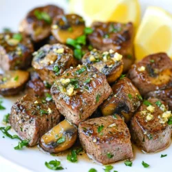 - 1 pound sirloin steak, cut into 1-inch cubes - 8 ounces cremini mushrooms, sliced - 4 tablespoons unsalted butter - 4 cloves garlic, minced - 1 teaspoon fresh thyme leaves (or ½ teaspoon dried thyme) - 1 teaspoon fresh parsley, chopped (plus extra for garnish) - Salt and pepper, to taste - 1 tablespoon olive oil - Lemon wedges for garnish - Additional herbs for presentation Gathering the right ingredients helps make this dish great. Start with fresh sirloin steak. Cut it into small, bite-sized cubes. This will help it cook evenly and quickly. Next, get some cremini mushrooms. Their earthy flavor pairs well with steak. You will also need unsalted butter and minced garlic. These add rich flavor. Fresh thyme and parsley bring a touch of brightness. Don't forget the basics: salt and pepper for seasoning. A little olive oil will help with cooking. Finally, lemon wedges add a zesty finish. When you serve this dish, it looks and tastes amazing. Enjoy! {{ingredient_image_2}} Start by cutting the sirloin steak into 1-inch cubes. Next, season each cube with salt and pepper. This step is key for great flavor. Make sure to coat every side well. Proper seasoning makes a big difference in taste. Searing is important for steak. It locks in juices and adds flavor. When you get that nice brown crust, it makes the dish even better. This is why you should never skip this step. Grab a large skillet and heat 1 tablespoon of olive oil on medium-high heat. Wait until the oil shimmers to ensure it's hot enough. This is the best time to add your seasoned steak bites. Place the steak in a single layer. Sear for about 2-3 minutes on each side. For medium-rare, this timing works well. If you like your steak more well done, cook it a bit longer. Once seared, remove the steak from the skillet and set it aside. In the same skillet, add your sliced cremini mushrooms. You don’t need to clean the skillet; all those steak bits add great flavor. Sauté the mushrooms for about 4-5 minutes. Stir them occasionally until they turn golden brown. After the mushrooms are ready, push them to one side of the skillet. On the other side, add 4 tablespoons of unsalted butter and 4 cloves of minced garlic. Cook the garlic for about 30 seconds until it smells great. Then mix the garlic into the mushrooms. Next, sprinkle in fresh thyme and chopped parsley. These herbs add a nice touch to the mushrooms. Stir everything together, and you’re almost done. To get the steak just right, aim for medium-rare. Sear the steak cubes for 2-3 minutes on each side. Use a meat thermometer if you want precision. Aim for 130-135°F for medium-rare. After cooking, let the steak rest. This keeps it juicy and tasty. To take your dish up a notch, add more herbs. Fresh rosemary and oregano work well. You can also use spices like paprika or cumin for a kick. For sides, think about serving with creamy mashed potatoes or fresh green beans. They pair great with the rich steak bites. For a nice look, use a wooden board or a colorful platter. Arrange the steak and mushrooms in a circle. Sprinkle extra parsley on top for color. Add lemon wedges around the dish. This not only looks good but adds a fresh taste too. Pro Tips Choose the Right Cut: For the best flavor and tenderness, use sirloin steak or ribeye. These cuts are perfect for quick cooking and pair wonderfully with garlic and mushrooms. Don’t Overcrowd the Pan: When searing the steak, ensure that the pieces are not touching. This allows for a proper sear and prevents steaming, giving you that beautiful crust. Experiment with Mushrooms: While cremini mushrooms are delicious, try incorporating a mix of shiitake or portobello for added depth of flavor and texture. Serve with Acidity: A squeeze of fresh lemon juice brightens the dish and balances the richness of the butter and steak, enhancing the overall flavor. {{image_4}} You can use more than just sirloin for steak bites. - Ribeye offers rich flavor and good marbling. - Flank steak is leaner and works well if sliced thin. - Skirt steak is tasty and has great texture. - For a pork option, try tenderloin. - If you prefer a vegetarian dish, use tofu or tempeh. While cremini mushrooms are fantastic, other varieties can shine too. - Button mushrooms are mild and easy to find. - Shiitake mushrooms add a deep, earthy flavor. - Portobello mushrooms can be sliced for a hearty bite. - For a veggie twist, use zucchini or bell peppers instead. You can switch up flavors with different herbs and sauces. - Fresh rosemary or sage can add a nice touch. - A splash of soy sauce or balsamic vinegar can enhance depth. - Try crumbled blue cheese or feta for a creamy finish. - For a spicy kick, add some crushed red pepper flakes. To keep your garlic butter mushroom steak bites fresh, store them in an airtight container. Make sure the dish is cool before sealing it. This helps avoid condensation, which can make the steak soggy. In the fridge, these bites last for about 3 to 4 days. Just remember to check for any signs of spoilage before enjoying them again. When reheating steak bites, aim for gentle heat. You can use a skillet over low heat or the microwave. If using a skillet, add a splash of water or broth to keep moisture. For the microwave, use a covered dish to trap steam. This prevents the steak from drying out. Always check the internal temperature to ensure it's heated through but not overcooked. Yes, you can freeze garlic butter mushroom steak bites. Place them in a freezer-safe bag or container. Make sure to remove as much air as possible. This helps prevent freezer burn. When you're ready to enjoy them, thaw in the fridge overnight. Reheat gently in a skillet or microwave, as mentioned before. This way, you can savor your tasty dish even later! To cook steak bites perfectly, start with high heat. Sear the steak for 2-3 minutes on each side. This gives a nice crust and keeps the inside juicy. Always use a meat thermometer if you want to check doneness. Aim for 130°F for medium-rare. After cooking, let the steak rest for a few minutes. This helps the juices settle back in, keeping it tender. Yes, you can use various mushrooms. While cremini mushrooms are great, button or shiitake mushrooms work well too. Each type adds its unique flavor. If you want a meatier texture, try portobello mushrooms. Just slice them thick to match the steak's bite size. Be creative and mix different types for a fun twist! These steak bites go well with many side dishes. Here are a few tasty options: - Garlic mashed potatoes - Steamed broccoli - Roasted asparagus - A fresh garden salad - Rice pilaf These sides balance the rich flavors of the steak and mushrooms. They also add color and texture to your meal. To serve more people, simply double or triple the ingredients. Use more steak and mushrooms while keeping the same butter and seasoning. It is best to cook in batches. This way, the steak gets a good sear. If you overcrowd the pan, the steak will steam instead of sear. Enjoy cooking for your friends and family! This blog post covered the key ingredients and steps to make garlic butter mushroom steak bites. You learned about the main ingredients like sirloin steak and cremini mushrooms, along with seasoning and oil essentials. I shared tips for perfecting cooking methods and suggested variations for your dish. Finally, we discussed storage and reheating options. Mastering this recipe will impress your guests and make meal prep easier. Enjoy exploring these flavors and make the meal your own!