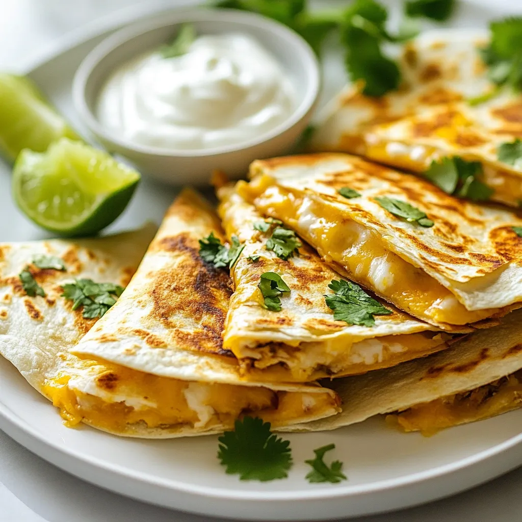 To make Spicy Chipotle Chicken Quesadillas, you need a few key items. Here’s a simple list of ingredients: - 2 cups cooked chicken, shredded - 1 teaspoon chipotle powder - 1 teaspoon smoked paprika - 1 teaspoon garlic powder - 1/2 teaspoon ground cumin - 1/2 teaspoon cayenne pepper (adjust based on your spice preference) - 1 cup shredded mozzarella cheese - 1 cup shredded cheddar cheese - 1 tablespoon olive oil - 4 large flour tortillas - 1/2 cup sour cream (for serving) - Fresh cilantro, chopped (for garnish) - Lime wedges (for serving) These ingredients come together to create a bold flavor. The cooked chicken serves as the base, while the spices add a kick. The combination of mozzarella and cheddar makes the quesadillas creamy and delicious. The tortillas hold it all together, giving you a perfect snack or meal. Don’t forget the sour cream, cilantro, and lime. They brighten the dish and add freshness. Each bite is a taste adventure! {{ingredient_image_2}} 1. Combining chicken with spices: Start with 2 cups of shredded chicken. In a large bowl, mix the chicken with 1 teaspoon of chipotle powder, 1 teaspoon of smoked paprika, 1 teaspoon of garlic powder, 1/2 teaspoon of ground cumin, and 1/2 teaspoon of cayenne pepper. Adjust the cayenne based on how spicy you want it. Stir well until the chicken is fully coated with the spices. 2. Cooking the chicken mixture: Heat 1 tablespoon of olive oil in a large skillet over medium heat. When the oil is hot, add the seasoned chicken mixture. Cook for about 3-4 minutes, stirring from time to time. This will warm the chicken and make it smell great. Once heated, set the skillet aside. 1. Layering cheese and chicken: Take a large flour tortilla and lay it flat in the same skillet. On one half, sprinkle about 1/4 cup of shredded mozzarella and 1/4 cup of shredded cheddar cheese. Pile some of the spicy chicken mixture on top of the cheese. Finish with another layer of cheese to keep it gooey. 2. Cooking process for crispy quesadillas: Fold the tortilla over to create a half-moon shape. Gently press it down to hold the filling in. Cook in the skillet for 2-3 minutes on each side. You want the tortilla to turn golden brown and crispy while the cheese melts inside. Repeat this with the remaining tortillas and chicken. 1. Slicing and serving the quesadillas: Once cooked, carefully slice each quesadilla into wedges. Serve them hot on a plate. Add a small bowl of sour cream, a sprinkle of fresh chopped cilantro, and lime wedges on the side for extra flavor. Enjoy your delicious meal! Spice level adjustments: You can easily change the heat of your quesadillas. If you like it mild, cut back on the cayenne pepper. For more heat, add extra chipotle powder. Taste your chicken mix before cooking. This way, you can find the perfect balance. Cheese combinations: Mixing cheeses makes your quesadillas richer. I love using mozzarella for its meltiness and cheddar for its sharp flavor. You can also try pepper jack for a spicy kick or even a creamy cheese like queso blanco for something different. Skillet versus grill tips: Cooking quesadillas in a skillet gives nice crispy edges. If you use a grill, keep the heat medium. Watch them closely to avoid burning. You can use a panini press for a quick cook with perfect grill marks. Timing for perfect crispiness: Cook each quesadilla for about 2-3 minutes on each side. Look for a golden color and listen for a nice crunch. If you’re unsure, just peek inside to see if the cheese has melted. Enjoy that crispy outside and gooey inside! Pro Tips Adjust Spice Levels: Feel free to modify the amount of cayenne pepper based on your heat tolerance. Start with less and add more if desired. Use Fresh Ingredients: For the best flavor, use freshly shredded cheese rather than pre-packaged. It melts better and enhances the quesadilla's taste. Keep Tortillas Warm: To prevent tortillas from drying out, keep them warm in a clean kitchen towel while you cook the rest. Experiment with Fillings: Don't hesitate to add other ingredients like bell peppers, onions, or black beans to the chicken mixture for added flavor and texture. {{image_4}} You can change things up with different proteins. Instead of chicken, try beef or shrimp. For a veggie option, use black beans or bell peppers. Each swap gives a new taste. Cheese can also change the game. Instead of mozzarella and cheddar, try pepper jack for a spicy kick. You can also go for a blend of gouda and Monterey jack for a creamy twist. To make your meal complete, serve with fresh salsa or guacamole. These add color and flavor. You can also pair your quesadillas with a simple salad for crunch. For dipping sauces, sour cream is classic. You could also try a chipotle ranch or a zesty lime crema. These options bring extra flavor and make your meal even better. To keep your spicy chipotle chicken quesadillas fresh, store them right. After they cool, wrap each quesadilla in plastic wrap or foil. Place them in an airtight container. You can refrigerate them for up to three days. For longer storage, freeze them. Just stack them with parchment paper in between. This helps prevent sticking. Frozen quesadillas can last up to three months. To enjoy your leftover quesadillas, reheating is key. The best way is on the stovetop. Heat a skillet over medium heat. Add a little olive oil, then place the quesadilla in the pan. Cook for about three to four minutes on each side. This method keeps the tortilla crispy and the cheese melty. You can also use an oven. Preheat it to 350°F (175°C) and bake for about 10 minutes. This way, your quesadilla warms evenly. Avoid using the microwave, as it can make the tortillas soggy. Enjoy your tasty leftovers! You can use many tasty options instead of chicken. Some great choices include: - Tofu: Firm tofu works well. Press it to remove water, then cube and cook. - Tempeh: This has a nutty flavor. Slice it thin and marinate for extra taste. - Black beans: Cooked black beans are rich in protein and delicious. - Mushrooms: Use portobello or shiitake mushrooms for a meaty texture. - Veggie crumbles: These plant-based crumbles mimic ground meat. These substitutions keep your quesadillas tasty and filling. Yes, you can prep these quesadillas ahead of time. Follow these tips: - Cook the chicken mixture: Make the spicy chicken and store it in the fridge. It lasts for 3-4 days. - Assemble and freeze: You can assemble the quesadillas, then wrap them tightly in foil. Freeze them for up to a month. - Reheat easily: Cook them straight from frozen or thaw them overnight in the fridge for quick meals. This way, you can enjoy a quick meal anytime! Making quesadillas vegetarian is easy! Here’s what to do: - Replace chicken: Use any of the alternatives listed above, like tofu or black beans. - Add more veggies: Include peppers, onions, or spinach for added flavor and nutrition. - Use cheese: Stick with mozzarella and cheddar, or try pepper jack for a spicy kick. With these steps, you can enjoy a meatless version that’s just as satisfying. You can make delicious quesadillas using simple steps and good ingredients. We covered how to prepare a tasty chicken mixture, assemble crispy quesadillas, and add flavor with spices and cheese. Don't forget about fun variations and smart storage tips! These options help you enjoy quesadillas anytime. Use this guide to get creative in the kitchen and impress your family or friends with your cooking. Enjoy experimenting and savoring every bite of your homemade quesadillas.