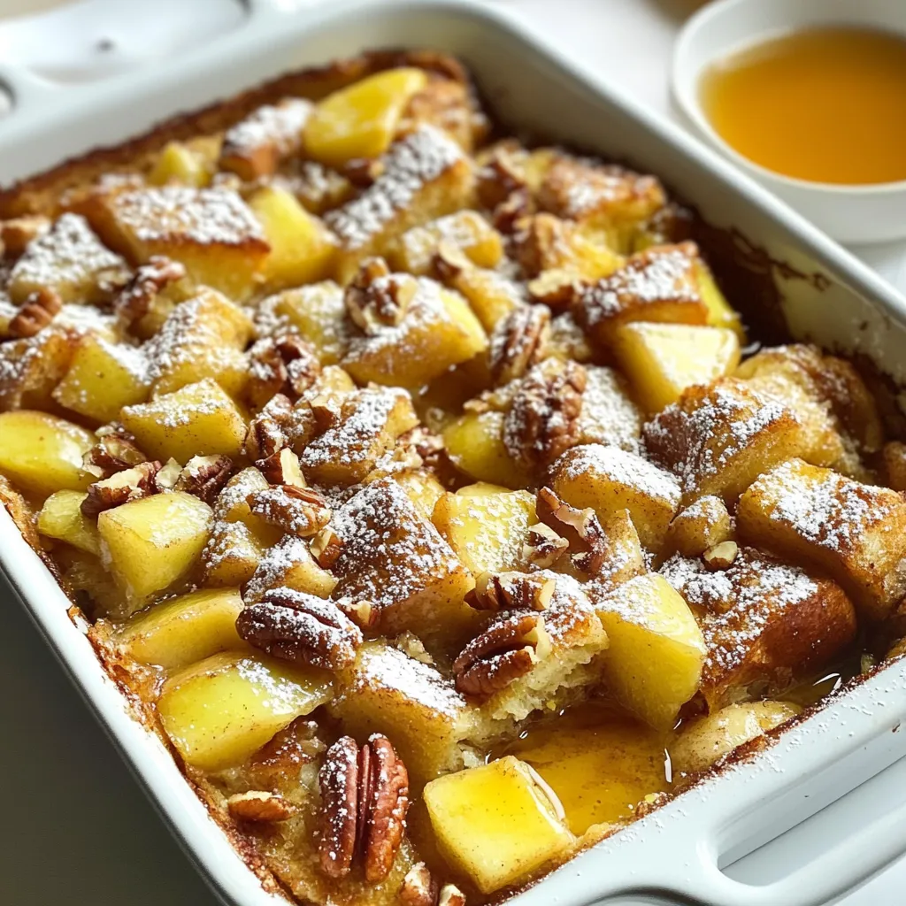 To make this Cinnamon Apple French Toast Bake, you will need: - 1 loaf of challah or brioche bread, cut into 1-inch cubes - 3 large eggs - 2 cups whole milk or almond milk for a dairy-free option - 1/2 cup packed brown sugar - 1 tablespoon pure vanilla extract - 1 tablespoon ground cinnamon - 1/2 teaspoon grated nutmeg - 3 medium apples, peeled, cored, and diced into small pieces You can enhance the dish with these optional ingredients: - 1/2 cup chopped pecans for added crunch - Powdered sugar for dusting, giving it a sweet touch - Maple syrup for drizzling, which adds a rich flavor If you have dietary needs, consider these swaps: - Use almond milk or oat milk for a dairy-free option - Choose gluten-free bread for a gluten-free version - For a nut-free option, skip the pecans and use sunflower seeds instead {{ingredient_image_2}} First, set your oven to 350°F (175°C). While it heats, grease a 9x13-inch baking dish. Use butter or cooking spray to help the bake come out easily. This step is key to avoid any sticky mess. Grab a loaf of challah or brioche bread. Cut it into 1-inch cubes. Spread these cubes evenly in your greased baking dish. Make sure they are not packed too tightly. This helps them soak up the custard well. In a large bowl, add three large eggs. Pour in two cups of whole milk or almond milk if you prefer dairy-free. Mix in half a cup of brown sugar, one tablespoon of vanilla extract, one tablespoon of ground cinnamon, and half a teaspoon of grated nutmeg. Whisk it all together until smooth. This mixture is what makes your French toast bake creamy and rich. Now, take three medium apples. Peel, core, and dice them into small pieces. If you like, chop half a cup of pecans for extra crunch. Gently fold the apples and nuts into the custard mixture. Ensure every piece is coated well. This adds great flavor and texture. Pour the custard mixture over the bread cubes in the baking dish. Use a spatula or your hands to gently press down. Make sure all the bread pieces soak in the custard. Cover the dish with aluminum foil. Bake it for 30 minutes. Then, remove the foil and bake for another 15-20 minutes. Look for a golden-brown top. A toothpick inserted in the center should come out clean. Once done, let it cool for a few minutes before slicing. Enjoy with a dusting of powdered sugar and a drizzle of maple syrup! Select bread that is sturdy and thick. Challah and brioche work well. They soak up the custard without falling apart. Look for bread that is a day or two old. Fresh bread can become too soft. If you can, buy bread from a local bakery. The flavor will be better and more unique. To keep the bake from being too soggy, you want to use the right ratio of custard. Make sure your bread absorbs the mixture evenly. Press down gently on the bread after adding the custard. This helps it soak without becoming mushy. Avoid letting the mixture sit too long before baking. Bake it right away for the best texture. Slice the French toast bake into squares for serving. If you want to impress, dust each piece with powdered sugar. The white sugar looks nice against the golden bread. Drizzle warm maple syrup over each slice for a sweet touch. You can also add fresh fruit on the side. Apples, berries, or bananas add color and flavor. Enjoy with a cup of coffee or tea for a cozy meal. Pro Tips Use Stale Bread: For the best texture, use slightly stale bread. It will absorb the custard mixture better, preventing the bake from becoming too soggy. Customize Your Apples: Try different varieties of apples for varied flavors. Tart apples like Granny Smith add a nice contrast to the sweetness of the dish. Make Ahead: Prepare the French toast bake the night before and refrigerate. Let it sit at room temperature for 30 minutes before baking for an easy breakfast. Serve Warm: This dish is best served warm. Reheat leftovers in the oven for a few minutes to restore its delicious texture. {{image_4}} You can easily switch up the apples in this dish. Pears are a great choice. They add sweetness and a soft texture. You can also try berries like blueberries or strawberries. Just make sure to adjust the sugar if your fruits are very sweet. Adding spices can make this dish even better. Try nutmeg or allspice for a warm flavor. You could also mix in some orange zest for a fresh twist. Almond extract can replace vanilla for a nutty touch. Each spice change gives your French toast bake a new taste. You can make this dish vegan too! Use almond milk or oat milk instead of whole milk. Replace the eggs with flax eggs or a commercial egg replacer. For gluten-free options, use gluten-free bread. Just check the labels to make sure they fit your needs. These swaps keep the taste yummy while fitting your diet. After you enjoy your Cinnamon Apple French Toast Bake, let it cool down. Then, cut it into squares. Place the squares in an airtight container. This keeps the flavors fresh. If you want to keep it longer, store it in the fridge. It will last for 3 to 4 days. To reheat, you can use the oven or microwave. For the oven, preheat it to 350°F (175°C). Place the squares in a baking dish. Cover with foil to keep it moist. Heat for about 15-20 minutes. In the microwave, place one square on a plate. Heat for 30 seconds to 1 minute. Make sure it is warm all the way through. If you want to store it for a long time, freezing is a great option. Wrap each square tightly in plastic wrap. Then, place them in a freezer-safe bag or container. This helps prevent freezer burn. You can freeze it for up to 3 months. When you want to eat it, thaw in the fridge overnight before reheating. Yes, you can prepare this dish the night before. Just make the custard and pour it over the bread cubes. Cover the baking dish tightly with plastic wrap. Store it in the fridge overnight. In the morning, bake it straight from the fridge. This method saves time and adds flavor. You can use almond milk or oat milk as a substitute for dairy milk. These options work well and keep the dish creamy. You can also try coconut milk for a slightly different taste. Each choice brings its own flavor, so pick one you enjoy. To check if it’s done, stick a toothpick in the center. If it comes out clean, your bake is ready. The top should look golden brown. If the top is browning too fast, you can cover it with foil. This helps it bake evenly without burning. Yes, you can omit the nuts if you prefer. The bake will still taste great without them. If you want some crunch, you can add a sprinkle of granola. This way, you keep the texture while making it nut-free. This blog post covered all the key steps for a tasty bake. I shared essential ingredients, both main and optional. You learned how to prepare and bake the dish, plus tips for choosing bread and preventing sogginess. Variations let you customize flavors and cater to diets. Storage tips ensure your leftovers stay fresh. Try these ideas in your kitchen. You’ll impress your family and friends with your baking skills!