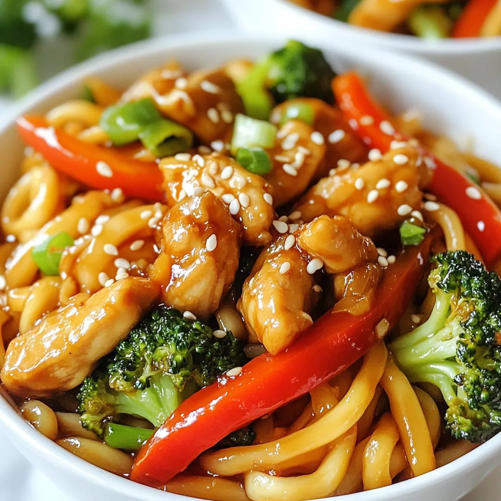 - 200g udon noodles - 300g chicken breast, thinly sliced - 1 tablespoon vegetable oil - 1 red bell pepper, sliced - 1 cup broccoli florets - 2 spring onions, chopped (green parts only) - 2 tablespoons teriyaki sauce - 1 tablespoon soy sauce - 1 teaspoon sesame oil - 1 teaspoon freshly grated ginger - 2 cloves garlic, finely minced - Sesame seeds for garnish I love using udon noodles for this dish. They are thick and chewy, making each bite so satisfying. You start with 200 grams of udon noodles. Cooking them is easy. Just boil water, add the noodles, and cook them for about 3-4 minutes. Drain them and set them aside. Next, let's focus on the chicken. You need 300 grams of chicken breast. Slice it thinly for even cooking. In a large pan, heat 1 tablespoon of vegetable oil over medium-high heat. Add the chicken and cook it until it's golden brown, about 5-7 minutes. Make sure it cooks all the way through. Now for the veggies! I like to add a sliced red bell pepper and a cup of broccoli florets. These add color and crunch. Toss them in the pan with the chicken. Also, mix in 1 teaspoon of freshly grated ginger and 2 cloves of finely minced garlic. Stir-fry these for about 3-4 minutes until the veggies are bright and tender-crisp. For flavor, drizzle 2 tablespoons of teriyaki sauce and 1 tablespoon of soy sauce over the chicken and veggies. Add 1 teaspoon of sesame oil for richness. Toss in the cooked udon noodles and mix everything well. This step takes about 2-3 minutes. Finally, sprinkle the chopped green parts of 2 spring onions and some sesame seeds on top. This adds a nice finish. Your Teriyaki Chicken Udon Stir Fry is now ready to serve! Enjoy this quick and flavorful meal with ease. {{ingredient_image_2}} 1. Start by boiling a large pot of water. 2. Once the water is at a rolling boil, add 200g udon noodles. 3. Cook the noodles for about 3-4 minutes or until tender. 4. Drain the noodles well and set them aside. 1. Heat 1 tablespoon of vegetable oil in a large pan or wok over medium-high heat. 2. Add the 300g thinly sliced chicken breast to the pan. 3. Cook the chicken for 5-7 minutes. Stir it often until it turns golden brown. 4. Once cooked, remove the chicken from the pan and set it aside on a plate. 1. In the same pan, add 1 sliced red bell pepper and 1 cup of broccoli florets. 2. Toss in 1 teaspoon of freshly grated ginger and 2 cloves of minced garlic. 3. Stir-fry these ingredients for 3-4 minutes. Cook until the vegetables are bright and tender but still crisp. 1. Return the cooked chicken to the pan along with the reserved udon noodles. 2. Drizzle 2 tablespoons of teriyaki sauce, 1 tablespoon of soy sauce, and 1 teaspoon of sesame oil over the mixture. 3. Toss everything together for 2-3 minutes. Make sure the noodles and chicken are well coated in the sauces. 1. Remove the stir fry from the heat. 2. Sprinkle 2 chopped spring onions and sesame seeds over the top. 3. Mix gently to combine. Serve the dish right away in deep bowls. To achieve perfect udon noodles, follow the package instructions. Boil water and add the noodles. Cook for 3-4 minutes until tender. Drain them right away to stop cooking. This keeps the noodles soft and chewy. For the chicken, ensure it is cooked thoroughly. Heat oil in your pan before adding the chicken. Cook until it turns golden brown, about 5-7 minutes. Always check that the internal temperature hits 75°C or 165°F. This ensures your chicken is safe to eat. To enhance flavor, think about adding more spices. A pinch of red pepper flakes can add warmth. You can also sprinkle some black pepper for depth. Choosing the right teriyaki sauce matters. Look for a sauce that is thick and rich. A good sauce should have a balance of sweet and salty. You can even make your own by mixing soy sauce, sugar, and mirin. For a stunning presentation, serve the stir fry in deep bowls. This makes the colors pop and looks inviting. Adding fresh garnishes can elevate your dish. Chopped spring onions add a bright green touch. A sprinkle of sesame seeds adds texture and charm. Consider serving with a lime wedge on the side for a fresh twist. Pro Tips Use Fresh Ingredients: Fresh vegetables and chicken will enhance the flavor and texture of your stir fry, making it more vibrant and delicious. Customize Your Veggies: Feel free to add or substitute your favorite vegetables like snap peas, carrots, or bok choy for a personal touch. Perfectly Cooked Noodles: To prevent udon noodles from becoming mushy, rinse them under cold water after cooking to stop the cooking process. Adjust Sauce to Taste: If you prefer a sweeter or saltier flavor, adjust the amount of teriyaki and soy sauce according to your taste preferences. {{image_4}} You can easily switch the chicken for shrimp, beef, or tofu. Shrimp cooks quickly and adds a nice flavor. Just sauté it until it turns pink. Beef offers a hearty taste, so slice it thinly for better cooking. Tofu is a great choice for a plant-based meal. Use firm tofu and pan-fry it until golden. Feel free to mix in different vegetables. Carrots add a sweet crunch and are easy to slice. Snap peas bring a fresh, crisp texture. You can also try bell peppers in different colors for a vibrant look. Broccoli is great, but you might enjoy bok choy or green beans too. If you need gluten-free choices, look for rice noodles instead of udon. They cook fast and taste great. For sauces, check labels to find gluten-free teriyaki and soy sauces. You can also make homemade versions using coconut aminos for a tasty alternative. To keep your teriyaki chicken udon stir fry fresh, store it in an airtight container. Make sure to let it cool down first. Place it in the fridge within two hours of cooking. This way, it can stay fresh for up to three days. When you want to enjoy your leftovers, reheating is key. The best way is to use a pan. Add a splash of water or oil to prevent sticking. Heat it on medium-low, stirring often. This keeps the udon noodles soft and tasty. You can also use the microwave, but cover it loosely to avoid steam buildup. Yes, you can freeze this dish! Portion it out into freezer-safe bags or containers. Squeeze out as much air as you can to prevent freezer burn. It can last up to three months in the freezer. When you're ready to eat, thaw it in the fridge overnight and follow the reheating tips above. Enjoy your meal! You can use several types of noodles if you can’t find udon. Here are some great options: - Soba noodles: These are thin and made from buckwheat. They offer a nutty taste. - Rice noodles: These are gluten-free and quick to cook. They absorb flavors well. - Spaghetti: This is a handy option that most people have at home. - Egg noodles: They are a great alternative if you want a richer flavor. Each noodle type brings its own charm to the dish. Choose what you like best! Yes, you can make this dish ahead of time. Meal prepping can save time during busy days. Here are some tips: - Cook the chicken and vegetables: You can prepare these a day before. Store them in the fridge. - Keep noodles separate: Cook the udon noodles but store them apart from the other ingredients. This helps them stay fresh and not soggy. - Reheat properly: When you’re ready to eat, simply warm everything in a pan. Add a splash of water if needed. This way, you can enjoy a quick, tasty meal any time! This Teriyaki Chicken Udon Stir Fry is not spicy. It has a mild flavor from the teriyaki and soy sauces. If you want some heat, you can make it spicier. Here’s how: - Add red pepper flakes: A pinch can give it a nice kick. - Include sliced jalapeños: These can add fresh heat to the dish. - Use spicy teriyaki sauce: Some brands offer a spicy version. Feel free to adjust the heat to your liking! Yes, you can easily make a vegetarian or vegan version of this stir fry. Here are some ideas: - Use tofu: Replace chicken with firm tofu. It absorbs flavors well and adds protein. - Try tempeh: This is another excellent source of plant-based protein. - Add more veggies: Load up on your favorite vegetables like bell peppers, carrots, or snap peas for extra flavor. These swaps make the dish flavorful and cater to different diets! In this post, we explored a simple yet tasty teriyaki chicken udon stir fry recipe. We covered the key ingredients, cooking steps, and offered helpful tips. You learned how to make this meal delicious and easy to prepare. I believe trying different proteins and veggies keeps this dish fun and exciting. Don't hesitate to make it your own with personal touches. Enjoy your cooking, and share your tasty results!