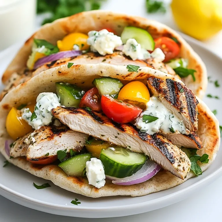 - 2 boneless, skinless chicken breasts - 4 whole wheat pita breads - 1 cup cherry tomatoes, halved - 1 cucumber, diced into small cubes - 1/2 red onion, thinly sliced - 1/2 cup feta cheese, crumbled The main ingredients for Greek Chicken Stuffed Pitas are fresh and simple. The chicken breasts provide protein. Whole wheat pita breads are healthy and filling. Fresh vegetables add crunch and flavor. - 1 tablespoon extra virgin olive oil - 2 teaspoons dried oregano - 1 teaspoon garlic powder - Salt and freshly ground black pepper, to taste The marinade is key to great flavor. Olive oil adds richness. Dried oregano brings a Mediterranean touch. Garlic powder gives a nice kick. Salt and pepper enhance all the tastes. - 1 cup plain Greek yogurt - 1 tablespoon fresh lemon juice - Salt, to taste - 1/4 cup fresh parsley, finely chopped Tzatziki sauce is a must for these pitas. Greek yogurt is creamy and tangy. Fresh lemon juice brightens the sauce. Salt adds flavor, while parsley gives a fresh note. This sauce ties everything together. {{ingredient_image_2}} First, marinate the chicken breasts. In a bowl, mix one tablespoon of olive oil, two teaspoons of dried oregano, and one teaspoon of garlic powder. Add salt and pepper to taste. Coat the chicken breasts with this mixture. Let the chicken sit for about 15 minutes at room temperature. This step brings out great flavors. While the chicken marinates, preheat your grill or grill pan. Aim for medium-high heat. A hot grill gives nice grill marks and cooks the chicken evenly. Place the marinated chicken on the grill. Cook it for about 6 to 8 minutes on each side. Use a meat thermometer to check the doneness. The chicken should reach an internal temperature of 165°F (75°C). Once cooked, remove the chicken and let it rest for 5 minutes. Resting keeps the juices inside. To make tzatziki sauce, take one cup of plain Greek yogurt. Add one tablespoon of fresh lemon juice and a pinch of salt. Mix well until smooth. Let the sauce sit. This resting time helps the flavors blend. Warm the whole wheat pitas on the grill for about 1 to 2 minutes. This step makes them soft and pliable. Carefully open each pita pocket. Fill them with sliced grilled chicken, halved cherry tomatoes, diced cucumber, and thin slices of red onion. Add a generous dollop of tzatziki sauce on top. Finish with crumbled feta cheese and chopped parsley. Enjoy your tasty Greek chicken stuffed pitas right away! To get perfect grill marks, preheat your grill to medium-high heat. This usually means around 375°F to 450°F. When the grill is hot, it helps sear the chicken quickly. For marination, let your chicken sit in the marinade for 15 minutes. This time lets the flavors soak in. If you have more time, you can marinate for up to an hour in the fridge. Just make sure to bring it back to room temp before grilling. To make your tzatziki creamier, add fresh herbs like dill or mint. These can add a nice twist to the flavor. You can also use sour cream or buttermilk instead of yogurt for a different taste. If you want a dairy-free option, try using coconut yogurt. For garnishing, sprinkle some extra feta or parsley on top of your pitas. This makes them look even more inviting. Great sides to serve with your Greek Chicken Stuffed Pitas include a simple Greek salad or some crispy roasted potatoes. These pair well and add more flavor to your meal. Pro Tips Marinate for Maximum Flavor: Allow the chicken to marinate for at least 15 minutes, or even up to an hour, to enhance the flavors and tenderness. Use a Meat Thermometer: To ensure the chicken is perfectly cooked, use a meat thermometer to check that it reaches an internal temperature of 165°F (75°C). Warm the Pitas: Warming the pita breads on the grill adds a delightful char and makes them more pliable for stuffing. Customize Your Fillings: Feel free to add other fresh vegetables or toppings like olives or bell peppers to customize your stuffed pitas to your taste. {{image_4}} You can switch up the chicken for other options. Turkey works well and has a similar taste. If you want a plant-based choice, try tofu. Just marinate it like chicken. You can also change the cheese. Instead of feta, use goat cheese or even mozzarella for a milder flavor. Spice it up with your favorite herbs. Try adding paprika for a smoky kick or cumin for warmth. You can also toss in fresh herbs like dill or mint for a bright touch. Adding extra veggies can create a crunch. Consider bell peppers, spinach, or even olives. They add flavor and nutrients. You can serve this meal in two fun ways. Wraps are easy to hold and eat. Just roll up all the fillings in a flatbread. Pita pockets are great for stuffing. They hold the filling well and keep things neat. You can also add grilled veggies inside, like zucchini or eggplant. They give a nice char and taste great in the pitas. To keep your Greek Chicken Stuffed Pitas fresh, store leftovers in the fridge. Place the pitas in an airtight container. This helps them stay moist. You can also wrap them in plastic wrap. The chicken and veggies may dry out if left uncovered. For reheating, you can use the microwave or the oven. The microwave is quick, but it may make the pitas chewy. The oven keeps them crispy. Preheat the oven to 350°F (175°C). Heat the pitas for about 10 minutes. If you want to keep the pitas fresh, wrap them in foil while reheating. You can freeze stuffed pitas for later. Wrap each pita tightly in plastic wrap, then place them in a freezer bag. This helps prevent freezer burn. To thaw, place them in the fridge overnight. For reheating, use the oven method mentioned above. This will help keep them tasty and warm. Grilling chicken for pitas needs some care. First, choose boneless, skinless chicken breasts. They cook evenly and stay juicy. Marinate them with olive oil, oregano, garlic powder, salt, and pepper. Let them sit for 15 minutes to soak up the flavors. Preheat your grill to medium-high heat. Grill the chicken for 6-8 minutes on each side. Always check that the chicken reaches 165°F (75°C). Let it rest for five minutes before slicing. This keeps it juicy and tasty. Yes, you can use other types of bread. If you don't have whole wheat pita, try flatbreads or tortillas. Naan is a great choice too. Each bread gives a different taste and texture. Just make sure it can hold the filling well. You want it to stay together when you bite into it. You can store Greek Chicken Stuffed Pitas in the fridge for up to three days. Make sure to keep them in an airtight container. If you want to store them longer, freeze them. They last about one month in the freezer. When you’re ready to eat, thaw them in the fridge overnight. Reheat them in the oven or microwave until warm. Many sides go well with Greek Chicken Stuffed Pitas. A fresh Greek salad is a great choice. It adds more crunch and flavor. You can also serve with roasted vegetables or sweet potato fries. Another option is a light soup, like a lemony chicken soup. These sides make your meal more filling and fun. In this blog post, we covered how to make Greek Chicken Stuffed Pitas. You learned about key ingredients, like chicken and fresh veggies. We shared steps on marinating, grilling chicken, and making tzatziki sauce. I also gave tips for perfect cooking and serving ideas. These stuffed pitas are not just delicious; they’re also versatile. Feel free to substitute ingredients and try new flavors. Enjoy every bite and share with friends! You will love how easy it is to create a healthy meal that tastes great.