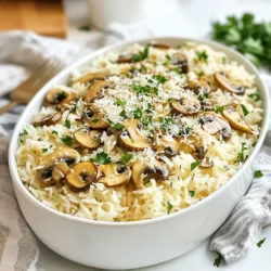 - 1 cup jasmine or basmati rice - 2 cups vegetable or chicken broth - 2 tablespoons unsalted butter - 3 cloves garlic, minced - 1 cup mushrooms, sliced (cremini or button) - 1 small onion, finely chopped - 1/4 cup grated Parmesan cheese (optional but recommended) - 1 tablespoon fresh parsley, finely chopped - Salt and freshly cracked pepper, to taste Choosing the right rice is key. I love using jasmine or basmati rice. Both types have a lovely aroma and cook well. They are fluffy and absorb flavors nicely. For the broth, you can use vegetable or chicken. The broth adds depth to the dish. It makes the rice taste rich and savory. Garlic and butter are the heart of this recipe. They bring out the best in the mushrooms. The butter adds a creamy texture, while the garlic gives a nice kick. If you want to take this dish up a notch, consider adding Parmesan cheese. It melts into the rice and makes it extra tasty. Fresh parsley adds color and a fresh taste. Lastly, don’t forget about salt and pepper. They make all the flavors pop! Adjust them to your liking for the best result. This ingredient list makes Garlic Butter Mushroom Rice a joy to prepare. Each ingredient plays an important role in creating a delicious meal. {{ingredient_image_2}} 1. Rinsing and draining the rice: First, rinse 1 cup of jasmine or basmati rice under cold water. Swirl it around for a minute until the water is clear. Drain the rice well and set it aside. 2. Cooking the rice in broth: In a medium pot, bring 2 cups of vegetable or chicken broth to a boil. Add the rinsed rice once it starts boiling. Cover the pot, lower the heat, and let it simmer for 15-20 minutes. When done, remove it from heat and let it rest for 5 minutes with the lid on. 1. Heating butter in the skillet: While the rice rests, heat a large skillet over medium heat. Add 2 tablespoons of unsalted butter and let it melt until it foams slightly. 2. Sautéing onions, garlic, and mushrooms: Add 1 small finely chopped onion to the skillet. Sauté for 2-3 minutes until it turns translucent. Then, add 3 cloves of minced garlic and 1 cup of sliced mushrooms. Cook for about 5-7 minutes. The mushrooms should be golden brown and their moisture mostly gone. 1. Folding the rice into the mushroom mixture: Once the rice is ready, fluff it with a fork. Gently fold the rice into the mushroom mixture in the skillet. This ensures every grain gets coated in flavor. 2. Seasoning and adding optional ingredients: If you want, sprinkle 1/4 cup of grated Parmesan cheese over the mix. Add freshly chopped parsley and season with salt and cracked pepper. Cook everything together for 2-3 minutes. This melds the flavors and warms it all through. To get fluffy rice, always rinse it well. Rinsing removes excess starch. This keeps the grains separate. Use cold water and swirl the rice for a minute. Drain it well before cooking. When cooking, bring the broth to a strong boil. Then, lower the heat and cover it. Let the rice simmer until it absorbs all the liquid. After cooking, let it rest for five minutes. This step helps steam the rice, making it light and fluffy. You can add more flavor to your rice dish in many ways. Consider using herbs like thyme or rosemary for added depth. A splash of soy sauce can also enhance the taste. For a spicy kick, add red pepper flakes. When it comes to garnishes, fresh herbs like parsley or chives work great. You can even add toasted nuts for a crunchy texture. A squeeze of lemon juice just before serving brightens the dish. Choosing the right tools makes cooking easier. A medium pot with a tight lid works best for cooking rice. It helps trap steam and heat. For sautéing, use a large skillet. A non-stick skillet is ideal for easy cleanup. A wooden spoon or silicone spatula helps avoid scratches. If you want to get fancy, a rice cooker can make perfect rice every time. Pro Tips Rinse the Rice: Always rinse your rice under cold water until the water runs clear to remove excess starch, which helps prevent it from becoming sticky. Sauté for Flavor: Ensure your onions and garlic are sautéed until fragrant and golden before adding the mushrooms. This builds a rich flavor base for the dish. Mushroom Selection: Use a mix of mushrooms for a more complex flavor. Cremini, shiitake, or portobello can add depth and variety to the dish. Rest the Rice: After cooking, let the rice rest covered for 5 minutes. This allows it to steam and fluff up nicely, enhancing the final texture. {{image_4}} To make this dish vegan, you can swap butter and cheese. Use plant-based butter instead of regular butter. For cheese, skip it or use a vegan cheese option. Nutritional yeast also adds a cheesy flavor without dairy. You can add chicken or tofu for extra protein. If you use chicken, cut it into small pieces. Cook it in the skillet before adding the mushrooms. This usually takes about 5-7 minutes. For tofu, press it to remove water, then cube it. Sauté it for 5 minutes until it’s golden. Adjust the rice cooking time if you add a lot of protein. Ensure everything blends well before serving. Different mushrooms bring unique flavors. Cremini mushrooms taste rich and earthy, while button mushrooms are milder. For a deeper taste, try shiitake or portobello mushrooms. Wild mushrooms like chanterelles and morels can elevate the dish. They add a gourmet touch that many love. Just remember to clean them gently before use. To keep your Garlic Butter Mushroom Rice fresh, store it in an airtight container. Let the rice cool first to avoid condensation. Place it in the fridge within two hours of cooking. If stored correctly, it will stay fresh for about 3 to 5 days. You can also freeze it. For freezing, use a freezer-safe container. It will keep well for up to 3 months. When you reheat rice, you want to avoid drying it out. One great way is to add a splash of broth or water. Use a microwave-safe bowl, cover it with a damp paper towel, and heat in short bursts. Stir it gently to heat evenly. You can also use a skillet on low heat. Add a tiny bit of butter or oil to keep it moist. For extra flavor when reheating, sprinkle some fresh herbs or a touch of lemon juice. You can even mix in a little extra cheese for richness. These small tweaks can make your leftover rice just as tasty as when it was first made! Yes, you can prepare Garlic Butter Mushroom Rice ahead of time. To meal prep, cook the rice and let it cool completely. Store it in an airtight container in the fridge for up to three days. When ready to eat, reheat it in a skillet with a bit of broth or water to add moisture. This method keeps the rice tasty and fluffy. Garlic Butter Mushroom Rice pairs well with many dishes. Here are some great options: - Grilled chicken or steak for protein. - Roasted vegetables like broccoli or asparagus. - A fresh green salad for crunch. - Sautéed shrimp for a seafood twist. These pairings create a fun and balanced meal, making your dinner both tasty and satisfying. You can make your rice more flavorful with a few simple tips: - Use broth instead of water for cooking. Vegetable or chicken broth adds depth. - Add herbs like thyme or rosemary while cooking for extra aroma. - Mix in some soy sauce or lemon juice for a touch of zest. These tips will enhance the taste of your Garlic Butter Mushroom Rice, making each bite delightful. This blog post covered essential ingredients, step-by-step instructions, tips, variations, and storage. You learned how to make tasty Garlic Butter Mushroom Rice. From choosing the right broth to seasoning, each step matters. Perfecting the rice texture and using various mushrooms can enhance your meal. Remember, leftovers can still taste great with proper storage. Enjoy the process and feel free to try new flavors. Cooking can be fun and rewarding!